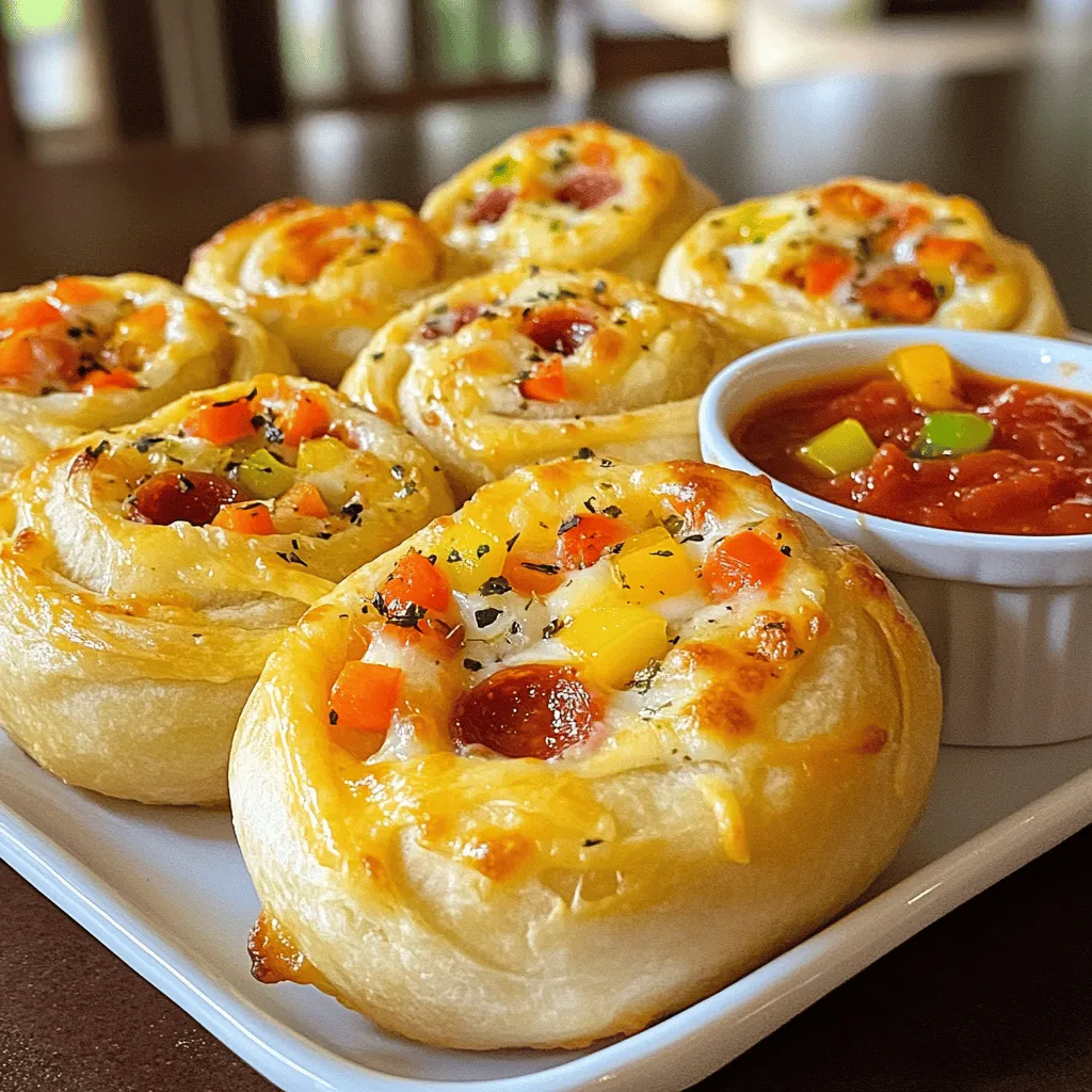 For easy pizza rolls, you need a few simple items. Gather these ingredients: - 1 package of refrigerated pizza dough - 1 cup shredded mozzarella cheese - ½ cup pepperoni slices, chopped - ½ cup bell peppers, diced (any color) - ½ cup marinara sauce (for dipping) - 1 teaspoon Italian seasoning - 1 tablespoon olive oil - 1 egg, beaten (for egg wash) - Flour for dusting Using the right tools makes cooking easier. Here are the tools you will need: - Rolling pin - Baking sheet - Parchment paper - Mixing bowl - Pastry brush - Knife or pizza cutter Choosing fresh ingredients improves taste. Here are some quick tips: - Pizza Dough: Look for dough with a clean label. Check the expiration date. - Cheese: Choose block mozzarella for the best flavor. Shred it yourself for freshness. - Pepperoni: Pick a brand with minimal fillers. Look for a nice red color. - Bell Peppers: Select firm peppers with shiny skin. Avoid any soft spots or wrinkles. - Marinara Sauce: Go for sauces with fewer additives. Taste a few for the best flavor. With these ingredients and tools, you'll make tasty pizza rolls in no time. For the full recipe, check out the details provided! First, get your oven ready. Set it to 400°F (200°C). This heat will make your pizza rolls crispy. While the oven heats, prepare your baking sheet. Line it with parchment paper. This way, your rolls won’t stick. Next, you will work with the pizza dough. Take your package of refrigerated dough. Open it and place it on a lightly floured surface. Roll it out until it is about ¼ inch thick. A rolling pin works best for this task. If you don’t have one, you can use a wine bottle! Once you have rolled out the dough, cut it into squares. Each square should be about 3x3 inches. You will need enough squares for all your filling. Now, let’s make the filling. In a bowl, mix together 1 cup of shredded mozzarella cheese, ½ cup of chopped pepperoni, ½ cup of diced bell peppers, and 1 teaspoon of Italian seasoning. Stir it well so all flavors blend together. Take a square of dough and place about one tablespoon of filling in the center. Make sure not to overfill it! Fold the corners of the dough over the filling. Pinch the edges tightly to seal the pocket. This helps keep the yummy filling inside. Arrange each filled pizza roll on your baking sheet. Leave some space between them. This helps them bake evenly. Before baking, brush the tops of the rolls with a beaten egg. This gives them a nice golden color when baked. Place the baking sheet in your preheated oven. Bake for 15 to 20 minutes. Keep an eye on them. They should turn golden brown and puff up nicely. Once done, take them out and let them cool for a few minutes. Serve warm with marinara sauce for dipping. Enjoy your tasty pizza rolls! For the full recipe, check the recipe section. To get that perfect golden brown finish, brush the tops of your pizza rolls with beaten egg. This egg wash helps create a nice, shiny crust. Make sure your oven is fully preheated to 400°F (200°C). Place the rolls on the center rack for even cooking. Keep an eye on them as they bake. The rolls should take about 15 to 20 minutes to reach that golden look. Avoid overcrowding your baking sheet. If the rolls are too close, they may steam instead of bake. This will make them soggy. Make sure to seal the edges well. If they open while baking, the filling will ooze out. Lastly, don't skip the Italian seasoning. It adds a lot of flavor to your rolls. If you're new to cooking, start with simple steps. Roll the dough thin, about a quarter-inch thick. Thin dough puffs up nicely and cooks evenly. Use a sharp knife to cut your squares. Uneven cuts can lead to uneven baking. If you’re unsure about how much filling to use, start with a tablespoon. Too much filling can make sealing hard. Enjoy the process and have fun in the kitchen! {{image_2}} You can change up the filling to match your taste. Some great options include: - Cooked sausage, crumbled - Sliced olives - Sautéed mushrooms - Spinach - Feta cheese Mix and match these ingredients to create your own unique flavor. Just remember to keep the balance of cheese and sauce. If you want a meat-free option, go for a veggie mix. You can try: - Spinach and ricotta - Roasted zucchini and bell peppers - Mushrooms and mozzarella For a vegan twist, skip the cheese. Use vegan cheese or tofu instead. You can also try a mix of herbs for added flavor. For those who like a kick, add some heat. Consider using: - Jalapeños - Hot sauce in the filling If you prefer sweet, try: - Nutella with banana slices - Cinnamon sugar with cream cheese These options let you explore new flavors. Don’t be afraid to experiment! Use the full recipe to inspire your creations. After you enjoy your pizza rolls, cool them down. Place them in an airtight container. This keeps them fresh. You can store them in the fridge for about three days. If you want to keep them longer, freeze them. To reheat pizza rolls, the oven works best. Preheat it to 350°F (175°C). Place the rolls on a baking sheet. Heat them for about 10-15 minutes until they are warm. You can also use a microwave. Heat them for about 30 seconds but they may get soggy. To freeze pizza rolls, first, let them cool completely. Lay them on a baking sheet in a single layer. Freeze them for about an hour. Once frozen, transfer them to a freezer bag. This way, you can enjoy a quick snack anytime! Yes, you can use homemade dough for Easy Pizza Rolls. Making your own dough adds a personal touch. It can taste fresher and more flavorful. Just ensure the dough is easy to roll out and not too sticky. You can follow a simple bread or pizza dough recipe. This way, you control the ingredients and flavors. You can store pizza rolls in the fridge for up to three days. Make sure they cool completely before placing them in an airtight container. This helps keep them fresh and tasty. If you want to enjoy them later, reheat them in an oven or air fryer. This method keeps them crispy. The best dipping sauce for pizza rolls is marinara sauce. It pairs well with the cheesy and savory flavors. You can also try ranch dressing for a creamy twist. If you like heat, a spicy marinara or hot sauce works great too. Feel free to experiment with different sauces to find your favorite! For a full recipe of Easy Pizza Rolls, check out the main article. In this article, I covered essential ingredients, tools, and tips for making pizza rolls. I shared step-by-step instructions for preparation, assembly, and baking. I also highlighted common mistakes and ways to ensure a perfect finish. Remember, experimenting with different fillings can make pizza rolls even more fun. Store any leftovers properly for quick snacks later. Enjoy your cooking and the tasty results!