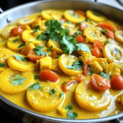 - 2 medium yellow squashes, sliced into half-moons - 1 tablespoon coconut oil - 1 small onion, chopped - 2 cloves garlic, minced - 1 teaspoon grated ginger - 1 tomato, diced - 1 can (400ml) coconut milk - 1 teaspoon curry powder - 1/2 teaspoon turmeric - 1/2 teaspoon cumin - Salt to taste - Fresh cilantro for garnish When making this simple yellow squash curry, you can swap some ingredients if needed. If you don't have yellow squash, zucchini works well too. You can also use olive oil instead of coconut oil for a different flavor. For the spices, feel free to adjust them based on your taste. If you want a milder dish, cut back on the curry powder and cumin. If you like heat, add a pinch of red pepper flakes. Using fresh ingredients will bring out the best flavors. However, canned tomatoes can be a great substitute for fresh ones if you're in a pinch. Check out the Full Recipe for more details on how to use these ingredients! To make Simple Yellow Squash Curry, follow these steps closely. First, gather your ingredients. You need fresh yellow squash, onion, garlic, ginger, tomato, coconut milk, and spices. Each ingredient adds its own flavor. 1. Heat the coconut oil in a large skillet over medium heat. This oil gives a nice richness to the dish. 2. Add the chopped onion to the skillet. Sauté it until it turns translucent, around 5 minutes. This step builds the base flavor. 3. Stir in the minced garlic and grated ginger. Cook for another minute. This will fill your kitchen with a lovely aroma. 4. Add the diced tomato. Cook for 3-4 minutes until it softens. The tomato adds a sweet and tangy layer to the curry. 5. Next, add the sliced yellow squash. Stir it well with the onion and tomato mixture. This step allows the squash to absorb the flavors. 6. Sprinkle in the curry powder, turmeric, and cumin. Mix well and cook for 2 minutes. Toasting the spices brings out their natural oils. 7. Pour in the coconut milk and bring it to a gentle simmer. This creates a creamy texture that binds the flavors. 8. Reduce the heat to low and cover the skillet. Let it cook for 10-15 minutes until the squash is tender. This step is crucial for the right texture. 9. Season with salt to taste. Stir well before serving. This final seasoning enhances all the flavors. 10. Garnish with freshly chopped cilantro. It adds a bright finish to your dish. Each step in this process is important. It builds layers of flavor and ensures your curry is rich and satisfying. For a more detailed guide, check the Full Recipe. To enhance flavor profiles in your yellow squash curry, use fresh herbs. Fresh cilantro adds a nice zing. When you combine spices, toast them briefly in the pan. This step wakes up their flavors. Adjusting spice levels is easy. Start with less curry powder if you’re unsure. You can always add more later. Taste as you cook to find what you like best. Fresh ingredients matter. Use ripe tomatoes for sweetness and flavor. Choose firm squash for the best texture. Fresh garlic and ginger will also pack a punch. One common mistake is overcooking yellow squash. It turns mushy when cooked too long. Aim for a tender yet firm bite. Keep an eye on the clock. Not balancing flavors can ruin your dish. If it tastes too bland, add salt or more spices. A squeeze of lime can brighten the curry. Always taste and adjust as needed to get that perfect flavor. {{image_2}} You can make this yellow squash curry even better by adding protein. Tofu is a great choice for a vegan option. Just cut it into cubes and add it when you mix in the squash. If you prefer meat, diced chicken works well too. Cook it until it’s no longer pink before adding the vegetables. You can also mix in other vegetables. Bell peppers add sweetness, while spinach gives a nice green touch. Carrots and peas can bring more color and texture. Just remember to cut all veggies into similar sizes for even cooking. When it comes to serving, rice is a classic choice. White or brown rice soaks up the curry's rich sauce nicely. You can try quinoa for a healthy twist. Naan bread is another tasty option. It’s perfect for dipping into the curry. For garnishing, fresh cilantro works wonders. It adds a pop of color and freshness. You can also squeeze a bit of lime juice on top. This will brighten up the flavors in your dish. If you like a little heat, sprinkle some chili flakes for added spice. Feel free to explore these variations and make this dish your own. You can find the full recipe to guide you through each step and enjoy a delightful meal. After enjoying your Simple Yellow Squash Curry, you might have some leftovers. To keep it fresh, place the curry in an airtight container. - Refrigerating: Let the curry cool completely before sealing it. Store it in the fridge for up to three days. - Freezing: For longer storage, you can freeze the curry. Use freezer-safe containers or bags. It can last for about three months in the freezer. Just make sure to label them with the date. When you're ready to enjoy your leftovers, reheating properly is key. Here are my favorite methods: - Stovetop: Heat the curry in a pan over low heat. Stir it often to keep it from sticking and to ensure even heating. - Microwave: Transfer a serving to a microwave-safe bowl. Cover it loosely and heat for one to two minutes. Stir halfway through to avoid cold spots. These methods help maintain the flavor and texture of your delicious curry. How to make yellow squash curry vegan? To make yellow squash curry vegan, simply use vegetable oil instead of coconut oil. The rest of the ingredients are already vegan. Coconut milk gives a creamy texture without dairy. Can I use other types of squash? Yes, you can use other types of squash. Zucchini, butternut, or acorn squash work well in this dish. Each type brings a unique flavor and texture, making the curry exciting. What to serve with yellow squash curry? Serve yellow squash curry with rice or naan for a complete meal. You can also add a side of fresh salad or yogurt for a refreshing touch. Key health benefits of ingredients - Yellow squash is low in calories and rich in vitamins. - Coconut milk adds healthy fats and can improve heart health. - Garlic and ginger boost immunity and add flavor. - Tomatoes provide antioxidants, supporting overall health. Caloric information per serving One serving of yellow squash curry has about 250 calories. This may vary based on portion size and any extra ingredients you add. Enjoy this dish guilt-free! In this blog post, we explored how to make yellow squash curry. We covered ingredients, cooking steps, and expert tips. You learned about variations and serving ideas to make your dish shine. Don't forget proper storage and reheating tips for leftovers. My final thought is simple: cooking should be fun and tasty. Enjoy experimenting with flavors and ingredients. Your yellow squash curry can impress everyone at the table!