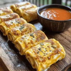 To make these tasty grilled cheese roll ups, you need just a few simple items: - 4 slices of bread (white or whole grain) - 4 slices of cheese (cheddar, mozzarella, or your choice) - 2 tablespoons butter, softened - 1 teaspoon garlic powder - 1 teaspoon dried Italian herbs (oregano, basil) You can get creative with your roll ups. Here are some fun ideas: - Add cooked bacon or ham for extra flavor. - Try different spices like paprika or chili flakes. - Use pesto or hummus for a unique twist. The cheese you pick makes a big difference. Here are my top choices: - Cheddar: sharp and melty, perfect for classic flavor. - Mozzarella: creamy and stretchy, great for kids. - Gruyère: nutty and rich, adds a gourmet touch. For the full recipe, refer to the section above. Enjoy your cooking! First, take your bread and trim off the crusts. This makes it easier to roll. Next, use a rolling pin to flatten each slice of bread. Aim for a thin, even layer. This helps the bread roll up tightly around the cheese. Now, place one slice of cheese at the end of each flattened bread slice. Roll it up carefully, making sure the cheese stays inside. In a small bowl, mix the softened butter with garlic powder and dried Italian herbs. This simple mix adds a tasty kick to your roll-ups. Stir well until everything is combined. You want a smooth blend that coats the bread nicely. Preheat your skillet over medium heat. Once it’s hot, place the roll-ups seam side down in the skillet. Cook them until they turn golden brown, about 2-3 minutes per side. Be sure to rotate them often. This ensures all sides get crispy and delicious. When done, take them out and let them cool. Cut into bite-sized pieces and enjoy! For an extra treat, serve with warm tomato soup for dipping. Check the Full Recipe for more details. To get that perfect golden crust, use medium heat. This allows the bread to toast slowly. If your heat is too high, the outside burns while the inside stays cold. Make sure to coat the roll-ups evenly with the garlic herb butter. This adds flavor and helps with browning. Flip the rolls gently using a spatula to get every side crispy. One common mistake is not rolling the bread tightly. If the rolls are loose, the cheese may leak out while cooking. Another mistake is skipping the crust removal. Crusts can make rolling hard and tough. Lastly, don’t rush the grilling. Let each side cook properly before flipping. This ensures a great texture. Grilled cheese roll-ups pair well with many sides. A classic choice is warm tomato soup. It adds comfort and flavor to each bite. You can also try ranch dressing or marinara sauce. These dips bring extra taste and fun. For a fresh touch, serve with a side salad or crunchy veggie sticks. {{image_2}} You can change up the cheese in your roll-ups. Try adding meats like ham or turkey. You can also use veggies like spinach and peppers. For a sweet twist, consider spreading Nutella or jam inside. These options keep your snack fun and fresh. To make your roll-ups healthier, use whole-grain bread instead of white. You can also swap regular butter for avocado or olive oil. Try low-fat cheese or even a dairy-free option. Adding fresh herbs can boost flavor without extra calories. These swaps can help you enjoy a tasty snack while focusing on health. Grilled cheese roll-ups fit any occasion. Serve them at parties with fun dips. At a picnic, pack them with fruit and drinks. For kids’ lunches, cut them into small pieces for easy eating. On a cozy night, enjoy them with soup while watching a movie. The options are endless, making these roll-ups a great snack choice. To store leftover roll-ups, let them cool first. Place them in an airtight container. You can keep them in the fridge for up to three days. Make sure to separate layers with parchment paper. This prevents them from sticking together. When reheating, use a skillet for the best results. Heat on medium-low to keep them crispy. Cook each side for about two minutes. You can also use an oven. Preheat it to 350°F (175°C) and bake for about 10 minutes. This method warms them well without making them soggy. You can freeze grilled cheese roll-ups for later use. Wrap each roll in plastic wrap. Then place them in a freezer bag. They will stay fresh for up to three months. To eat, thaw in the fridge overnight. Then, reheat in a skillet or oven for a tasty snack. Yes, you can use gluten-free bread. Gluten-free bread works well in this recipe. Just choose your favorite brand. Keep in mind that the texture may differ. Some gluten-free breads may be denser or softer. You can add many herbs to enhance the flavor. Try thyme, parsley, or rosemary. These herbs add freshness and aroma. You can mix and match to suit your taste. Experiment with different combinations for a unique twist. To make a vegan version, swap regular cheese for plant-based cheese. Use vegan butter instead of regular butter. You can also add sliced tomatoes or spinach for extra flavor. This way, you keep it delicious and dairy-free. The best temperature for grilling is medium heat. This allows the bread to toast without burning. If the heat is too high, the outside will brown too fast. Keep an eye on the roll-ups. Flip them when golden brown for the best results. For the Full Recipe, check the earlier sections. Enjoy your grilled cheese roll-ups! You learned the best ingredients, techniques, and tips for making grilled cheese roll-ups. I covered easy ways to customize these treats with different cheeses and flavors. You also discovered how to avoid mistakes for a perfect golden crust and what to pair with your meal. Don’t forget to store leftovers smartly and reheat them properly. Enjoy your cooking journey and impress your friends with delicious roll-ups!