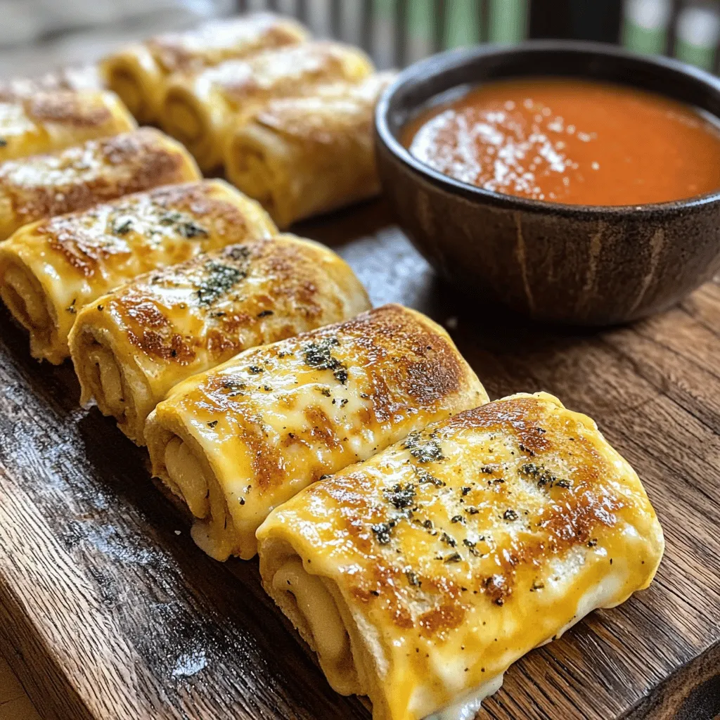 To make these tasty grilled cheese roll ups, you need just a few simple items: - 4 slices of bread (white or whole grain) - 4 slices of cheese (cheddar, mozzarella, or your choice) - 2 tablespoons butter, softened - 1 teaspoon garlic powder - 1 teaspoon dried Italian herbs (oregano, basil) You can get creative with your roll ups. Here are some fun ideas: - Add cooked bacon or ham for extra flavor. - Try different spices like paprika or chili flakes. - Use pesto or hummus for a unique twist. The cheese you pick makes a big difference. Here are my top choices: - Cheddar: sharp and melty, perfect for classic flavor. - Mozzarella: creamy and stretchy, great for kids. - Gruyère: nutty and rich, adds a gourmet touch. For the full recipe, refer to the section above. Enjoy your cooking! First, take your bread and trim off the crusts. This makes it easier to roll. Next, use a rolling pin to flatten each slice of bread. Aim for a thin, even layer. This helps the bread roll up tightly around the cheese. Now, place one slice of cheese at the end of each flattened bread slice. Roll it up carefully, making sure the cheese stays inside. In a small bowl, mix the softened butter with garlic powder and dried Italian herbs. This simple mix adds a tasty kick to your roll-ups. Stir well until everything is combined. You want a smooth blend that coats the bread nicely. Preheat your skillet over medium heat. Once it’s hot, place the roll-ups seam side down in the skillet. Cook them until they turn golden brown, about 2-3 minutes per side. Be sure to rotate them often. This ensures all sides get crispy and delicious. When done, take them out and let them cool. Cut into bite-sized pieces and enjoy! For an extra treat, serve with warm tomato soup for dipping. Check the Full Recipe for more details. To get that perfect golden crust, use medium heat. This allows the bread to toast slowly. If your heat is too high, the outside burns while the inside stays cold. Make sure to coat the roll-ups evenly with the garlic herb butter. This adds flavor and helps with browning. Flip the rolls gently using a spatula to get every side crispy. One common mistake is not rolling the bread tightly. If the rolls are loose, the cheese may leak out while cooking. Another mistake is skipping the crust removal. Crusts can make rolling hard and tough. Lastly, don’t rush the grilling. Let each side cook properly before flipping. This ensures a great texture. Grilled cheese roll-ups pair well with many sides. A classic choice is warm tomato soup. It adds comfort and flavor to each bite. You can also try ranch dressing or marinara sauce. These dips bring extra taste and fun. For a fresh touch, serve with a side salad or crunchy veggie sticks. {{image_2}} You can change up the cheese in your roll-ups. Try adding meats like ham or turkey. You can also use veggies like spinach and peppers. For a sweet twist, consider spreading Nutella or jam inside. These options keep your snack fun and fresh. To make your roll-ups healthier, use whole-grain bread instead of white. You can also swap regular butter for avocado or olive oil. Try low-fat cheese or even a dairy-free option. Adding fresh herbs can boost flavor without extra calories. These swaps can help you enjoy a tasty snack while focusing on health. Grilled cheese roll-ups fit any occasion. Serve them at parties with fun dips. At a picnic, pack them with fruit and drinks. For kids’ lunches, cut them into small pieces for easy eating. On a cozy night, enjoy them with soup while watching a movie. The options are endless, making these roll-ups a great snack choice. To store leftover roll-ups, let them cool first. Place them in an airtight container. You can keep them in the fridge for up to three days. Make sure to separate layers with parchment paper. This prevents them from sticking together. When reheating, use a skillet for the best results. Heat on medium-low to keep them crispy. Cook each side for about two minutes. You can also use an oven. Preheat it to 350°F (175°C) and bake for about 10 minutes. This method warms them well without making them soggy. You can freeze grilled cheese roll-ups for later use. Wrap each roll in plastic wrap. Then place them in a freezer bag. They will stay fresh for up to three months. To eat, thaw in the fridge overnight. Then, reheat in a skillet or oven for a tasty snack. Yes, you can use gluten-free bread. Gluten-free bread works well in this recipe. Just choose your favorite brand. Keep in mind that the texture may differ. Some gluten-free breads may be denser or softer. You can add many herbs to enhance the flavor. Try thyme, parsley, or rosemary. These herbs add freshness and aroma. You can mix and match to suit your taste. Experiment with different combinations for a unique twist. To make a vegan version, swap regular cheese for plant-based cheese. Use vegan butter instead of regular butter. You can also add sliced tomatoes or spinach for extra flavor. This way, you keep it delicious and dairy-free. The best temperature for grilling is medium heat. This allows the bread to toast without burning. If the heat is too high, the outside will brown too fast. Keep an eye on the roll-ups. Flip them when golden brown for the best results. For the Full Recipe, check the earlier sections. Enjoy your grilled cheese roll-ups! You learned the best ingredients, techniques, and tips for making grilled cheese roll-ups. I covered easy ways to customize these treats with different cheeses and flavors. You also discovered how to avoid mistakes for a perfect golden crust and what to pair with your meal. Don’t forget to store leftovers smartly and reheat them properly. Enjoy your cooking journey and impress your friends with delicious roll-ups!
