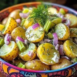 To make Dill Pickle Potato Salad, gather these key items: - 2 pounds baby potatoes, halved - 1 cup dill pickles, diced - 1/2 cup red onion, finely chopped - 1/2 cup celery, diced - 1 cup mayonnaise - 2 tablespoons Dijon mustard - 1 tablespoon apple cider vinegar - 2 tablespoons fresh dill, chopped (or 1 tablespoon dried dill) - Salt and pepper to taste You can make this salad your own by adding: - 1 hard-boiled egg, chopped - Fresh herbs like parsley or chives - A sprinkle of smoked paprika - Chopped bell peppers for extra crunch If you want to switch things up, here are some ideas: - Use Greek yogurt instead of mayonnaise for a lighter option. - Substitute cucumbers for dill pickles if you prefer a milder flavor. - For a tangy kick, try using spicy mustard instead of Dijon. - If you don’t have fresh dill, dried dill works fine, but use less. This recipe allows plenty of room for your personal touch. Enjoy exploring different flavors! For the full recipe, check out the detailed instructions and tips. First, wash the baby potatoes. Cut them in half. Place them in a pot. Add water and a pinch of salt. Turn on the heat and bring the water to a boil. Once boiling, cook the potatoes for 10 to 12 minutes. Check them with a fork; they should be tender but not mushy. Drain the potatoes and let them cool down. In a large mixing bowl, add the cooled potatoes. Next, chop the dill pickles, red onion, and celery. Toss these into the bowl with the potatoes. The colors and textures will look great together. Gently mix all these ingredients with a spatula. Be careful not to break the potatoes. In a small bowl, combine mayonnaise, Dijon mustard, and apple cider vinegar. Whisk them together until smooth. Add chopped dill, salt, and pepper to taste. This dressing is what gives the salad its creamy and tangy flavor. Pour the dressing over the potato mix. Toss gently until everything is coated. If you want, you can fold in a chopped hard-boiled egg for extra richness. Taste the salad and adjust the seasoning if needed. Finally, refrigerate the salad for at least one hour. This helps the flavors blend nicely. You can find the full recipe [Full Recipe]. To cook potatoes well, use small baby potatoes. They cook evenly and taste great. Start by placing them in cold, salted water. Bring the water to a boil. Cook for about 10 to 12 minutes. Check with a fork; they should be soft but not mushy. Drain them and let them cool fully before mixing into the salad. This helps keep their shape. You can make this salad a day in advance. It tastes even better after sitting in the fridge. Just prepare everything and store it in a sealed container. Let the flavors blend overnight. When ready to serve, give it a quick stir and adjust any seasoning. If you want a fresh twist, add a bit more dill or pickles before serving. Seasoning is key to a tasty potato salad. Start with salt and pepper to bring out the flavors. You can also add a splash more apple cider vinegar for zing. Fresh dill works wonders, but dried dill is good too. If you want a kick, try adding some crushed red pepper flakes. Taste as you go to find your perfect mix. For a creamy touch, don’t forget the mayonnaise and Dijon mustard in the dressing. For the complete recipe, check out the [Full Recipe]. {{image_2}} You can make a vegan version of this dish. Swap out the mayonnaise for vegan mayo. It keeps the creamy texture while being plant-based. You can also use silken tofu blended smooth as a great substitute. This option adds protein and keeps it rich. Add your favorite fresh herbs for a burst of flavor. Chopped parsley or chives work well here. If you want to cut carbs, try using cauliflower instead of potatoes. Steam cauliflower florets until tender but firm. This swap keeps the salad light and fresh. You can still toss in the same pickles, onions, and dressing. It gives you that classic taste without the carbs. This version is perfect for anyone watching their carb intake. Boost the nutrition by adding proteins like chicken or chickpeas. Cut cooked chicken into small pieces or add canned chickpeas. Both options make the salad more filling. You can also mix in other veggies like bell peppers or radishes. They add crunch and color, making the dish even more appealing. Feel free to experiment with flavors you enjoy. For the full recipe, check out the main dish instructions. To store leftover potato salad, place it in an airtight container. Make sure to seal it well. This helps keep the flavors fresh. You can keep it in the fridge for about 3 to 5 days. If you notice any signs of spoilage, it’s best to throw it away. To maintain freshness, avoid letting the salad sit out too long. Serve it chilled and cover it if you plan to leave it out for a while. Using fresh ingredients when you make the salad also helps. If you have extra dill pickles, add them right before serving. This keeps the crunch intact. Reheating potato salad is not always necessary. However, if you prefer it warm, do so gently. Use the microwave in short bursts. Stir it between heating sessions. Be cautious, as the mayonnaise can separate when heated too much. If possible, enjoy it cold for the best flavor. For the full recipe, refer to the recipe section above. If you want a mayo swap, try Greek yogurt. It adds creaminess and tang. You can also use sour cream or avocado for a rich taste. Each option changes the flavor, so choose what you like best. Dill Pickle Potato Salad can last about 3 to 5 days in the fridge. Make sure to store it in a sealed container. Always check for any off smells or changes in texture before enjoying it again. Yes, you can make this salad a day ahead. It tastes even better after sitting in the fridge. Just mix it well and let the flavors blend overnight. Remember to keep it covered for freshness. Freezing potato salad is not recommended. The texture of the potatoes can change when thawed. If you want to save some, consider making smaller batches to enjoy fresh. For best results, eat it within a few days after making it. For a full recipe, check out the detailed instructions and tips! In this blog post, I covered how to make a delicious potato salad. We explored essential and optional ingredients, plus substitutions for your needs. You learned step-by-step instructions for prepping potatoes, mixing the salad, and making a tasty dressing. I shared tips for cooking and storing your salad, ensuring it stays fresh. Finally, I introduced fun variations, from vegan to low-carb options. Remember, potato salad is flexible. Customize it to match your taste and enjoy every bite!