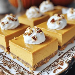 To make No-Bake Pumpkin Cheesecake Bars, you need a few key ingredients: - 1 ½ cups graham cracker crumbs - ½ cup unsalted butter, melted - 1 cup cream cheese, softened - 1 cup pumpkin puree (not pumpkin pie filling) - ½ cup powdered sugar - 1 teaspoon vanilla extract - 1 teaspoon pumpkin pie spice - 1 cup whipped cream (for topping) Using fresh pumpkin puree is key. It gives a real pumpkin taste and smooth texture. Pumpkin pie filling has added sugar and spices, which can change the flavor of your bars. Stick with pure pumpkin for the best results. Toppings can make your bars even better. Here are some ideas: - Whipped cream for a light, creamy finish - Chopped pecans or walnuts for a crunchy bite To make your dessert look great, you can sprinkle a little cinnamon on top. A drizzle of caramel sauce can also add a sweet touch. These toppings not only boost flavor but also make the dessert look more appealing. For the full recipe, check out the complete guide. To start, you need to make the crust. In a medium bowl, combine 1 ½ cups of graham cracker crumbs and ½ cup of melted unsalted butter. Mix these until the crumbs look like wet sand. This step is key for a tasty crust. Now, press the crumb mixture firmly into the bottom of a greased 9x9-inch baking pan. Use the back of a measuring cup to ensure it’s even. This helps the crust hold together later. After pressing, put the pan in the fridge while you prepare the filling. Next is the cheesecake filling. In a large mixing bowl, beat 1 cup of softened cream cheese with an electric mixer until it's smooth. This makes the filling creamy and rich. Then, add 1 cup of pumpkin puree, ½ cup of powdered sugar, 1 teaspoon of vanilla extract, and 1 teaspoon of pumpkin pie spice to the cream cheese. Mix on low speed. Mixing slowly helps keep the texture light and fluffy. Now it's time to put it all together. Gently fold in 1 cup of whipped cream into the pumpkin mixture. This step is crucial for a light texture. Pour the cheesecake filling over the chilled crust in the baking pan. Use a spatula to spread it evenly. Smooth the top with the spatula for a nice finish. Cover the pan with plastic wrap and refrigerate for at least 4 hours. For the best taste, chill overnight. After chilling, you can slice the cheesecake into bars. Enjoy the creamy, pumpkin goodness! For the complete instructions, check out the Full Recipe. You can prepare these cheesecake bars a day or two early. This makes life easier on busy days. Just follow the steps and chill them in the fridge. For best texture, let them set for at least four hours. If you can, let them chill overnight. The longer they chill, the firmer and tastier they become. When it's time to serve, cut the bars into squares. Place them on a nice platter. You can add a sprinkle of cinnamon or drizzle caramel sauce on top. These small touches make the dessert pop. For drinks, pair them with hot cider or coffee. The warm flavors match perfectly with the creamy bars. Enjoy sharing this treat at gatherings or holidays! {{image_2}} You can easily change the flavor of your no-bake pumpkin cheesecake bars. If you love chocolate, mix in some cocoa powder. This adds a rich taste and pairs well with pumpkin. You can also try adding different spices. Cinnamon and nutmeg are classic choices, but ginger or cardamom can bring a new twist. For those with dietary needs, this recipe is adaptable. You can make it vegan by using dairy-free cream cheese and whipped cream. Just make sure your graham crackers are vegan too. If you need it gluten-free, use gluten-free graham crackers or almond flour for the crust. Your guests will love these tasty options. Scaling the recipe is simple if you have a big crowd. Just double the ingredients and use a larger pan. A 9x13-inch pan works well for this. You can also make mini versions. Use a muffin tin to create bite-sized cheesecakes. Simply fill each cup with the crust and filling, then chill as usual. These small treats are perfect for parties! Serve them on a platter for a fun touch. Don't forget to add extra toppings like whipped cream or nuts for extra flair. To keep your no-bake pumpkin cheesecake bars fresh, use airtight containers. This helps lock in flavor and moisture. Place the bars in a single layer if possible. If you stack them, add parchment paper between layers to prevent sticking. Stored this way, the cheesecake bars can last up to five days in the fridge. Just be sure to keep them chilled until you are ready to serve. If you want to save some bars for later, freezing is a great option. Cut the bars into squares before freezing. Wrap each one tightly in plastic wrap. Then, place them in a freezer-safe container or bag. This helps prevent freezer burn. They can stay fresh for up to three months in the freezer. When you are ready to enjoy them, thaw the bars in the fridge overnight. This keeps their texture nice. Serve them cold for a refreshing treat! No-Bake Pumpkin Cheesecake Bars last about 5 to 7 days in the fridge. To keep them fresh, cover them tightly with plastic wrap or store them in an airtight container. This helps prevent them from absorbing other fridge odors. Enjoy them cold for the best taste! Yes, you can use low-fat cream cheese. However, it may change the texture and flavor. Low-fat cream cheese can make the bars a bit less creamy and rich. They might also be less firm than those made with full-fat cream cheese. If you want a lighter option, it's a good trade-off. If you need a substitute for graham cracker crumbs, try using crushed cookies or nuts. For a gluten-free option, you can use almond flour or gluten-free cookie crumbs. These options can give a nice flavor and texture to the crust. They are perfect for those with dietary restrictions. To tell if the cheesecake is set, check the edges first. They should feel firm and the center should be slightly soft but not wobbly. You can also gently press the top with your finger. If it springs back, it is ready. Chill it longer if it feels too soft. No-Bake Pumpkin Cheesecake Bars are easy to make with fresh pumpkin puree and a tasty crust. You can customize the flavors and toppings to suit your taste. Follow my tips for making, storing, and serving these bars for any occasion. These delicious treats are perfect for gatherings or cozy nights at home. Enjoy creating this dessert that brings warmth and joy to your table. You can impress others, too, while making great memories!