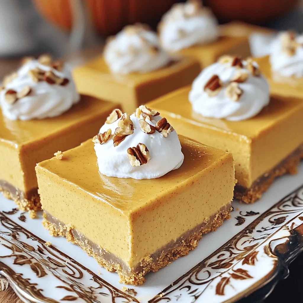 To make No-Bake Pumpkin Cheesecake Bars, you need a few key ingredients: - 1 ½ cups graham cracker crumbs - ½ cup unsalted butter, melted - 1 cup cream cheese, softened - 1 cup pumpkin puree (not pumpkin pie filling) - ½ cup powdered sugar - 1 teaspoon vanilla extract - 1 teaspoon pumpkin pie spice - 1 cup whipped cream (for topping) Using fresh pumpkin puree is key. It gives a real pumpkin taste and smooth texture. Pumpkin pie filling has added sugar and spices, which can change the flavor of your bars. Stick with pure pumpkin for the best results. Toppings can make your bars even better. Here are some ideas: - Whipped cream for a light, creamy finish - Chopped pecans or walnuts for a crunchy bite To make your dessert look great, you can sprinkle a little cinnamon on top. A drizzle of caramel sauce can also add a sweet touch. These toppings not only boost flavor but also make the dessert look more appealing. For the full recipe, check out the complete guide. To start, you need to make the crust. In a medium bowl, combine 1 ½ cups of graham cracker crumbs and ½ cup of melted unsalted butter. Mix these until the crumbs look like wet sand. This step is key for a tasty crust. Now, press the crumb mixture firmly into the bottom of a greased 9x9-inch baking pan. Use the back of a measuring cup to ensure it’s even. This helps the crust hold together later. After pressing, put the pan in the fridge while you prepare the filling. Next is the cheesecake filling. In a large mixing bowl, beat 1 cup of softened cream cheese with an electric mixer until it's smooth. This makes the filling creamy and rich. Then, add 1 cup of pumpkin puree, ½ cup of powdered sugar, 1 teaspoon of vanilla extract, and 1 teaspoon of pumpkin pie spice to the cream cheese. Mix on low speed. Mixing slowly helps keep the texture light and fluffy. Now it's time to put it all together. Gently fold in 1 cup of whipped cream into the pumpkin mixture. This step is crucial for a light texture. Pour the cheesecake filling over the chilled crust in the baking pan. Use a spatula to spread it evenly. Smooth the top with the spatula for a nice finish. Cover the pan with plastic wrap and refrigerate for at least 4 hours. For the best taste, chill overnight. After chilling, you can slice the cheesecake into bars. Enjoy the creamy, pumpkin goodness! For the complete instructions, check out the Full Recipe. You can prepare these cheesecake bars a day or two early. This makes life easier on busy days. Just follow the steps and chill them in the fridge. For best texture, let them set for at least four hours. If you can, let them chill overnight. The longer they chill, the firmer and tastier they become. When it's time to serve, cut the bars into squares. Place them on a nice platter. You can add a sprinkle of cinnamon or drizzle caramel sauce on top. These small touches make the dessert pop. For drinks, pair them with hot cider or coffee. The warm flavors match perfectly with the creamy bars. Enjoy sharing this treat at gatherings or holidays! {{image_2}} You can easily change the flavor of your no-bake pumpkin cheesecake bars. If you love chocolate, mix in some cocoa powder. This adds a rich taste and pairs well with pumpkin. You can also try adding different spices. Cinnamon and nutmeg are classic choices, but ginger or cardamom can bring a new twist. For those with dietary needs, this recipe is adaptable. You can make it vegan by using dairy-free cream cheese and whipped cream. Just make sure your graham crackers are vegan too. If you need it gluten-free, use gluten-free graham crackers or almond flour for the crust. Your guests will love these tasty options. Scaling the recipe is simple if you have a big crowd. Just double the ingredients and use a larger pan. A 9x13-inch pan works well for this. You can also make mini versions. Use a muffin tin to create bite-sized cheesecakes. Simply fill each cup with the crust and filling, then chill as usual. These small treats are perfect for parties! Serve them on a platter for a fun touch. Don't forget to add extra toppings like whipped cream or nuts for extra flair. To keep your no-bake pumpkin cheesecake bars fresh, use airtight containers. This helps lock in flavor and moisture. Place the bars in a single layer if possible. If you stack them, add parchment paper between layers to prevent sticking. Stored this way, the cheesecake bars can last up to five days in the fridge. Just be sure to keep them chilled until you are ready to serve. If you want to save some bars for later, freezing is a great option. Cut the bars into squares before freezing. Wrap each one tightly in plastic wrap. Then, place them in a freezer-safe container or bag. This helps prevent freezer burn. They can stay fresh for up to three months in the freezer. When you are ready to enjoy them, thaw the bars in the fridge overnight. This keeps their texture nice. Serve them cold for a refreshing treat! No-Bake Pumpkin Cheesecake Bars last about 5 to 7 days in the fridge. To keep them fresh, cover them tightly with plastic wrap or store them in an airtight container. This helps prevent them from absorbing other fridge odors. Enjoy them cold for the best taste! Yes, you can use low-fat cream cheese. However, it may change the texture and flavor. Low-fat cream cheese can make the bars a bit less creamy and rich. They might also be less firm than those made with full-fat cream cheese. If you want a lighter option, it's a good trade-off. If you need a substitute for graham cracker crumbs, try using crushed cookies or nuts. For a gluten-free option, you can use almond flour or gluten-free cookie crumbs. These options can give a nice flavor and texture to the crust. They are perfect for those with dietary restrictions. To tell if the cheesecake is set, check the edges first. They should feel firm and the center should be slightly soft but not wobbly. You can also gently press the top with your finger. If it springs back, it is ready. Chill it longer if it feels too soft. No-Bake Pumpkin Cheesecake Bars are easy to make with fresh pumpkin puree and a tasty crust. You can customize the flavors and toppings to suit your taste. Follow my tips for making, storing, and serving these bars for any occasion. These delicious treats are perfect for gatherings or cozy nights at home. Enjoy creating this dessert that brings warmth and joy to your table. You can impress others, too, while making great memories!
