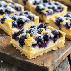 To make delicious blueberry cream cheese bars, you need some key ingredients. Here’s what you will need: - 1 cup all-purpose flour - ½ cup unsalted butter, softened - ½ cup granulated sugar - 1 teaspoon vanilla extract - ½ teaspoon baking powder - ¼ teaspoon salt - 8 oz cream cheese, softened - 1/3 cup powdered sugar - 1 egg - 1 cup fresh blueberries - Zest of 1 lemon Each ingredient plays a role. The flour gives structure, while butter adds richness. Sugar sweetens your bars, and cream cheese brings creaminess. Fresh blueberries add a burst of flavor, and lemon zest brightens it all up. You can add a few optional ingredients for extra fun. Consider these: - 1 teaspoon cinnamon for warmth - 1 tablespoon honey for extra sweetness - A pinch of nutmeg for depth These flavors can elevate your bars. Cinnamon and nutmeg add warmth, while honey offers a different kind of sweetness. Feel free to mix and match based on your taste! To make the process smooth, gather these tools: - 9x9-inch baking pan - Mixing bowls - Electric mixer or whisk - Rubber spatula - Measuring cups and spoons Having the right tools makes cooking easier. A good mixer helps create a smooth filling, while a spatula ensures you get every bit from the bowl. This setup will help you craft tasty blueberry cream cheese bars with ease! For the full recipe, check out the detailed instructions. Start by gathering all your ingredients. You need flour, butter, sugar, vanilla, baking powder, salt, cream cheese, powdered sugar, an egg, blueberries, and lemon zest. Make sure everything is at room temperature. This helps with mixing and gets a smooth texture. In a medium bowl, mix the softened butter and granulated sugar. Beat them together until it looks light and fluffy. Then, add in the vanilla, baking powder, and salt. Stir to combine. Next, slowly add the flour. Mix until just combined. Don't overmix, or the crust may become tough. In another bowl, beat the softened cream cheese and powdered sugar. Mix until the cream cheese is smooth and creamy. Then, add the egg and lemon zest. Mix again until everything is well blended. This filling adds a rich taste to your bars. Once the crust is baked, take it out of the oven. Pour the cream cheese mixture over the hot crust. Spread it evenly with a spatula. Now, bake the dish again for 25 to 30 minutes. The center should be set and just slightly jiggly. Let the bars cool in the pan at room temperature. Then, refrigerate them for at least 2 hours. This helps the flavors meld and makes cutting easier. Once chilled, cut into squares. Now, you’re ready to enjoy these tasty treats! For the full recipe, check the earlier section. To make a great crust, start with soft butter. It blends better with sugar. Mix them until light and fluffy. This adds air and makes the crust nice and crisp. Use all-purpose flour for the right texture. Make sure to press the crust firmly in the pan. This helps it hold its shape while baking. Bake it until it’s just lightly golden. If you bake it too long, it gets hard. Keep an eye on it during baking. For a smooth filling, use softened cream cheese. It blends easily with powdered sugar. Mix them well until there are no lumps. Add the egg and lemon zest slowly. This gives the filling a fresh taste. When folding in the blueberries, be gentle. You want to keep them whole for texture. This step also adds a burst of flavor in every bite. Avoid overmixing once you add the blueberries. This keeps the filling creamy and light. These bars are great chilled or at room temperature. Serve them fresh from the fridge for a cool treat. You can also drizzle a bit of honey on top. This adds a nice touch of sweetness. For a fun twist, add some whipped cream. It pairs well with the tangy filling. If you want to impress guests, garnish with mint leaves. This adds color and freshness. For a casual gathering, cut them into bite-sized pieces. This makes sharing easier and more fun. You can find the full recipe below to make your own! {{image_2}} You can change the flavor of Blueberry Cream Cheese Bars easily. For a Lemon Blueberry twist, add more lemon zest to the cream cheese mix. This gives a fresh and zesty taste. If you prefer strawberries, swap the blueberries for fresh strawberries. Just chop the berries into small pieces. This adds a sweet and fruity flavor with a lovely color. To make these bars gluten-free, use a gluten-free flour blend instead of all-purpose flour. Many blends work well in baking. Make sure to check the package for a one-to-one ratio. This way, you can still enjoy the same great taste without gluten. You can also make a vegan version. Replace the cream cheese with a vegan cream cheese alternative. Use a flax egg instead of a regular egg. To make a flax egg, mix 1 tablespoon of ground flaxseed with 2.5 tablespoons of water. Let it sit for five minutes until it thickens. This keeps your bars creamy and rich while being plant-based. Check out the Full Recipe for more details on making these tasty treats. To keep your blueberry cream cheese bars fresh, store them in an airtight container. Place a piece of parchment paper between layers to avoid sticking. This helps maintain their texture. You can keep them in the fridge for up to five days. Always check for any signs of spoilage before eating. To freeze blueberry cream cheese bars, wrap them well in plastic wrap. Then, place the wrapped bars in a freezer bag or a container. This protects them from freezer burn. They can last for up to three months. When you’re ready to enjoy, simply thaw them in the fridge overnight. After storing, I recommend serving the bars chilled. They taste best when cold. If they have sat at room temperature, pop them back in the fridge for 20 minutes. This helps the flavors come alive again. Remember, you can also dust them with powdered sugar before serving for a nice touch. For the full recipe, check out the previous section. Yes, you can use frozen blueberries. They work well in this recipe. Just remember to thaw and drain them first. This avoids excess moisture in your bars. These bars last about five days in the fridge. Store them in an airtight container. This keeps them fresh and tasty. Absolutely, you can make these bars a day or two ahead. Just cool and chill them in the fridge. This allows the flavors to blend nicely. Serve these bars chilled or at room temperature. They pair well with whipped cream or a scoop of vanilla ice cream. For a fun twist, dust them with powdered sugar before serving. For the full recipe, check here. In this post, we explored making blueberry cream cheese bars. You learned about essential and optional ingredients, tools, and a step-by-step baking guide. We shared tips for a perfect crust and filling, plus fun variations like vegan or gluten-free options. Remember, baking these bars can be fun. Experiment with flavors and enjoy your tasty treats! Store them well to keep them fresh, and serve with joy. Happy baking!