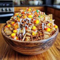 To make this tasty Halloween Chex Mix, you’ll need some fun ingredients. Here’s what you need: - 3 cups Rice Chex cereal - 3 cups Corn Chex cereal - 2 cups pretzel sticks - 1 cup candy corn - 1 cup mixed nuts (or pumpkin seeds for a nut-free option) - 1 cup chocolate chips (dark or milk) - 1/2 cup Halloween-themed sprinkles - 1/2 cup melted white chocolate - 1/4 cup butter - 1/4 cup brown sugar - 1 teaspoon vanilla extract - 1/2 teaspoon pumpkin pie spice (optional) These ingredients bring a mix of sweet, salty, and crunchy. The candy corn adds a pop of color and sweetness, while the pretzels give a nice crunch. You can make your Chex mix unique by adding a few extra treats. Here are some ideas: - Mini marshmallows - M&M's in Halloween colors - Dried fruit like cranberries or raisins - Sunflower seeds for extra crunch Feel free to mix and match! These add-ins help create a mix that fits your taste. You won’t need much to make this mix. Here’s a quick list of what you’ll need: - Large mixing bowl - Small saucepan - Baking sheet - Parchment paper or silicone mat - Mixing spoon or spatula With this simple equipment, you’re ready to whip up your Halloween Chex Mix. For the full recipe with instructions, check out the Full Recipe. First, gather your ingredients. You need Rice Chex, Corn Chex, pretzel sticks, candy corn, mixed nuts, and chocolate chips. In a large mixing bowl, combine 3 cups of Rice Chex and 3 cups of Corn Chex. Next, add 2 cups of pretzel sticks, 1 cup of candy corn, 1 cup of mixed nuts, and 1 cup of chocolate chips. Make sure everything mixes well. This base gives a great crunch and flavor. Now it's time for the sweet part! In a small saucepan, melt 1/4 cup of butter over medium heat. Once it's melted, add 1/4 cup of brown sugar. Stir it constantly until the sugar dissolves and the mixture bubbles. This step adds a nice sweetness. After that, remove it from heat. Stir in 1 teaspoon of vanilla extract and 1/2 teaspoon of pumpkin pie spice if you want. This will give your mix a lovely fall flavor. Next, pour the warm butter-sugar mixture over your Chex mix base. Make sure to coat it evenly. Stir gently so you don't crush the cereals. Then, take 1/2 cup of melted white chocolate and drizzle it over the mix. Stir lightly to combine. Finally, fold in 1/2 cup of Halloween-themed sprinkles for that fun touch. Spread the mix onto a lined baking sheet. Let it cool completely before serving. You can break apart the clusters and store them in an airtight container. For the full recipe, check out the earlier section. When making Halloween Chex Mix, mix your dry ingredients first. This helps blend flavors evenly. Use a large bowl to give everything room to move. Stir gently to avoid crushing the cereals. A rubber spatula works best for folding in the sweet mixture. To prevent clumping, pour the warm butter-sugar mixture slowly. Stir as you pour to coat each piece. If you add the white chocolate, drizzle it lightly. This way, each snack stays separate. Let the mixture cool on a baking sheet before breaking it apart. Serve your Halloween Chex Mix in clear bags or bowls. This makes it easy to see the fun colors. Add some spooky decorations around your serving area. Use Halloween-themed plates or napkins to make it festive. For a treat bag idea, fill small bags with the mix and tie them with orange ribbons. {{image_2}} If you want a nut-free Halloween Chex Mix, simply swap out nuts for seeds. Pumpkin seeds work great! They add crunch and a bit of flavor. You can also use sunflower seeds. These options keep your mix safe for kids with nut allergies. You won't miss the nuts at all! To make a vegan version, start by replacing the butter with coconut oil. This change keeps the mix creamy and rich. Use dairy-free chocolate chips instead of regular ones. Many brands offer tasty options. For the white chocolate drizzle, look for vegan white chocolate. This way, everyone can enjoy your festive snack! You can change the theme of your Chex Mix for any party! For a spooky vibe, add gummy worms and eyeball candies. For a fall theme, use dried cranberries and pumpkin spice. You can even switch up the colors with colored sprinkles. Go wild with flavors and colors! Your Chex Mix can be a fun surprise for all ages. To keep your Halloween Chex Mix fresh, use an airtight container. Place it in a cool, dry spot. Avoid areas with high humidity, as moisture can make it soggy. You can also use freezer bags for extra protection. Just make sure to squeeze out the air before sealing. You can store Halloween Chex Mix for about two weeks at room temperature. If you keep it in the fridge, it may last a bit longer, but the texture might change. For best results, enjoy it within a week. If the mix starts to lose its crunch, it’s time to eat it! If your Chex Mix loses its crunch, don’t worry! You can re-crisp it easily. Spread it on a baking sheet in a single layer. Bake at 250°F for about 10 minutes. Keep an eye on it to prevent burning. Let it cool before enjoying. This will bring back that delightful crunch! For the full recipe, check the recipe section above. Yes, you can make this Halloween Chex Mix ahead of time. It stays fresh for days. Just store it in an airtight container. This way, when Halloween arrives, your snack is ready to go. Making it a day or two before can save you time. Plus, the flavors blend nicely when it sits. You can get creative with add-ins! Here are some fun ideas: - Mini marshmallows for a chewy texture - Pumpkin spice cereal for extra flavor - Candy eyes for a spooky look - Dried fruit like raisins or cranberries - Popcorn for a lighter crunch These add-ins can bring new tastes and textures. To tone down the sweetness, skip the chocolate chips. Use unsweetened nuts or seeds instead. You can also reduce the amount of candy corn. Another option is to add more pretzel sticks. Their salty flavor will balance the sweetness nicely. Adjusting the sweet mixture can help too. Use less brown sugar for a milder taste. You now know how to make Halloween Chex Mix, including key ingredients and optional add-ins. I shared step-by-step prep, mixing tips, and favorite variations. You also learned the best storage methods and FAQs to help you plan ahead. Get creative with flavors and themes to make your mix unique. Enjoy sharing this treat with friends and family. Your Halloween celebration is sure to be fun with this tasty snack!