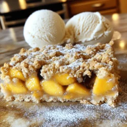 - 2 cups ripe peaches, diced - 2 cups ripe plums, diced - ½ cup granulated sugar - ½ cup brown sugar, packed - 1 tablespoon lemon juice - ½ teaspoon vanilla extract - 1 teaspoon cornstarch - 1 ½ cups all-purpose flour - ½ cup rolled oats - ½ teaspoon baking powder - ½ teaspoon salt - ½ cup cold unsalted butter, cubed - 1 large egg I love using ripe peaches and plums for this recipe. They add a sweet and tangy flavor. The sugars balance the fruits' tartness, creating a delicious filling. A touch of lemon juice brightens the fruit and keeps it fresh. The vanilla extract enhances the overall flavor, making it even more inviting. For the crust and topping, all-purpose flour and rolled oats create a perfect crumbly texture. The baking powder helps the crust rise, while the salt enhances the flavors. Cold butter is key. It ensures the topping is light and flaky. Finally, one egg binds everything together, making the crust easy to work with. Gathering these ingredients is simple. You can find fresh peaches and plums at your local market. The other items are common pantry staples. Check the [Full Recipe] for clear measurements and steps. This will guide you to make the best Peach Plum Crumble Bars! - Preheat oven to 350°F (175°C). - Line an 8-inch square baking dish with parchment paper. First, set your oven to the right temperature. This step is key for even baking. Next, prepare your baking dish. The parchment paper helps the bars come out easily. - Toss diced peaches and plums with lemon juice and sugar. - Let the fruit mixture marinate. In a bowl, mix the diced peaches and plums. Add lemon juice and sugar to enhance the flavor. Toss gently so the fruit gets coated well. Now, let it sit for a bit. This will help the flavors come together. - Combine dry ingredients in a bowl. - Incorporate cold butter using a fork or pastry cutter. - Stir in the egg and divide the dough. In a large bowl, mix your dry ingredients: flour, oats, brown sugar, baking powder, and salt. Next, add cold butter and mix it. Use a fork or pastry cutter to break it into smaller pieces. The goal is a crumbly texture. Then, stir in the egg. This binds everything. Finally, split the dough in half. - Press dough into the baking dish base. - Spread marinated fruit on top. - Crumble remaining dough over fruit. Take one half of the dough and press it into the bottom of your dish. Make sure it covers the whole base. Now, spread the marinated fruit evenly over this layer. Crumble the rest of the dough on top of the fruit. This will create a nice topping. - Bake for 35-40 minutes until golden brown. - Cool bars in the dish before lifting out. Put the dish in the oven and bake. You’ll know it’s done when the top is golden brown and the fruit bubbles. Once baked, let it cool in the dish. This step helps the bars set up. After about 20 minutes, use the parchment paper to lift them out. Enjoy your Peach Plum Crumble Bars! How to select ripe peaches and plums When choosing peaches and plums, look for soft skin. The fruit should yield slightly to gentle pressure. A sweet aroma means they are ripe and full of flavor. Avoid any fruit with bruises or dark spots. Ideal mixing techniques for crumble texture To get that perfect crumble, mix the butter into the dry ingredients carefully. You want small, pea-sized pieces of butter. This helps create a flaky texture. Use a fork or pastry cutter for the best results. Do not overmix; you want a crumbly texture, not a dough. Presentation tips with powdered sugar and ice cream Serve your Peach Plum Crumble Bars on a nice plate. Dust them with powdered sugar for a sweet touch. Add a scoop of vanilla ice cream on the side. This makes the dish look fancy and taste even better. Pairing ideas with drinks or other desserts Pair these bars with a cup of tea or a glass of sparkling water. For a fun twist, enjoy them with a fruity cocktail. They also go well with other summer desserts, like berry sorbet. Overmixing the crumble topping Mixing too much can turn your topping into a dough. Stop as soon as you see the butter is mixed in. You want to see some small chunks for a nice texture. Not allowing bars to cool properly It is key to let the bars cool for at least 20 minutes. This helps them set and makes slicing easier. If you cut them too soon, they will fall apart. {{image_2}} You can easily adjust this recipe to fit your needs. If you want a gluten-free option, you can use almond flour instead of all-purpose flour. Almond flour gives a nice nutty flavor and works well in crumble bars. For a vegan version, replace the butter with coconut oil and the egg with a flax egg. A flax egg is made by mixing one tablespoon of flaxseed meal with three tablespoons of water. Let it sit for a few minutes to thicken. To make your crumble even tastier, think about adding spices. A pinch of cinnamon or nutmeg can really boost the flavor. These spices pair well with peaches and plums. You can also mix in some nuts or shredded coconut into the crumble topping. Chopped almonds or walnuts add a nice crunch and extra nutrition. Feel free to get creative with the fruit! You can swap out peaches and plums for other summer fruits like cherries or blueberries. Mixing different berries can create a colorful and flavorful treat. A mixed berry crumble bar will surprise your taste buds and is perfect for summer picnics. For the full recipe, check out the Peach Plum Crumble Bars section above. To keep your Peach Plum Crumble Bars fresh, store them in an airtight container. You can use glass or plastic containers for this. Make sure the bars are fully cooled before putting them inside. This helps prevent sogginess. You can place parchment paper between layers to avoid sticking. If you want to save some for later, freeze the baked bars. First, let them cool completely. Then, cut them into bars. Wrap each one in plastic wrap and place them in a freezer-safe bag. Make sure to remove as much air as possible. When you're ready to enjoy them, take them out and reheat them. To reheat, place the bars in the oven at 350°F (175°C) for about 10-15 minutes. This will keep the texture nice. At room temperature, these bars last about 3-4 days. If you store them in the fridge, they can stay fresh for up to a week. Watch out for signs that they have gone bad. If you see any mold or if they smell off, it’s best to throw them away. Trust your senses; they will guide you! Yes, you can make these bars ahead of time. Just bake the bars and let them cool completely. Then, store them in an airtight container. You can keep them at room temperature for up to three days. For longer storage, place them in the fridge for a week. If you want to freeze them, wrap each bar in plastic wrap, then put them in a freezer bag. They will last for up to three months. To reheat, place the bars in a warm oven for a few minutes. You can also enjoy them cold! Check the bars after 35 minutes. Look for a golden-brown topping. You should also see some bubbling fruit. Insert a toothpick into the crust. If it comes out clean, the bars are ready. If not, bake a few more minutes. The crust should feel firm but not hard. Trust your eyes and use these cues to ensure they are perfect! You can get creative with your toppings! Try adding chopped nuts, like almonds or pecans, for crunch. Shredded coconut adds a nice touch too. You can also sprinkle some cinnamon or nutmeg for warmth. For a sweeter flavor, mix in chocolate chips or dried fruit. Each topping brings a new twist to your bars. Experiment and find your favorite combination! This guide covered how to make delicious Peach Plum Crumble Bars step-by-step. We explored the key ingredients, baking methods, and tips for perfecting the recipe. You learned how to prepare the fruit and make the crumble dough. Also, we talked about storage and variations, so you can customize your bars. Now, you have the tools to create a tasty treat that suits your taste. Enjoy the process and share your results! Happy baking!