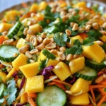 - 2 ripe mangoes, peeled and julienned - 1 cup cucumber, julienned - 1 bell pepper (red or yellow), thinly sliced - 1 cup shredded carrots - 1 cup red cabbage, finely shredded - ¼ cup fresh cilantro, chopped - ¼ cup roasted peanuts, roughly chopped The heart of Thai mango salad lies in its fresh ingredients. Ripe mangoes bring sweetness and a tropical vibe. They should be soft but not mushy. Cucumber adds a refreshing crunch. Bell peppers give color and a mild flavor. Shredded carrots and red cabbage add texture and nutrients. Finally, cilantro and peanuts enhance taste and crunch. - 2 tablespoons lime juice - 1 tablespoon fish sauce or soy sauce - 1 tablespoon sesame oil - 1 tablespoon honey or agave syrup - 1 small red chili, finely sliced (optional) - Salt to taste The dressing is key to tying all flavors together. Lime juice adds tanginess. Fish sauce or soy sauce provides umami. Sesame oil brings a nutty flavor, while honey or agave syrup adds sweetness. If you like heat, consider adding red chili. - Approximately 180 calories per serving - 5g protein, 10g fat, 20g carbohydrates This salad is low in calories but high in nutrients. It offers a balance of protein, healthy fats, and carbs. Eating it can help you feel full without adding too many calories. Enjoy the fresh and colorful mix in Thai mango salad. For the full recipe, check the [Full Recipe] link. To start, you need to julienne your mangoes and vegetables. For the mangoes, peel them first. Then, cut them into thin strips. This gives the salad a nice look and texture. Next, julienne the cucumber and bell pepper. You can slice them into thin, even strips too. Also, shred the carrots and finely shred the red cabbage. Once you have all your veggies ready, grab a large mixing bowl. Combine the julienned mangoes, cucumber, bell pepper, shredded carrots, and red cabbage in the bowl. Toss them gently to mix everything together. Next, it’s time to make the dressing. In a small bowl, whisk together the lime juice, fish sauce (or soy sauce), sesame oil, and honey (or agave syrup). Mix it well until you have a smooth dressing. If you like some heat, add finely sliced red chili. This step lets you control the spice level. You can taste and adjust the ingredients to your liking. Now for the fun part! Pour the dressing over the salad mixture. Toss everything together until all the ingredients are well coated. Don't forget to season with salt to taste. Let the salad rest for about 10 minutes. This time helps the flavors meld together. Just before serving, sprinkle the chopped cilantro and roasted peanuts on top. This adds a crunchy texture and fresh flavor. Enjoy your Thai Mango Salad! For the full recipe, check out the [Full Recipe]. When picking mangoes, look for a few things. The skin should be mostly yellow or red. Give it a gentle squeeze; it should feel slightly soft, not mushy. If it’s too hard, it’s not ripe. Check for dark spots or wrinkled skin; these are signs of overripeness. For underripeness, the mango will feel very firm and not have much scent. Always trust your nose; a ripe mango has a sweet, fruity aroma. You can change up the dressing for more flavor. Try adding lime zest for a zingy kick. If you want extra crunch, toss in some toasted nuts or seeds. Chopped cashews or sunflower seeds work well. You can also mix in fresh herbs like mint for a different taste. These little tweaks can take your salad to new heights. Thai Mango Salad pairs well with grilled chicken or shrimp. It also makes a great side for rice dishes. For a pretty presentation, serve the salad in a large bowl. Garnish it with extra cilantro and peanuts on top for color. You can even use sliced mango as a border on the plate. These tips will help your salad stand out. For the full recipe, check out the detailed instructions above. {{image_2}} You can easily adapt Thai Mango Salad to fit many diets. For a vegan option, replace fish sauce with soy sauce. This keeps the flavor while making it plant-based. You can also use agave syrup instead of honey for sweetness. If you need a gluten-free salad, choose a gluten-free soy sauce. This simple swap ensures everyone can enjoy this dish without worry. Feel free to switch up the ingredients based on what you have at home. If you're out of mangoes, try papaya or even ripe peaches. They add a nice sweetness. You can also change the veggies. Use zucchini or radishes for a fresh twist. In winter, consider using roasted sweet potatoes or butternut squash. Seasonal swaps make this salad fun and unique. Adjusting the spice in your salad is easy. If you like it hot, add more red chili or even chili flakes. You can also try a dash of sriracha in the dressing for extra kick. To make it milder, skip the chili altogether or use just a pinch. This way, everyone can enjoy the salad at their own spice level. Experimenting with peppers like jalapeños or serranos can also bring different heat levels to your dish. To keep your Thai Mango Salad fresh, place it in an airtight container. This helps lock in moisture and flavor. Store it in the fridge for up to three days. If the salad starts to wilt, it’s time to toss it. I don't recommend freezing Thai Mango Salad. Freezing changes the texture of mango and cucumber. If you have dressing left, you can freeze it for later. Just pour it into an ice cube tray and freeze. Once frozen, pop them out and store in a bag. You can get creative with leftover dressing! Try it as a dip for veggies. You can also drizzle it over grilled chicken or fish. The salad ingredients are versatile. Use any leftover mango in smoothies. Cabbage can add crunch to wraps or tacos. Enjoy experimenting with your leftovers! You can use soy sauce as a great alternative. It gives a nice umami flavor. If you want a vegan option, try using coconut aminos. This sauce is sweeter and less salty than fish sauce. You can also use a mix of soy sauce and lime juice for extra tanginess. To cut down on sweetness, reduce the honey or agave syrup. You can also add more lime juice. This will balance the flavors and add more acidity. Adding extra vegetables, like cucumber or red cabbage, can help too. They will dilute the sweetness while adding crunch. Yes, you can make it in advance! Just keep the salad and dressing separate. Mix them together just before serving to keep everything fresh. This way, the veggies stay crisp and the flavors shine. If you want to save time, chop the ingredients a day before. Just store them in airtight containers. Thai Mango Salad combines fresh ingredients, a zesty dressing, and lots of flavor. You learned how to prepare ripe mangoes and veggies, mix a tasty dressing, and serve your salad. With tips for dietary needs and storage, it fits many plans. Remember, you can easily adjust spice levels and use local ingredients for a personal touch. This salad is not just nutritious; it’s fun to make and enjoy. I hope you feel ready to create your own Thai Mango Salad!