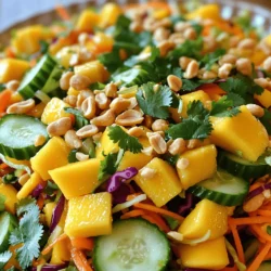 - 2 ripe mangoes, peeled and julienned - 1 cup cucumber, julienned - 1 bell pepper (red or yellow), thinly sliced - 1 cup shredded carrots - 1 cup red cabbage, finely shredded - 1/4 cup fresh cilantro, chopped - 1/4 cup roasted peanuts, roughly chopped The heart of Thai mango salad lies in its fresh ingredients. Ripe mangoes bring sweetness and a tropical vibe. They should be soft but not mushy. Cucumber adds a refreshing crunch. Bell peppers give color and a mild flavor. Shredded carrots and red cabbage add texture and nutrients. Finally, cilantro and peanuts enhance taste and crunch. - 2 tablespoons lime juice - 1 tablespoon fish sauce or soy sauce - 1 tablespoon sesame oil - 1 tablespoon honey or agave syrup - 1 small red chili, finely sliced (optional) - Salt to taste The dressing is key to tying all flavors together. Lime juice adds tanginess. Fish sauce or soy sauce provides umami. Sesame oil brings a nutty flavor, while honey or agave syrup adds sweetness. If you like heat, consider adding red chili. - Approximately 180 calories per serving - 5g protein, 10g fat, 20g carbohydrates This salad is low in calories but high in nutrients. It offers a balance of protein, healthy fats, and carbs. Eating it can help you feel full without adding too many calories. Enjoy the fresh and colorful mix in Thai mango salad. For the full recipe, check the [Full Recipe] link. To start, you need to julienne your mangoes and vegetables. For the mangoes, peel them first. Then, cut them into thin strips. This gives the salad a nice look and texture. Next, julienne the cucumber and bell pepper. You can slice them into thin, even strips too. Also, shred the carrots and finely shred the red cabbage. Once you have all your veggies ready, grab a large mixing bowl. Combine the julienned mangoes, cucumber, bell pepper, shredded carrots, and red cabbage in the bowl. Toss them gently to mix everything together. Next, it’s time to make the dressing. In a small bowl, whisk together the lime juice, fish sauce (or soy sauce), sesame oil, and honey (or agave syrup). Mix it well until you have a smooth dressing. If you like some heat, add finely sliced red chili. This step lets you control the spice level. You can taste and adjust the ingredients to your liking. Now for the fun part! Pour the dressing over the salad mixture. Toss everything together until all the ingredients are well coated. Don't forget to season with salt to taste. Let the salad rest for about 10 minutes. This time helps the flavors meld together. Just before serving, sprinkle the chopped cilantro and roasted peanuts on top. This adds a crunchy texture and fresh flavor. Enjoy your Thai Mango Salad! For the full recipe, check out the [Full Recipe]. When picking mangoes, look for a few things. The skin should be mostly yellow or red. Give it a gentle squeeze; it should feel slightly soft, not mushy. If it’s too hard, it’s not ripe. Check for dark spots or wrinkled skin; these are signs of overripeness. For underripeness, the mango will feel very firm and not have much scent. Always trust your nose; a ripe mango has a sweet, fruity aroma. You can change up the dressing for more flavor. Try adding lime zest for a zingy kick. If you want extra crunch, toss in some toasted nuts or seeds. Chopped cashews or sunflower seeds work well. You can also mix in fresh herbs like mint for a different taste. These little tweaks can take your salad to new heights. Thai Mango Salad pairs well with grilled chicken or shrimp. It also makes a great side for rice dishes. For a pretty presentation, serve the salad in a large bowl. Garnish it with extra cilantro and peanuts on top for color. You can even use sliced mango as a border on the plate. These tips will help your salad stand out. For the full recipe, check out the detailed instructions above. {{image_2}} You can easily adapt Thai Mango Salad to fit many diets. For a vegan option, replace fish sauce with soy sauce. This keeps the flavor while making it plant-based. You can also use agave syrup instead of honey for sweetness. If you need a gluten-free salad, choose a gluten-free soy sauce. This simple swap ensures everyone can enjoy this dish without worry. Feel free to switch up the ingredients based on what you have at home. If you're out of mangoes, try papaya or even ripe peaches. They add a nice sweetness. You can also change the veggies. Use zucchini or radishes for a fresh twist. In winter, consider using roasted sweet potatoes or butternut squash. Seasonal swaps make this salad fun and unique. Adjusting the spice in your salad is easy. If you like it hot, add more red chili or even chili flakes. You can also try a dash of sriracha in the dressing for extra kick. To make it milder, skip the chili altogether or use just a pinch. This way, everyone can enjoy the salad at their own spice level. Experimenting with peppers like jalapeños or serranos can also bring different heat levels to your dish. To keep your Thai Mango Salad fresh, place it in an airtight container. This helps lock in moisture and flavor. Store it in the fridge for up to three days. If the salad starts to wilt, it’s time to toss it. I don't recommend freezing Thai Mango Salad. Freezing changes the texture of mango and cucumber. If you have dressing left, you can freeze it for later. Just pour it into an ice cube tray and freeze. Once frozen, pop them out and store in a bag. You can get creative with leftover dressing! Try it as a dip for veggies. You can also drizzle it over grilled chicken or fish. The salad ingredients are versatile. Use any leftover mango in smoothies. Cabbage can add crunch to wraps or tacos. Enjoy experimenting with your leftovers! You can use soy sauce as a great alternative. It gives a nice umami flavor. If you want a vegan option, try using coconut aminos. This sauce is sweeter and less salty than fish sauce. You can also use a mix of soy sauce and lime juice for extra tanginess. To cut down on sweetness, reduce the honey or agave syrup. You can also add more lime juice. This will balance the flavors and add more acidity. Adding extra vegetables, like cucumber or red cabbage, can help too. They will dilute the sweetness while adding crunch. Yes, you can make it in advance! Just keep the salad and dressing separate. Mix them together just before serving to keep everything fresh. This way, the veggies stay crisp and the flavors shine. If you want to save time, chop the ingredients a day before. Just store them in airtight containers. Thai Mango Salad combines fresh ingredients, a zesty dressing, and lots of flavor. You learned how to prepare ripe mangoes and veggies, mix a tasty dressing, and serve your salad. With tips for dietary needs and storage, it fits many plans. Remember, you can easily adjust spice levels and use local ingredients for a personal touch. This salad is not just nutritious; it’s fun to make and enjoy. I hope you feel ready to create your own Thai Mango Salad!
