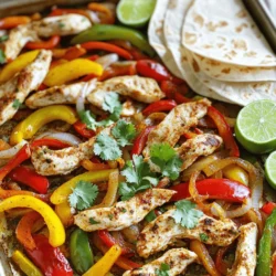 - Chicken and Vegetables - 1 pound chicken breast, sliced into strips - 1 red bell pepper, sliced - 1 yellow bell pepper, sliced - 1 green bell pepper, sliced - 1 large onion, sliced - Spices and Seasonings - 3 tablespoons olive oil - 2 teaspoons chili powder - 1 teaspoon cumin - 1 teaspoon paprika - 1 teaspoon garlic powder - 1/2 teaspoon onion powder - 1/2 teaspoon salt - 1/4 teaspoon black pepper - Serving Essentials - Fresh cilantro, chopped (for garnish) - Tortillas, for serving - Lime wedges, for serving Gather all these ingredients before you start cooking. Chicken and colorful veggies bring flavor and nutrition. The spices add warmth and depth. Fresh cilantro, tortillas, and lime make the dish shine. Each ingredient plays a role in making your fajitas tasty. Follow the steps in the Full Recipe to create a delicious meal that everyone will love. Prepping the Chicken and Vegetables Start by washing your hands. Then, slice the chicken breast into thin strips. Next, wash and slice the red, yellow, and green bell peppers, and the onion. Make sure all pieces are about the same size. This helps them cook evenly. Place the sliced chicken and veggies into a large bowl. Mixing the Seasoning Blend In another small bowl, combine olive oil, chili powder, cumin, paprika, garlic powder, onion powder, salt, and black pepper. Use a whisk to mix all the spices together. Pour this blend over the chicken and veggies. Toss everything well until all pieces are coated. This step packs in flavor. Arranging on the Sheet Pan Preheat your oven to 400°F (200°C). Line a large sheet pan with parchment paper or aluminum foil. This makes for easy cleanup later. Spread the chicken and vegetable mixture evenly on the pan. Make sure they are not crowded. This allows them to roast properly. Baking Time and Method Place the sheet pan in the preheated oven. Bake for 20 to 25 minutes. Halfway through, toss the mixture to ensure even cooking. The chicken should be fully cooked and the vegetables tender. Keep an eye on them as they bake. Garnishing and Serving Suggestions When the fajitas are done, take them out of the oven. Let them cool slightly. Sprinkle fresh cilantro on top for a pop of color and flavor. Serve with warm tortillas and lime wedges on the side. These add a zesty touch to each bite. Enjoy your Easy Sheet Pan Fajitas with Flavorful Twist! For more details, check the Full Recipe. Ensuring Even Cooking To make sure your fajitas cook evenly, spread the chicken and veggies in one layer. This helps hot air reach all parts of the pan. Toss them halfway through cooking to let them brown well. If you crowd the pan, some pieces may not cook right. Timing for Crunchy Vegetables For crunchy veggies, keep an eye on the cooking time. Start checking after 15 minutes. You want them to be tender but still have a bite. If you like softer veggies, let them bake a few minutes longer until they reach your desired texture. Adding Extra Spices Want a flavor boost? Try adding more spices! A pinch of cayenne pepper can give heat. For a smoky touch, add smoked paprika. Feel free to adjust the spices to suit your taste buds. Experiment until you find your perfect mix! Marinating the Chicken Marinating your chicken adds depth. Mix olive oil, lime juice, and spices in a bowl. Let the chicken soak for at least 30 minutes. This gives it more flavor and makes it juicy. If you’re short on time, even 10 minutes works wonders. Check out the Full Recipe for more details! {{image_2}} You can easily switch the protein in your fajitas. For beef, use flank steak or sirloin. Slice it thin and marinate it in the same spices. This method keeps the beef tender and flavorful. For shrimp, choose large, peeled shrimp. Toss them in the spice mix and bake for about 10-15 minutes. The shrimp will cook quickly and soak up all the delicious flavors. If you prefer a meatless option, try using black beans or chickpeas. They add protein and a nice texture to your fajitas. Feel free to mix in other vegetables. You can use different types of peppers. Orange or poblano peppers will add a sweet twist. Besides onions, you can add red onions for a sharper taste. If you like more crunch, try adding zucchini, sliced thin. Zucchini roasts well and adds moisture. Mushrooms are another great option. They bring an earthy flavor and a meaty texture. By adding these veggies, your fajitas will be colorful and full of nutrients. You can follow the Full Recipe to see how to combine these ingredients perfectly. Refrigeration Guidelines After enjoying your sheet pan fajitas, store any leftovers in an airtight container. Keep the fajitas in the fridge for up to 3 days. Make sure to let them cool down first. This way, they won't steam and get soggy. If you want to keep the tortillas separate, that works too. Freezing Instructions To freeze, pack the fajitas in a freezer-safe container. You can also use heavy-duty freezer bags. Make sure to remove as much air as possible. Frozen fajitas last about 2 months. When you're ready to eat, thaw them overnight in the fridge before reheating. Best Methods for Reheating For the best taste, reheat your fajitas in the oven. Preheat it to 350°F (175°C). Spread the fajitas on a baking sheet and heat for about 10-15 minutes. This keeps them crispy and tasty. You can also use a skillet on medium heat. Just stir occasionally until heated through. If you're in a rush, the microwave works too. Heat in short bursts, stirring in between. Just be careful not to overdo it, or they can get tough. Remember, these easy sheet pan fajitas are quick to make and even easier to store! Want the detailed steps? Check out the Full Recipe. Can I use frozen chicken for this recipe? Yes, you can use frozen chicken. Just make sure to thaw it first. It is best to thaw in the fridge overnight. This way, your chicken cooks evenly. If you cook it from frozen, it may not cook well. You want juicy, tender chicken in your fajitas. How do I make it spicier? To add more heat, increase the chili powder. You can also use cayenne pepper for a kick. Sliced jalapeños in the mix work great too. Another option is to serve with a spicy salsa. This will give each bite a zesty boost. What side dishes pair well with fajitas? Fajitas go well with many sides. Rice, like cilantro lime rice, is a popular choice. Black beans or refried beans are tasty too. You might also enjoy a fresh salad or corn on the side. For a fun twist, serve with chips and guacamole. For the complete recipe, check out the Full Recipe section. This blog post covered how to make easy sheet pan fajitas. We talked about the key ingredients, from chicken to spices. Next, I gave you step-by-step instructions, including how to prepare and bake everything perfectly. I shared useful tips to enhance flavors and offered variations for proteins and veggies. Finally, I provided storage info and answered common questions. Enjoy making your fajitas! They are fun to prepare and taste great. With these tips, you'll create a dish that everyone loves. Happy cooking!