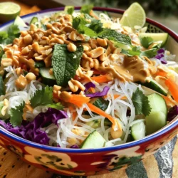 To make a fresh and tasty spring roll salad, gather these key ingredients: - 1 cup rice vermicelli noodles - 1 cup shredded cabbage (green or purple) - 1 cup shredded carrots - 1 cup cucumber, julienned - 1 red bell pepper, thinly sliced - 1/2 cup fresh mint leaves, chopped - 1/2 cup fresh cilantro, chopped - 1/2 cup green onions, sliced These ingredients offer a crisp texture and bright colors. They blend well, creating a salad that is fun to eat. For the creamy peanut sauce, you will need: - 1/3 cup creamy peanut butter - 2 tablespoons soy sauce - 1 tablespoon rice vinegar - 1 tablespoon lime juice - 1 tablespoon honey or maple syrup - 1 teaspoon sriracha or chili paste (adjust for heat) - 2-3 tablespoons warm water (to thin) This sauce packs a punch of flavor. Its smoothness pairs perfectly with the salad. You can enhance your dish with these garnishes: - 1/4 cup roasted peanuts, chopped (for garnish) - Lime wedges (for serving) These extras add crunch and a zesty finish to your meal. You can mix and match based on your taste. For the full recipe, check out the Spring Roll Salad Delight 🥗🥢. To start, bring a large pot of water to a boil. Add 1 cup of rice vermicelli noodles. Cook them for about 3 to 5 minutes. Stir gently to prevent sticking. When they are tender, drain the noodles. Rinse them under cold water to stop the cooking. This keeps them firm and perfect for your salad. While the noodles cook, wash and prepare your fresh vegetables. You need 1 cup of shredded cabbage, which can be green or purple. Shred 1 cup of carrots and julienne 1 cup of cucumber and 1 red bell pepper. Chop 1/2 cup of fresh mint and 1/2 cup of cilantro. Finally, slice 1/2 cup of green onions. This colorful mix adds great flavor and crunch. In a small bowl, whisk together your peanut sauce. Combine 1/3 cup of creamy peanut butter, 2 tablespoons of soy sauce, 1 tablespoon of rice vinegar, and 1 tablespoon of lime juice. Add 1 tablespoon of honey or maple syrup for sweetness. If you like heat, mix in 1 teaspoon of sriracha or chili paste. Gradually add 2 to 3 tablespoons of warm water to thin the sauce. Adjust the water until it reaches your desired thickness. In a large bowl, combine the cooled rice vermicelli noodles with the shredded cabbage, carrots, cucumber, red bell pepper, mint, cilantro, and green onions. Toss everything gently to mix the flavors together. You want a nice blend of colors and tastes in every bite. To serve, divide the salad mixture among plates or bowls. Drizzle the peanut sauce generously over the top. For a lovely finish, garnish with chopped roasted peanuts and serve lime wedges on the side. The lime adds a zesty kick that brightens the whole dish. Enjoy this fresh and tasty spring roll salad! When cooking rice vermicelli noodles, follow the package instructions closely. Boil water in a large pot and add the noodles. They usually need just 3-5 minutes. Watch them closely; you want them soft but not mushy. Drain the noodles and rinse them under cold water. This step stops the cooking and helps keep them from sticking. Prep your vegetables while the noodles cook. Shred the cabbage and carrots, julienne the cucumber, and slice the bell pepper. Chop the fresh herbs and green onions. By preparing these in advance, you save time and keep everything fresh. You can even store prepped veggies in the fridge for a day, keeping them crisp and ready to use. Fresh herbs are key to this salad. Mint and cilantro add bright flavors. They make the dish pop! Chop them finely to spread their taste evenly. If you want, try adding basil or parsley for a new twist. You can also mix different herbs to find your favorite combo. {{image_2}} You can boost the protein in your spring roll salad in tasty ways. If you want a plant-based option, try tofu. Use firm tofu, and press it to remove extra water. Cube it and pan-fry until golden. Shrimp adds a sweet, briny flavor. Cook shrimp until they turn pink and curl. Chicken is another great choice. Grill or poach chicken, then slice it thin. Each of these proteins works well with the fresh veggies and peanut sauce. For a vegetarian meal, use eggs as a protein source. Soft-boiled or poached eggs add richness. For vegan options, stick with tofu or add chickpeas for extra protein. Ensure your peanut sauce uses maple syrup instead of honey. This keeps the sauce sweet and vegan-friendly. You can also add more nuts or seeds for crunch and nutrition. If someone has a peanut allergy, swap peanut butter for sunflower seed butter. It gives a nice nutty taste. Use gluten-free soy sauce if you need a gluten-free option. For those allergic to soy, coconut aminos work well. If you're avoiding rice vermicelli, try quinoa or zucchini noodles. Both are great alternatives and add a new twist to the dish. Feel free to mix and match ingredients to fit your dietary needs. You can store leftover spring roll salad in an airtight container. Keep it in the fridge. It stays fresh for about two days. The noodles and veggies will lose some crunch, but the flavor remains great. If you plan to eat it later, store the peanut sauce separately. This keeps everything fresh and tasty. Freezing spring roll salad is tricky. The fresh veggies don’t freeze well. They become mushy when thawed. However, you can freeze cooked rice vermicelli noodles. Place them in a freezer bag, squeeze out the air, and seal it tight. They can last up to three months in the freezer. When you're ready to use them, thaw in the fridge overnight. Store peanut sauce in a jar or container with a tight lid. It can last in the fridge for about a week. If you want to keep it longer, freeze the sauce in ice cube trays. Once frozen, transfer the cubes to a freezer bag. This way, you can take out just what you need. When you want to use it, thaw the cubes in the fridge or microwave. For the full recipe, check out the delightful Spring Roll Salad Delight. Serve spring roll salad in bowls. This way, everyone can enjoy their own serving. Drizzle the peanut sauce on top and add lime wedges for extra flavor. You can also sprinkle chopped peanuts for a nice crunch. Yes, you can make the peanut sauce ahead of time. Store it in a sealed container in the fridge. It will stay fresh for about a week. Just give it a good stir before using, as it may thicken. Spring roll salad lasts about 2-3 days in the fridge. Keep it in an airtight container to maintain its freshness. The veggies may lose some crunch, but the flavors will still be tasty. Yes, this recipe is gluten-free. Just ensure that the soy sauce is gluten-free. Many brands offer gluten-free options, so read the label when shopping. You can use thin rice noodles or even zucchini noodles as a substitute. If you want a low-carb option, try spiralized veggies. They add a fresh twist while keeping the dish light and delightful. This blog post covered how to make a fresh spring roll salad. You learned about key ingredients, made a tasty peanut sauce, and mixed it all together. We shared helpful tips for cooking noodles and preparing ingredients. You also saw variations that suit many diets and storage tips for leftovers. Try this salad at home. It’s fresh, healthy, and easy to make. Enjoy tasty flavors and a fun cooking experience!