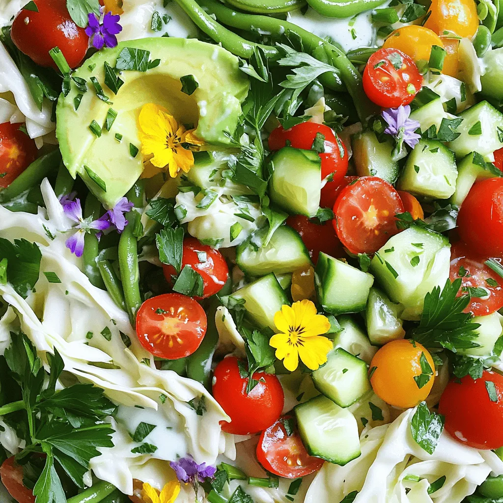 - 1 small head of green cabbage, thinly sliced - 1 cup green beans, trimmed and cut into 1-inch pieces - 1 cup cherry tomatoes, halved - 1 cucumber, diced - 1 avocado, diced - ¼ cup fresh parsley, chopped - ¼ cup fresh chives, chopped - ¼ cup fresh basil, chopped Fresh produce brings life to your Green Goddess Cabbage Salad. Start with a small head of green cabbage, sliced thin. Its crunch adds a great texture. Next, add one cup of green beans. Trim and cut them into one-inch pieces. Blanch them for a bright green look and crisp bite. Cherry tomatoes are a must. Use one cup, halved, for sweetness. A cucumber, diced, brings a refreshing crunch. Don't forget the avocado! Dice one for creamy goodness. Herbs take this salad to the next level. Chop ¼ cup each of fresh parsley, chives, and basil. They add color and a burst of flavor. - ½ cup Greek yogurt - 2 tablespoons lemon juice - 1 tablespoon Dijon mustard - 1 tablespoon maple syrup - Salt and pepper to taste For the dressing, mix ½ cup of Greek yogurt with two tablespoons of lemon juice. This gives a tangy kick. Add one tablespoon of Dijon mustard for a bit of spice. To balance, stir in one tablespoon of maple syrup for sweetness. Don't forget to season with salt and pepper. This dressing ties all the flavors together. - Edible flowers For a fun touch, consider adding edible flowers as a garnish. They add a pop of color and make your salad look pretty. This makes your Green Goddess Cabbage Salad not just tasty but also beautiful. To start, fill a large pot with salted water and bring it to a boil. Once boiling, add the green beans. Blanch them for about three minutes. You want them bright green and tender-crisp. After three minutes, quickly transfer them into a bowl of ice water. This stops the cooking and keeps their color. Drain the beans and set them aside for later. In a big mixing bowl, combine the thinly sliced cabbage, blanched green beans, halved cherry tomatoes, diced cucumber, and diced avocado. Use a gentle tossing method. This helps to mix the vegetables without crushing them. You want each bite to be fresh and crunchy. In a smaller bowl, whisk together the Greek yogurt, lemon juice, Dijon mustard, and maple syrup. Mix until smooth. Taste your dressing and adjust the flavor with salt and pepper. This step is key to making the dressing pop. Now it’s time to bring it all together. Pour the dressing over the mixed vegetables. Toss gently until everything is well coated. Next, add the chopped parsley, chives, and basil. Toss one more time to incorporate the herbs. The fresh herbs add a nice touch to the salad. Let the salad sit at room temperature for about 10 to 15 minutes. This resting time allows the flavors to meld together. For serving, place the salad in bowls or on a platter. If you like, add edible flowers on top for a pretty look. Enjoy your fresh and flavorful Green Goddess Cabbage Salad! To enhance the taste of your Green Goddess Cabbage Salad, focus on seasoning. A pinch of salt and a dash of pepper can make a big difference. You can also add a bit more lemon juice for a zesty kick. Try letting the salad sit for about 10-15 minutes after mixing. This brief marination time helps the flavors mingle beautifully. To keep your salad fresh, store it in an airtight container. Place it in the fridge right after serving. The green cabbage and veggies can stay crisp for up to three days. If you want to keep the salad extra fresh, store the dressing separately. Add it just before serving to avoid sogginess. For a stunning presentation, serve the salad in a large bowl or on a colorful platter. Arrange the salad in layers to show off the bright colors of the ingredients. You can sprinkle edible flowers on top for a lovely touch. These flowers add color and a fun element to your dish, making it eye-catching for guests. {{image_2}} You can easily make this salad heartier by adding protein. Here are some ideas: - Grilled chicken: Slice it thin and mix it in for a tasty boost. - Chickpeas: These add fiber and protein. Use canned or cooked dried ones. - Tuna: Canned tuna works well and adds a nice flavor. - Hard-boiled eggs: Chop them up and toss them in for extra richness. If you want to change things up, try these swaps: - Greek yogurt: For a vegan option, use dairy-free yogurt. - Lemon juice: Lime juice can also brighten up the dressing. - Cabbage: Use kale or romaine if you want a different base. - Maple syrup: Honey or agave syrup can replace maple syrup for a sweet touch. Enhance your salad's taste with these extras: - Garlic powder: A little can add depth to your dressing. - Red pepper flakes: Add a pinch for some heat. - Balsamic vinegar: Drizzle a bit on top for a tangy twist. - Other dressings: Try a spicy ranch or a zesty vinaigrette for variety. These options let you customize the salad to fit your taste and needs. Don't hesitate to be creative! Each serving of Green Goddess Cabbage Salad has around: - Calories: 200 - Fat: 10g - Carbohydrates: 25g - Protein: 6g This salad is low in calories and high in fiber. It uses fresh veggies and healthy fats. The Greek yogurt adds protein, making it a balanced meal. Cabbage is great for digestion. It is low in calories but high in nutrients. Eating cabbage can help reduce inflammation and boost your immune system. Greens like parsley, chives, and basil are packed with vitamins. They add flavor and health benefits. They can help with heart health and digestion. Greek yogurt is a fantastic source of protein. It also contains probiotics, which are good for gut health. This can improve digestion and overall health. This salad is gluten-free since it does not contain any wheat products. It is also vegetarian, making it perfect for many diets. For vegan options, you can swap Greek yogurt with a plant-based yogurt. This keeps the salad creamy while fitting a vegan diet. Enjoy this fresh dish with confidence, knowing it suits various dietary needs! The Green Goddess Cabbage Salad stays fresh for about three days in the fridge. Keep it in an airtight container to maintain its crunch. After this time, the cabbage may wilt, and the dressing could make it soggy. Yes, you can make this salad in advance. To keep it fresh, store the dressing separately. Mix the salad just before serving. This way, the veggies stay crisp. This salad pairs well with grilled chicken or fish. It also goes great with quinoa or a hearty grain. For a light meal, serve it with crusty bread. Each option adds protein or carbs to balance your plate. Absolutely! This salad is great for meal prep. You can batch-make it and portion it into containers. Just remember to keep the dressing separate until you are ready to eat. This keeps each serving fresh and tasty. The Green Goddess Cabbage Salad is fresh, simple, and full of flavor. You can easily mix green veggies, a creamy dressing, and herbs. Remember to blanch your green beans and let your flavors blend before serving. You can boost this salad with proteins or change ingredients if needed. It's an easy, healthy option for any meal. I hope you enjoy making your Green Goddess Salad and experimenting with it!