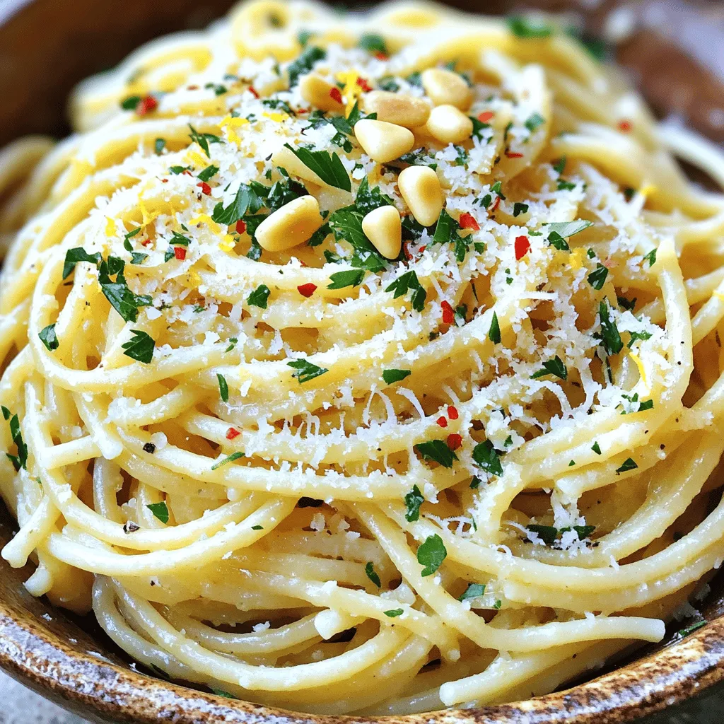 - 12 oz spaghetti - 4 tablespoons unsalted butter - 6 cloves garlic, minced - 1 teaspoon red pepper flakes - 1 cup grated Parmesan cheese - ¼ cup fresh parsley, chopped - Salt and black pepper to taste - Zest and juice of 1 lemon - ¼ cup toasted pine nuts (optional) Fresh garlic is key for great flavor. It gives a strong and bright taste. When you chop garlic, make sure it smells good. If it smells bland, it may be old. Choose the right Parmesan cheese. Look for real Parmesan, not the powdered stuff. Real cheese melts better and has a deeper taste. Grate it fresh for the best results. This will make your dish shine! First, we need to cook the spaghetti. Fill a large pot with salted water and bring it to a boil. Add 12 ounces of spaghetti and cook it until it's al dente. This means it should be firm, not mushy. I like to check the package instructions for timing. Once the spaghetti is cooked, reserve one cup of that pasta water. This water is full of starch and helps our sauce stick. Then, drain the rest of the water from the spaghetti. Now, let’s make the sauce. In a large skillet, melt four tablespoons of unsalted butter over medium heat. Next, add six cloves of minced garlic and one teaspoon of red pepper flakes. Cook this mixture for about two to three minutes. You want the garlic to smell nice and turn a light golden color. If you like more spice, feel free to add more red pepper flakes. I always say, "Start small and adjust as you go!" With the sauce ready, it’s time to add the spaghetti. Lower the heat and toss the drained spaghetti into the skillet with the garlic butter. Mix it well to coat the spaghetti with the sauce. Next, slowly pour in the reserved pasta water. Toss the spaghetti while you do this. This step lets the noodles soak up all that garlic flavor. After that, add one cup of grated Parmesan cheese. Stir it in until it melts and coats the spaghetti nicely. If the sauce seems too thick, add more pasta water until you reach your desired creaminess. Lastly, season with salt, black pepper, lemon zest, and the juice of one lemon. Toss in the chopped parsley for a fresh touch. If you like, you can add toasted pine nuts for extra crunch. To make Garlic Parmesan Spaghetti even better, add fresh herbs. Basil or thyme can give it a new twist. You can also play with spices. Try using smoked paprika or Italian seasoning for extra depth. Lemon juice is your friend here too. A splash brightens the dish. It balances the cheese's richness and adds zing. Don't skip the lemon zest, as it adds flavor without the acidity. Pair this dish with side dishes for a full meal. A simple green salad works well. Roasted veggies or garlic bread can also be great choices. For a nice presentation, use a large bowl. Twirl the spaghetti into a nest shape. Top it with more cheese and parsley. This makes the dish look inviting. To boost the creaminess, use the reserved pasta water. This starchy water helps the sauce cling to the noodles. Add it slowly until you reach your desired creaminess. You can also try different cheeses. Pecorino Romano gives a sharp taste. Cream cheese or mascarpone can add extra richness. Just mix in small amounts until you find the right flavor. {{image_2}} You can make Garlic Parmesan Spaghetti heartier with protein. Adding cooked chicken or shrimp works nicely. Simply sauté the protein in the skillet before adding garlic. Cook until golden, then follow the recipe. This change adds flavor and makes it a filling meal. For a vegetarian twist, add fresh vegetables. Spinach or cherry tomatoes fit well. Toss them in with the garlic. Cook until the spinach wilts or tomatoes soften. This adds color and nutrition to your dish. Plus, it makes the meal more vibrant and tasty. Don't hesitate to experiment with flavors. Different cheeses can change the taste. Try Pecorino Romano or goat cheese for a new spin. If you have nut allergies, swap toasted pine nuts for seeds. Pumpkin or sunflower seeds give a nice crunch without nuts. These changes can keep your dish fresh and exciting. To keep Garlic Parmesan Spaghetti fresh in the fridge, place it in an airtight container. Make sure to cool the dish completely before sealing. This helps prevent moisture buildup, which can make it soggy. You can store it for up to three days. When you want to reheat it, a skillet works best. Add a splash of water or broth to keep it moist. Heat it over medium-low heat, stirring often. This ensures even warming and keeps the flavor intact. To freeze Garlic Parmesan Spaghetti, allow it to cool fully. Transfer it to a freezer-safe bag or container. Squeeze out as much air as possible. This prevents freezer burn. You can freeze it for up to three months. When you're ready to eat, thaw the spaghetti in the fridge overnight. For reheating, use a skillet again. Add a little water or broth to help it rehydrate. Heat over medium-low, stirring frequently, until warmed through. Enjoy your tasty dish even after freezing! Garlic Parmesan Spaghetti is a simple yet tasty dish. It features spaghetti noodles tossed in a buttery garlic sauce. I love how the Parmesan cheese melts into the pasta. The dish gets a kick from red pepper flakes and a fresh touch from lemon juice. Fresh parsley adds color and flavor, making it eye-catching. You can also add toasted pine nuts for a crunchy finish. This dish is great for a quick dinner or a fancy meal! Yes, you can make Garlic Parmesan Spaghetti gluten-free. Just swap regular spaghetti for gluten-free pasta. Many brands offer good options that taste great. Cook it the same way as regular spaghetti. The sauce stays the same, so you still get all those yummy flavors. Just check that your Parmesan cheese is gluten-free too. This way, everyone can enjoy this dish. To make your Garlic Parmesan Spaghetti creamy, use reserved pasta water. After cooking, save about a cup of the water. Slowly add it to the skillet as you mix the dish. This will help the sauce cling to the spaghetti. You can also add extra Parmesan cheese for more richness. If you want an even creamier texture, try adding a splash of heavy cream. This blog post covers how to make Garlic Parmesan Spaghetti. You learned about key ingredients, cooking steps, and tips for flavor. I shared variations for different diets and ways to store leftovers. Experiment with herbs and cheeses to make it your own. Remember, cooking should be fun and simple! Enjoy a hearty meal that can fit any taste or need. With a few tweaks, you can make this dish truly yours.