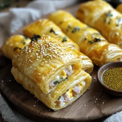 - 1 cup diced cooked ham - 1 cup shredded mozzarella cheese - 1/2 cup cream cheese, softened - 2 tablespoons fresh chives, chopped - 1 tablespoon fresh parsley, chopped - 1 teaspoon garlic powder - 1/2 teaspoon black pepper - 1 sheet of puff pastry (thawed) - 1 egg, beaten (for egg wash) - Sesame seeds for sprinkling (optional) To make ham and cheese sticks, gather these simple and tasty ingredients. Diced cooked ham gives a nice savory bite. Shredded mozzarella cheese melts beautifully, creating that gooey texture we all love. Cream cheese adds creaminess and binds everything together. For flavor, fresh chives and parsley bring a bright touch. Garlic powder adds a warm depth, and a hint of black pepper gives a little kick. You'll also need puff pastry, which forms a crisp and flaky shell. An egg wash helps the sticks turn golden brown while baking. If you like, sprinkle sesame seeds on top for extra crunch. These ingredients make for a delightful snack that is easy to prepare. You can mix and match them to suit your taste. Enjoy the process of creating this delicious treat! 1. First, preheat your oven to 400°F (200°C). This step helps your sticks cook evenly. 2. Line a baking sheet with parchment paper. This makes for easy cleanup later. 3. In a mixing bowl, combine the diced ham, shredded mozzarella, cream cheese, chopped chives, chopped parsley, garlic powder, and black pepper. Mix until everything is well blended. This mix is the heart of your ham and cheese sticks. 1. Roll out the puff pastry on a lightly floured surface. Aim for about 1/8 inch thick. This thickness gives you a nice bite. 2. Cut the pastry into strips, about 2 inches wide and 6 inches long. These strips will hold your filling. 3. Place a generous tablespoon of the ham and cheese mixture at one end of each pastry strip. Don’t be shy with the filling! 4. Fold over the pastry to create a pocket. Alternatively, you can roll it up tightly around the filling. 5. Seal the edges by pressing with a fork. This step keeps all the tasty goodness inside while baking. 1. Brush the tops of each stick with the beaten egg wash. This gives them a shiny, golden finish. 2. If you like, sprinkle sesame seeds on top. They add a nice crunch and flavor. 3. Place the sticks on the prepared baking sheet. 4. Bake for 15-20 minutes, or until they are golden brown and puffed. The smell will be amazing as they bake! 5. Once baked, remove them from the oven. Let them cool for a few minutes before serving. Enjoy these delicious snacks warm, perhaps with a side of spicy mustard for dipping! - Use fresh ingredients for the best flavor. Fresh ham and cheese make a big difference. - Ensure the pastry is chilled before working with it. This keeps it flaky and light. When you use fresh ham, it brings a nice, rich taste to the sticks. Fresh cheese melts perfectly. Chilled pastry helps avoid stretching, which can lead to tough bites. - Best served warm with dipping sauces. Spicy mustard or ranch dip works great. - Pair with beverages that complement flavors. Try a light beer or sparkling water. Serving these sticks warm makes them even more delicious. Dipping sauces add fun flavors. Choosing a light drink can balance the richness of the cheese and ham. - Overfilling the pastry. This can lead to spills and mess. - Not sealing the edges properly. This may cause the filling to leak out while baking. Avoid overfilling to keep your sticks neat. Seal the edges well by pressing with a fork. This keeps all the yummy filling inside. {{image_2}} You can switch up the cheese in your ham and cheese sticks. Use cheddar for a sharp bite or pepper jack for a spicy kick. Mixing different cheeses adds depth. Try a blend of mozzarella and cheddar for great taste. Each cheese brings its own flavor, making your snack even better. Feel free to add more to your filling. Spinach adds a nice color and nutrition. Roasted peppers can give a sweet touch. If you want a change from ham, use turkey or chicken. This makes the sticks lighter but still very tasty. If you need gluten-free options, look for gluten-free puff pastry. Many stores offer this now. For those avoiding dairy, there are great dairy-free cheese alternatives. These adjustments keep the recipe friendly for everyone while still being delicious. To store ham and cheese sticks in the refrigerator, place them in an airtight container. This keeps them fresh for about 3-4 days. Make sure they are fully cooled before sealing. For reheating, heat them in an oven at 350°F (175°C) for about 10-15 minutes. This helps to keep the pastry crispy. You can freeze ham and cheese sticks both before and after baking. If you freeze them before baking, wrap each stick in plastic wrap and place them in a freezer bag. They will stay good for up to 2 months. When ready to bake, just cook them from frozen, adding a few extra minutes to the baking time. If you freeze them after baking, let them cool fully first. Store them in a similar way, and they will last about 1 month. Identifying bad ham and cheese sticks is key for safety. Look for any off smells, discoloration, or slimy textures. If they feel sticky or have an odd odor, discard them. Always check the best before dates on the ingredients you use. Diced cooked ham and cream cheese are good for about a week in the fridge once opened. To make ham and cheese sticks, you need some simple tools and ingredients. Here’s what you’ll need: - Baking sheet - Parchment paper - Mixing bowl - Rolling pin - Fork - Knife Ingredients: - 1 cup diced cooked ham - 1 cup shredded mozzarella cheese - 1/2 cup cream cheese, softened - 2 tablespoons fresh chives, chopped - 1 tablespoon fresh parsley, chopped - 1 teaspoon garlic powder - 1/2 teaspoon black pepper - 1 sheet of puff pastry (thawed) - 1 egg, beaten (for egg wash) - Sesame seeds for sprinkling (optional) Once you have these ready, you can create a tasty snack in no time. Yes, you can make ham and cheese sticks ahead of time. Here are some tips for storing them: - Before Baking: Assemble the sticks and place them on a baking sheet. Cover them with plastic wrap and store them in the fridge for up to 24 hours. - After Baking: Let them cool completely. Then, store the sticks in an airtight container in the fridge for up to three days. To reheat, bake them in the oven at 350°F (175°C) for about 10 minutes. This keeps them crispy. When serving ham and cheese sticks, dipping sauces can enhance their flavor. Here are some great options: - Spicy mustard - Honey mustard - Ranch dressing - Marinara sauce - Garlic aioli Feel free to mix and match sauces for tasty bites! Ham and cheese sticks are easy to make and perfect for any occasion. We explored the key ingredients like ham, cheeses, and fresh herbs. I shared simple steps for prepping, assembling, and baking these tasty treats. Remember to chill the puff pastry for the best results. You can also try different cheeses or add veggies to customize your sticks. Store extras properly to enjoy them later. With these tips, you're ready to impress everyone with your cooking skills. Enjoy your delicious ham and cheese sticks!