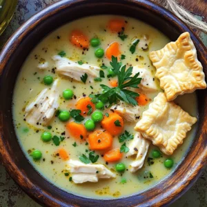 To make this warm soup, you need a few key items. Gather these ingredients: - 1 lb boneless, skinless chicken breasts, diced - 2 tablespoons olive oil - 1 medium onion, chopped - 2 cloves garlic, minced - 3 medium carrots, diced - 2 stalks celery, diced - 1 cup frozen peas - 4 cups chicken broth - 1 cup heavy cream - 1 teaspoon dried thyme - 1 teaspoon dried rosemary - Salt and pepper to taste - 1 cup frozen or refrigerated pie crust, cut into small squares - Fresh parsley, chopped (for garnish) These ingredients create a rich and creamy soup that feels like a warm hug. You will need some basic cooking tools to make this soup. Here’s what I recommend: - A large pot for cooking - A cutting board for chopping - A sharp knife for easy dicing - Measuring cups and spoons for accuracy - A stirring spoon to mix the ingredients These tools help you cook efficiently and keep your kitchen tidy. Garnishes can make your soup look extra special. I like to use: - Fresh parsley, chopped - Additional pie crust squares for dipping These small touches add flavor and a nice finish to your cozy chicken pot pie soup. Start by heating the olive oil in a large pot over medium heat. I like to add the chopped onion and minced garlic right after. Sauté them for about 3 to 4 minutes. The goal is to make the onions soft and clear. Next, add the diced chicken to the pot. Cook it until the chicken is brown on all sides. This takes about 5 to 7 minutes. Don’t forget to sprinkle in salt, pepper, thyme, and rosemary. These spices bring out the best flavors. Once the chicken is ready, it’s time to add the diced carrots and celery. Stir these in and let them cook for another 5 minutes. You want them to start getting soft but not mushy. After that, toss in the frozen peas. They will add a nice pop of color and sweetness to the soup. Now, pour in the chicken broth. Bring the mix to a gentle boil. Once it boils, reduce the heat and let it simmer for 15 to 20 minutes. This helps all the flavors blend well together. After simmering, stir in the heavy cream for richness. If you have pie crust squares, add them now. Let them cook in the soup for about 10 minutes, until they are tender. Finally, taste the soup and adjust the seasoning if needed. Let it sit for a few minutes to thicken. Serve it hot in bowls, topped with fresh parsley for a touch of color. To make your Cozy Chicken Pot Pie Soup shine, use fresh herbs. Fresh thyme and rosemary add great taste. You can also add a splash of lemon juice. This brightens the flavors and adds a zing. For a bolder taste, try a bit of white wine. Cook it down before adding the broth. This adds depth and richness to the soup. The cooking time in this recipe is about 50 minutes. If you want a quicker meal, use diced rotisserie chicken. This cuts down the cooking time to about 30 minutes. You can also cook the soup on low heat. This allows the flavors to meld together nicely. Just remember to check often, so it doesn’t boil too much. Serve the soup in rustic bowls for a cozy touch. Top each bowl with freshly chopped parsley. For fun, add extra pie crust squares on the side. This lets everyone dip and enjoy. Pair the soup with a simple green salad. A light vinaigrette dressing goes well with the creamy soup. {{image_2}} To make this soup in a slow cooker, start by prepping your ingredients. Dice the chicken, onion, garlic, carrots, and celery. In a slow cooker, add all the chopped veggies, chicken, and seasonings. Pour in the chicken broth and stir well. Set the slow cooker on low for 6-8 hours or high for 3-4 hours. About 30 minutes before serving, stir in the heavy cream and peas. If using pie crust squares, add them now and let them cook until tender. Using an Instant Pot makes this soup quick and easy. Start by sautéing the onions and garlic in the pot. Add the diced chicken and cook until browned. Then, add the carrots, celery, and seasonings. Pour in the chicken broth and secure the lid. Set the pot to cook on high pressure for 10 minutes. After cooking, release the pressure and stir in the cream and peas. Add the pie crust squares and let them cook in the soup for about 5 minutes. For a vegetarian twist, replace the chicken with hearty veggies. Use diced potatoes, mushrooms, and green beans. You can also add chickpeas for protein. Sauté the veggies, then add vegetable broth instead of chicken broth. Follow the same steps for adding cream and pie crust squares. This version retains all the cozy flavors while being meat-free. To keep your Cozy Chicken Pot Pie Soup fresh, let it cool first. Transfer the soup to an airtight container. You can store it in the fridge for up to three days. Make sure to label the container with the date. This way, you know when to use it. If you want to keep your soup longer, freezing is a great idea. Pour the cooled soup into a freezer-safe container. Leave some space at the top since the soup will expand. You can freeze it for up to three months. It’s best to use a vacuum sealer if you have one. This keeps out air and prevents freezer burn. When you are ready to eat, thaw the soup in the fridge overnight. You can reheat it on the stove over medium heat. Stir it often to avoid sticking. If the soup is too thick, add a bit of chicken broth or water. You can also microwave it in a bowl. Cover the bowl with a paper towel to keep it from splattering. Heat it in short intervals, stirring in between. Enjoy your warm, comforting soup! Yes, you can use rotisserie chicken. It saves time and adds flavor. Just shred or chop it into small pieces. Add it to the pot when the recipe calls for diced chicken. This makes the soup quick and easy. You can use half-and-half or whole milk. For a dairy-free option, try coconut milk or almond milk. These will change the flavor a bit but will still keep the soup creamy. Just remember to adjust the seasoning to balance the taste. This soup lasts about 3 to 4 days in the fridge. Store it in an airtight container. Make sure it cools down before sealing. If you want to keep it longer, consider freezing it. This recipe is not gluten-free due to the pie crust. To make it gluten-free, use a gluten-free pie crust or skip the crust altogether. The soup is tasty on its own, even without the crust pieces. In this article, we explored how to make Cozy Chicken Pot Pie Soup from scratch. We covered the key ingredients, step-by-step cooking instructions, and helpful tips to enhance flavor. You also learned about different cooking methods and how to store leftovers. This dish is simple yet satisfying. It warms you up and brings comfort. Remember to experiment with flavors and enjoy every bowl. Happy cooking!