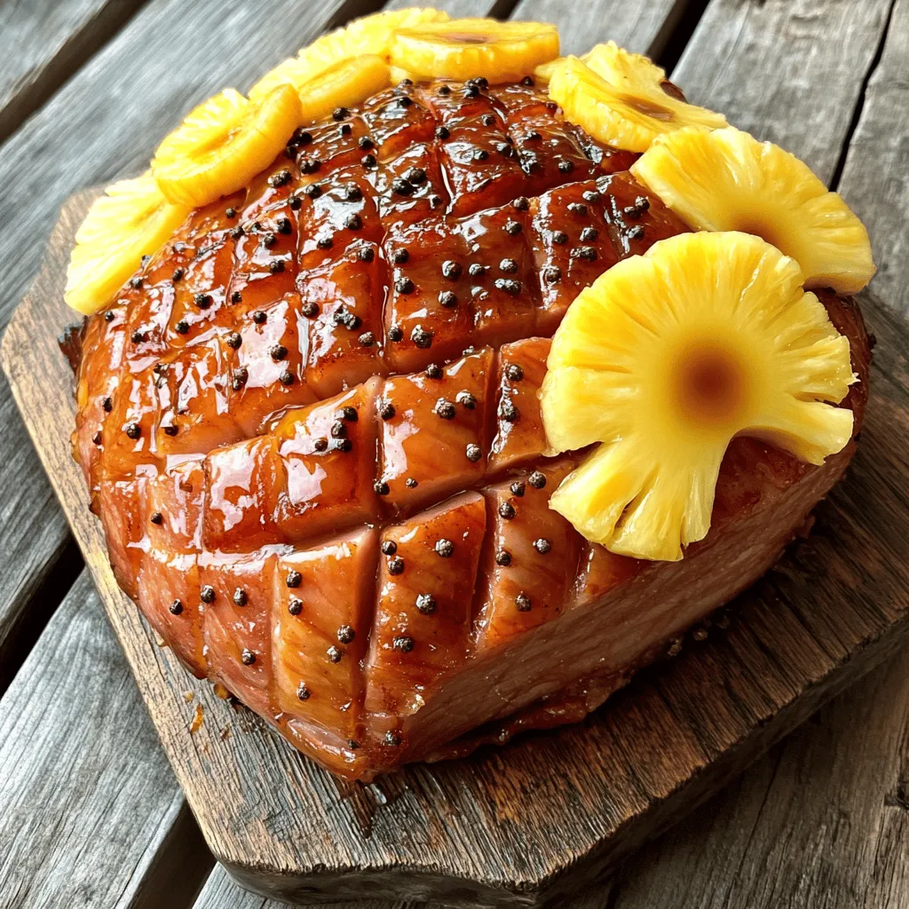 To make this sticky pineapple brown sugar glazed ham, you will need: - 1 fully cooked bone-in ham (about 6-8 pounds) - 1 cup brown sugar - 1 cup pineapple juice - ½ cup honey - 1 tablespoon Dijon mustard - 1 teaspoon ground cloves - 1 teaspoon ground cinnamon - ½ teaspoon black pepper - 1 can (20 oz) sliced pineapple, drained (reserve juice) - 10-12 whole cloves (for studding the ham) The glaze brings a sweet and tangy taste. Brown sugar creates a rich sweetness. Pineapple juice adds a fruity zing. Honey enhances the glaze's stickiness. Dijon mustard gives a slight bite. Ground cloves and cinnamon add warmth and depth. Black pepper balances the sweetness with a hint of spice. Each element works together for a delicious flavor experience. You can swap some ingredients if needed. Use maple syrup instead of honey for a different sweetness. If you don’t have Dijon, yellow mustard works too but has a milder taste. For a spicier kick, add a pinch of cayenne pepper. If you can't find whole cloves, ground cloves can work, but use less. Adjust according to your taste preferences. First, preheat your oven to 325°F (165°C). This step warms the oven for even cooking. Next, take your fully cooked ham and score it. Make shallow cuts in a diamond pattern, one inch apart. This helps the glaze soak in. Now, stud the cuts with whole cloves. This adds flavor and makes the ham look nice. Now, let’s make the glaze. In a medium saucepan, mix the brown sugar, pineapple juice, honey, Dijon mustard, ground cloves, ground cinnamon, and black pepper. Heat this mixture over medium heat. Stir it often until it is smooth and bubbly. This should take about 5 minutes. Once done, remove it from the heat and set it aside. Place the ham in a roasting pan with the cut side down. Pour half of the glaze over the top of the ham. Arrange the pineapple slices on top. If needed, use toothpicks to keep them in place. Cover the ham loosely with aluminum foil. Bake it for about 1.5 to 2 hours. You want the internal temperature to reach 140°F (60°C). After that, remove the foil. Baste the ham with the remaining glaze and bake it for another 30 minutes. Baste every 10 minutes during this time. This helps the glaze become sticky and caramelized. Once done, let the ham rest for at least 15 minutes before slicing. This step keeps it juicy. Finally, slice the ham and plate it nicely with the glazed pineapples around it. Enjoy your sticky pineapple brown sugar glazed ham! To get that shiny, sticky glaze, heat your glaze mix well. Stir it until it is smooth and bubbly. This helps the sugar melt and blend with the juices. Pour half the glaze on the ham before baking. Baste it every ten minutes toward the end. This makes the glaze caramelize and stick well. To heat the ham evenly, score it in a diamond shape. This allows the glaze to seep into the meat. Place the ham cut side down in the pan. This helps keep it moist. Cover it loosely with foil during the first baking. This traps heat and warms the ham just right. Want to add more depth? Try using different spices. Ground ginger can give a nice kick. A bit of nutmeg adds warmth. You can also mix in some chili powder for a spicy touch. Experiment to find your perfect flavor blend. Enjoy the process and make it your own! {{image_2}} You can switch up the brown sugar in this recipe. Try using maple syrup for a deep flavor. Agave nectar offers a lighter touch, making the glaze less sticky. Each sweetener changes the taste and texture. Honey can also work well if you want a floral note. Experiment with what you have on hand. You don't have to stick to ham. A pork shoulder can work for this recipe. It will offer a great taste but will need longer cooking time. Turkey also makes a nice choice for a lighter meal. Just adjust the bake time based on the meat you choose. Each meat will soak up the glaze differently. Adding fruits can enhance your dish's flavor and texture. Consider using diced apples or pears for a fresh crunch. Chopped nuts, like pecans or walnuts, can add a nice crunch too. These ingredients make your dish unique and fun. Just make sure to add them near the end of baking to keep them fresh. After your sticky pineapple brown sugar glazed ham cools, slice it for easy storage. Let it rest for at least 15 minutes before slicing. This helps keep the juices in the ham. Store the slices in an airtight container. You can keep it in the fridge for up to five days. Always ensure the ham is cooled to room temperature before sealing. To reheat, preheat your oven to 325°F (165°C). Place the ham slices in a baking dish. Add a splash of pineapple juice for moisture. Cover the dish with foil to prevent drying out. Heat for about 20-25 minutes or until warmed through. You want the internal temperature to reach 140°F (60°C). If you like, brush with leftover glaze for extra flavor. You can freeze the ham if you have leftovers. Wrap each slice tightly in plastic wrap, then place them in a freezer-safe bag. This helps keep the flavor and texture nice. You can store it in the freezer for up to three months. When ready to eat, thaw overnight in the fridge. Reheat as mentioned above for the best taste. You can check the ham's doneness by measuring its internal temperature. Use a meat thermometer. The safe temperature for ham is 140°F (60°C). If it reaches this, it’s ready. You can also check the color. The meat should be pink and juicy. If it looks dry, it may be overcooked. Yes, you can use a spiral-cut ham. It works well with this glaze. The cuts allow the glaze to seep into the meat. This makes every bite sweet and sticky. Just adjust the cooking time. Spiral-cut hams are often smaller and may cook faster. Many sides pair well with glazed ham. Here are some great options: - Roasted vegetables - Mashed potatoes - Green bean casserole - Macaroni and cheese - Coleslaw These sides balance the sweetness of the ham. They also bring color and variety to your plate. Cooking a glazed ham can be easy and fun. We covered the key ingredients and steps needed to make it shine. The tips and tricks shared help you get that perfect glaze and even cooking. You also learned about variations to customize your dish and how to store leftovers. No matter your choice of meat or flavors, this dish can be a hit. Follow these steps to create a tasty centerpiece for any meal. Enjoy your cooking adventure!