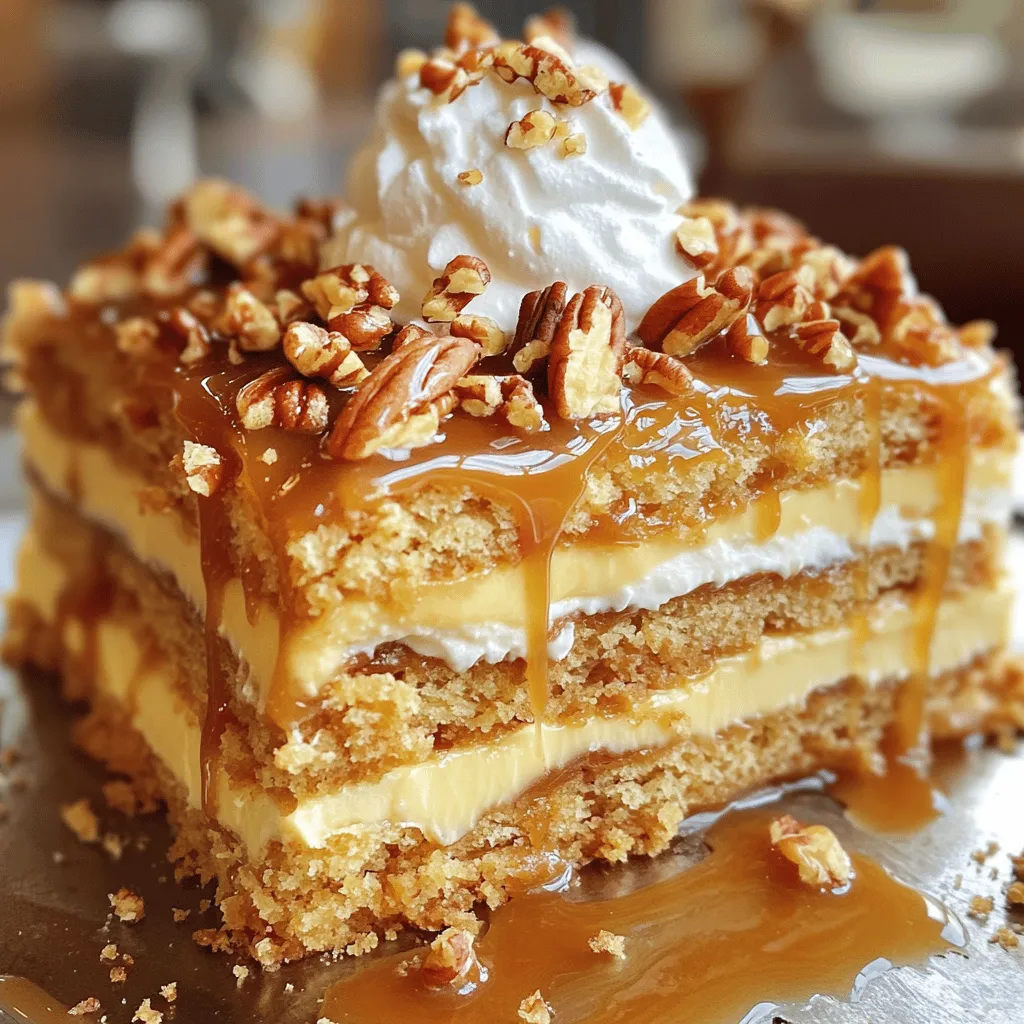 To make a tasty Caramel Pecan Dump Cake, gather these main ingredients: - 1 box of yellow cake mix - 1 cup chopped pecans - 1 cup caramel sauce (store-bought or homemade) - ½ cup unsalted butter, melted - 1 cup sweetened condensed milk - ½ teaspoon vanilla extract - ½ teaspoon salt You can make this cake even better with some optional ingredients: - 1 cup shredded coconut - Whipped cream for serving Adding coconut gives a nice texture and flavor. If you love whipped cream, serve it on top to add creaminess. Choosing the right ingredients matters for taste: - Pick a good quality yellow cake mix for a fluffy base. - Use fresh pecans to get that crunchy bite. - For caramel sauce, homemade is best, but store-bought works too. - Always use unsalted butter for better control over saltiness. - Check the expiration dates on sweetened condensed milk and vanilla extract for freshness. These tips help create a delicious dessert. Enjoy your baking! First, you need to preheat your oven to 350°F (175°C). This step is key for even baking. While the oven warms up, grab a 9x13 inch baking dish. Grease it well with cooking spray or butter. This helps the cake come out easily later. Now, take a large mixing bowl. Add the yellow cake mix, chopped pecans, and melted butter. If you want some extra flavor, toss in the shredded coconut too. Then, add the vanilla extract and salt. Mix everything until it’s well combined but still crumbly. You want it to hold together but not be too smooth. Next, take half of the cake mixture and spread it evenly across the bottom of your greased dish. Press it down gently with your hands. This forms the first layer. Now, drizzle the caramel sauce all over this layer. Let it soak in. After that, pour the sweetened condensed milk over the caramel. Make sure to cover as much area as you can. Finally, sprinkle the rest of the cake mixture on top. Leave a few gaps so the caramel can peek through. Now, it’s time to bake! For the best results, bake your Caramel Pecan Dump Cake for 30-35 minutes. The top should turn golden brown and bubble slightly. Keep an eye on it during the last few minutes. Every oven is different, so check for doneness. A toothpick inserted in the center should come out clean or with a few moist crumbs. Once baked, let the cake cool for about 10-15 minutes. This helps the layers set and makes serving easier. Serve it warm for a gooey texture. You can add a dollop of whipped cream and an extra drizzle of caramel sauce. It adds sweetness and creaminess. For some crunch, sprinkle extra chopped pecans on top. To make your cake look inviting, use a clear glass dish. The layers will show beautifully. Serve in squares for a nice portion. Place a scoop of whipped cream on each piece. Top with a sprinkle of pecans. This adds color and texture. Use a drizzle of caramel around the plate for a fun touch. {{image_2}} Making homemade caramel sauce is easy and fun. You need just sugar, butter, and cream. Start by heating 1 cup of sugar in a saucepan over medium heat. Stir until the sugar melts into a golden liquid. Then, add 6 tablespoons of butter and ½ cup of heavy cream. Stir until smooth. Let it cool before using it in your cake. This sauce will add a rich flavor to your dessert. For the best texture, mix your cake ingredients just right. You want a crumbly but moist mix. Do not overmix the batter when you combine the yellow cake mix, melted butter, and pecans. Press half of this mix into your baking dish firmly. This layer will give the cake a good base. When you pour the condensed milk on top, it helps keep everything soft and gooey. Avoid these common mistakes to ensure success. First, don’t skip greasing the baking dish. This step keeps your cake from sticking. Second, watch the baking time. If you overbake, the cake can become dry. Lastly, let it cool for at least 10 minutes before serving. This cooling time helps the layers set and makes serving easier. You can mix things up with different toppings. Try adding chocolate chips for a rich taste. Crushed graham crackers can give a nice crunch. Fresh fruits like bananas or strawberries add flavor and color. You can even sprinkle a bit of sea salt on top for a sweet-salty twist. Each topping brings a new layer of fun to your dessert. If you want a gluten-free version, use a gluten-free cake mix. Many brands offer good options. For a vegan twist, swap the butter for coconut oil. Use a plant-based sweetened condensed milk too. This way, you can enjoy the dessert without dairy or gluten. It's easy to adapt the recipe for many diets. Add-ins let you make this dessert your own. Mix in a teaspoon of cinnamon for warmth. Chopped apples or pears can add freshness. Want a nutty flavor? Try adding almonds or walnuts along with pecans. You can also switch the caramel for chocolate sauce or fruit syrups. Each choice lets you create a dessert that fits your taste. Yes, you can use different cake mixes! A chocolate or spice cake mix works well. Each mix will give a new flavor twist. Feel free to experiment with what you have at home. To store leftovers, let the cake cool completely. Then, cover it with plastic wrap or foil. You can keep it in the fridge for up to five days. If you want to keep it longer, freeze it. Just make sure to wrap it well. Yes, you can freeze it! Cut the cake into pieces for easier storage. Wrap each piece tightly in plastic wrap, then place them in a freezer bag. This will help keep it fresh for up to three months. When you’re ready to enjoy, just thaw it in the fridge overnight. In this post, we covered the key ingredients for a delicious Caramel Pecan Dump Cake. I shared step-by-step instructions to help you bake it perfectly. You also learned tips for baking, serving, and custom options to try different flavors. Remember, quality ingredients make a big difference. With a bit of practice and creativity, you can enjoy a tasty dessert that suits your tastes. Don't hesitate to experiment and make it your own!