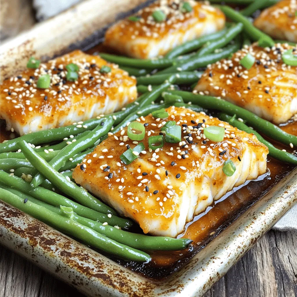 - 2 cod fillets (about 6 oz each) - 8 oz green beans, trimmed - 2 cloves garlic, minced - 1 teaspoon fresh ginger, grated - 2 tablespoons white miso paste - 2 tablespoons maple syrup - 1 tablespoon soy sauce (low-sodium) - 1 tablespoon rice vinegar - 1 tablespoon olive oil - Salt and pepper to taste - Sesame seeds - Sliced green onions Using fresh ingredients makes a big difference. The cod fillets should be firm and bright. The green beans need to be crisp and vibrant. Fresh garlic and ginger add a punch of flavor. You’ll get the best taste from good-quality miso paste and pure maple syrup. In your pantry, keep low-sodium soy sauce and rice vinegar handy. These add depth to the dish. Olive oil helps to toss the green beans and adds richness. Salt and pepper round out the flavor nicely. For garnishes, sesame seeds add a nice crunch. Sliced green onions give freshness and color. You can serve the meal right from the pan for a rustic touch. Enjoy the bright colors and rich flavors! First, set your oven to 400°F (200°C). This temperature helps cook the cod and green beans evenly. While the oven heats, get your tools ready. Grab a large sheet pan, a small bowl, and a whisk. In a small bowl, mix together these ingredients carefully: - 2 tablespoons white miso paste - 2 tablespoons maple syrup - 1 tablespoon low-sodium soy sauce - 1 tablespoon rice vinegar - 2 cloves garlic, minced - 1 teaspoon fresh ginger, grated Whisk them until smooth. This marinade gives the cod a sweet and savory flavor. Place the cod fillets in a shallow dish. Pour the miso marinade over the cod. Cover the dish and put it in the fridge. Let it marinate for at least 15 minutes, or up to 1 hour if you have more time. While the cod marinates, prepare the green beans. Trim the ends of the beans. On the sheet pan, toss the trimmed beans with 1 tablespoon olive oil. Add salt and pepper to taste. Spread the green beans evenly on one half of the pan. After marinating, take the cod out of the fridge. Remove it from the marinade, but save the extra marinade. Place the cod on the other half of the sheet pan. Now, it's time to bake! Place the sheet pan in the oven. Bake for 15-20 minutes. The cod should be opaque and flaky. The green beans will be tender-crisp. Halfway through cooking, brush the saved marinade over the cod for extra flavor. Once done, take the pan out of the oven. For a nice touch, sprinkle sesame seeds and sliced green onions on top. This makes the dish look fresh and inviting. To get the best texture for cod, start with fresh fillets. Fresh fish has a nice firmness. When marinating, allow the cod to soak for at least 15 minutes. This time lets the flavors seep in. If you have more time, let it marinate for up to an hour. This longer soak makes the fish even tastier. Once baked, the cod should flake easily. You’ll know it’s done when it turns opaque. Miso is a star in this dish. The white miso paste gives a rich, savory taste. Mixing it with maple syrup adds sweetness. The soy sauce and rice vinegar balance the flavors nicely. For more depth, add minced garlic and grated ginger. They bring warmth and spice to the marinade. Remember to brush the reserved marinade on the cod halfway through baking. This step boosts the flavor even more. Ovens can vary in heat. If your oven runs hot, check the cod at 15 minutes. If it’s cooler, you might need the full 20 minutes. Always look for the cod to be opaque and flaky. Use a fork to test the texture. The green beans should be tender-crisp. If they need more time, you can leave them in a bit longer. Just keep an eye on the cod to avoid overcooking it. {{image_2}} You can use many vegetables with this dish. Instead of green beans, try broccoli, asparagus, or bell peppers. Each veggie adds its own flavor and texture. Just make sure to cut them to a similar size for even cooking. Toss them in olive oil, salt, and pepper just like the green beans. This way, they will cook perfectly with the cod. Cod is a great choice, but you can switch it up. Salmon, tilapia, or even shrimp work well. Each protein brings a unique taste. If you choose salmon, keep the cooking time the same. For shrimp, reduce the time to about 10-12 minutes. This way, everything stays tender and full of flavor. Get creative with the marinade! You can try a teriyaki sauce instead of the miso mix. It gives a sweet and savory taste. For a spicy kick, add some sriracha to the mix. You can also use a lemon-garlic marinade for a fresh twist. Mixing and matching flavors can keep your meals exciting and new. To store your leftover sheet pan miso maple cod and green beans, first, cool them down. Place the food in a shallow container. This helps it cool faster. Cover the container with a tight lid or plastic wrap. Store it in the fridge for up to three days. Make sure to keep the cod and green beans together. This keeps the flavors intact. If you want to save the dish for later, you can freeze it. First, let the cod and green beans cool completely. Then, place them in an airtight container or a freezer bag. Remove excess air to prevent freezer burn. You can freeze the dish for up to three months. When you’re ready to eat, just thaw it in the fridge overnight. To reheat, use the oven or a microwave. For the oven, preheat it to 350°F (175°C). Place the cod and green beans on a baking sheet. Heat for about 10-15 minutes, or until warm. If using a microwave, place the food in a microwave-safe dish. Heat in short bursts, about 1-2 minutes at a time. This helps avoid overheating. Always check that the cod is hot all the way through before serving. Yes, you can prepare this dish ahead of time. You can marinate the cod and trim the green beans a few hours before cooking. Just keep the marinated cod in the fridge until you are ready to bake. This helps the flavors soak in more! If you want to swap out cod, use other firm fish. Salmon, halibut, or tilapia work well. These fish have similar textures and will still taste great with the miso maple sauce. To make this dish gluten-free, simply replace soy sauce with tamari. Tamari is a gluten-free soy sauce alternative. All other ingredients in this recipe are naturally gluten-free, so you’re good to go! This blog post covered the key ingredients and step-by-step process for making a tasty cod dish. I shared helpful tips to perfect the texture and flavor while exploring variations using different proteins and veggies. Proper storage methods keep your leftovers fresh. Always remember, you can easily make this dish gluten-free or prep it ahead. Enjoy cooking and experimenting with your meals!