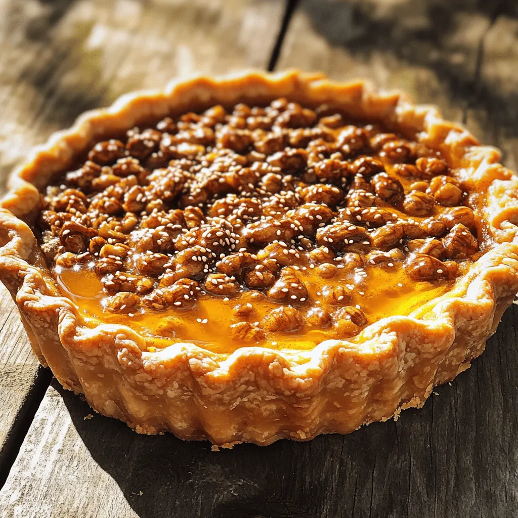 To make Greek Honey Pie, gather these ingredients: - 1 cup all-purpose flour - ½ cup unsalted butter, melted - ¼ cup powdered sugar - 1 large egg yolk - ¼ teaspoon salt - ½ teaspoon vanilla extract - 1 cup walnuts, finely chopped - 1 teaspoon cinnamon - ½ cup honey - ½ cup almond milk - Zest of 1 lemon - 1 teaspoon baking powder - 1 tablespoon sesame seeds You can swap some ingredients if needed. Here are a few ideas: - Use whole wheat flour instead of all-purpose flour for a nuttier taste. - Coconut oil can replace unsalted butter for a dairy-free option. - If you have no powdered sugar, you can blend granulated sugar until fine. - Any milk can work in place of almond milk, like oat or soy milk. - Pecans or almonds can be used instead of walnuts for the filling. Choosing the best ingredients makes a big difference. Here are some tips: - Use fresh walnuts. Old nuts can taste bitter. - Opt for pure vanilla extract. It gives better flavor than imitation. - Choose high-quality honey. It adds depth to the pie. - Fresh lemon zest enhances the pie's flavor. Avoid bottled lemon juice. - Make sure your butter is unsalted for better control over sweetness. These tips will help you create a delicious Greek Honey Pie that shines in flavor! To start, grab a big mixing bowl. Add 1 cup of flour, ½ cup of melted butter, and ¼ cup of powdered sugar. Next, mix in 1 large egg yolk, ¼ teaspoon of salt, and ½ teaspoon of vanilla extract. Stir until the dough comes together. Now, lightly flour your working surface. Roll out the dough until it fits a 9-inch pie pan. Press the dough into the pan, making sure to cover the sides. Trim any extra dough and prick the bottom with a fork. This helps keep the crust from bubbling. Preheat your oven to 350°F (175°C). Bake the crust for about 15 minutes until it turns lightly golden. Once done, let it cool. In another bowl, mix together 1 cup of finely chopped walnuts, 1 teaspoon of cinnamon, and the zest of 1 lemon. Add ½ cup of honey, ½ cup of almond milk, and 1 teaspoon of baking powder. Stir everything until well combined. The filling should be thick and sticky. Pour the walnut filling into the pre-baked crust. Spread it evenly so every slice has the same flavor. Now, sprinkle 1 tablespoon of sesame seeds on top for texture and taste. Place the pie in the oven and bake for 25-30 minutes. You want the filling to be set and lightly golden on top. Once baked, remove the pie from the oven and let it cool completely. This step is key for easy slicing. Enjoy your Greek honey pie at room temperature or chilled, and drizzle with more honey if you like extra sweetness! To make a great crust, start with cold butter. This keeps the crust flaky. Use a fork to mix the butter with flour. Do not overmix; stop when the dough forms. Roll it out on a floured surface, but keep it thick enough to hold the filling. Prick the bottom with a fork before baking. This helps it bake evenly and prevents bubbles. Your filling needs to be mixed well. Combine walnuts, cinnamon, lemon zest, honey, almond milk, and baking powder thoroughly. This step ensures every bite is full of flavor. Bake the pie until the filling is golden and firm. Let it cool completely before slicing. This helps it set well. Serve your pie at room temperature or chilled. For a fancy touch, drizzle extra honey on top. Add fresh mint leaves for color. You can also serve it with a scoop of vanilla ice cream. This adds creaminess that pairs well with the pie's sweetness. Enjoy the lovely flavors of your Greek Honey Pie! {{image_2}} You can switch up the nuts in your Greek honey pie to suit your taste. If you don't have walnuts, try pecans or hazelnuts. These nuts add a rich flavor and texture. Almonds also work well if you want a milder taste. Just chop them finely and use them in place of walnuts. To brighten the flavor of your pie, add a touch of citrus or extracts. A bit of orange zest can give a fresh twist. You can also use almond or coconut extract for a new taste. Just a teaspoon will enhance the pie's flavor without overpowering it. If you need a gluten-free crust, use almond flour or oat flour instead of all-purpose flour. Mix it with melted butter and a bit of powdered sugar. This creates a tasty base that holds together well. Just remember to follow the same steps for rolling and baking. You can enjoy Greek honey pie without gluten! To keep your Greek Honey Pie fresh, store it in an airtight container. Place the pie at room temperature for up to two days. If you want it to last longer, put it in the fridge. It can stay fresh in the fridge for about a week. Just make sure to cover it well. This helps keep the flavors intact. If you want to save your pie for later, freezing is a great option. First, let the pie cool completely. Then, wrap it tightly in plastic wrap. After that, place it in a freezer-safe bag or container. You can freeze it for up to three months. When you're ready to enjoy it, just thaw it in the fridge overnight. Reheating your pie is easy. Preheat your oven to 300°F (150°C). Place the pie on a baking sheet. Heat it for about 10-15 minutes. This warms the pie without making it soggy. If you prefer, you can also use the microwave. Heat individual slices for about 30 seconds to 1 minute. Enjoy the warm, sweet flavors again! Greek Honey Pie is a delightful dessert. It features a buttery crust filled with a rich walnut mix. The main ingredients include: - All-purpose flour - Unsalted butter - Powdered sugar - Egg yolk - Walnuts - Honey - Almond milk - Cinnamon - Lemon zest - Sesame seeds Each ingredient adds flavor and texture to the pie. The honey gives it a sweet touch, while the walnuts add crunch. This pie is simple yet delicious. Yes, you can use other types of milk. Whole milk or oat milk works well too. Each milk will change the taste slightly. Almond milk adds a nutty flavor, while whole milk makes it creamier. Choose your favorite for the best result! Greek Honey Pie can last up to five days in the fridge. Make sure to cover it well. This keeps it fresh and tasty. If you want to store it longer, you can freeze it. Just wrap it tightly and enjoy it later! This blog post shares key tips for making Greek Honey Pie. We covered vital ingredients, from what to use to helpful substitutes. I provided step-by-step instructions for the crust, filling, and assembly. We explored tips for a perfect pie and different variations for unique flavors. I also discussed how to store leftovers and answered common questions. With these insights, you can bake a delicious pie that impresses everyone. Enjoy experimenting with flavors and sharing your tasty creations!