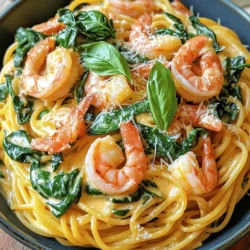 When you make creamy tomato spinach shrimp pasta, having the right ingredients is key. Here’s what you will need: - Pasta Options: 8 oz of spaghetti or linguine - Protein: 1 lb of shrimp, peeled and deveined - Fresh Produce: 2 cups of fresh spinach, 3 cloves of minced garlic, 1 small finely chopped onion - Canned Goods: 1 can (15 oz) of diced tomatoes, undrained - Dairy: 1 cup of heavy cream, grated Parmesan cheese (optional) - Seasonings: 1 tsp dried Italian seasoning, salt, pepper, 2 tbsp olive oil These ingredients come together to create a rich and tasty dish. The shrimp adds protein, while the spinach gives freshness. The diced tomatoes and heavy cream form a creamy sauce that wraps around the pasta. Don't forget the garlic and onion to build flavor! - Bring a large pot of salted water to a boil. - Add 8 oz of spaghetti or linguine. - Cook according to package instructions until al dente. - Drain and set aside, keeping a cup of pasta water. Al dente means the pasta will be firm to the bite. This gives the dish a nice texture and holds up well in the sauce. - In a large skillet, heat 2 tablespoons of olive oil over medium heat. - Add 1 finely chopped onion and sauté for 2-3 minutes. - When the onion is translucent, add 3 cloves of minced garlic. - Cook for an additional minute until fragrant. The aroma of onion and garlic fills the kitchen. It sets the perfect base for your dish. - Add 1 lb of peeled and deveined shrimp to the skillet. - Season with salt, pepper, and 1 teaspoon of Italian seasoning. - Cook for about 3-5 minutes until the shrimp turn pink and opaque. Look for the shrimp to curl slightly and change color. This shows they are ready. - In the same skillet, add a can of diced tomatoes, undrained. - Bring the mixture to a gentle simmer and cook for 5 minutes. - Stir in 1 cup of heavy cream and mix well. The cream adds richness, while the tomatoes give a burst of flavor. - Add 2 cups of fresh spinach to the sauce, stirring until wilted. - Return the cooked shrimp to the skillet, tossing everything together. - If the sauce is too thick, add reserved pasta water a little at a time. This step makes the dish creamy and helps the flavors blend. - Plate the pasta in bowls for a beautiful presentation. - Garnish with fresh basil and grated Parmesan cheese if desired. A sprinkle of cheese adds a nice finish and extra flavor. Enjoy your meal! To make the sauce just right, you may need to adjust its thickness. If it feels too thick, add a little reserved pasta water. This small tip can make a big difference. If the sauce is too thin, let it simmer a bit longer. This helps it thicken naturally. For flavor, try adding a pinch of red pepper flakes for heat. You can also add a squeeze of lemon juice for brightness. Fresh basil at the end boosts flavor, too. For tender shrimp, cook them until they are pink and opaque. This takes about 3 to 5 minutes. Don't leave them on the heat too long; overcooked shrimp can become rubbery. They should curl slightly when done. Always remove shrimp from the pan as soon as they are cooked. This keeps them juicy and prevents further cooking. Timing is key when cooking pasta. Start boiling water before you prep other ingredients. When the water boils, add the spaghetti or linguine. Cook it until al dente, which means firm to the bite. Remember to save some pasta water before draining. This water is starchy and can help adjust the sauce later. It’s a simple way to enhance the dish! {{image_2}} - Alternative Proteins: If you prefer, swap shrimp for chicken or tofu. Chicken cooks well and adds a hearty taste. Tofu offers a plant-based option that soaks up flavors nicely. - Different Vegetables: You can add broccoli or peas instead of spinach. Broccoli provides crunch, while peas add sweetness. Both vegetables work great with the creamy sauce. - Spicy Tomato Cream Sauce: Want some heat? Add red pepper flakes to the sauce. This gives the dish a nice kick. - Adding Cheese for Extra Creaminess: Mix in some cream cheese or mozzarella. This makes the sauce extra rich and creamy. - Gluten-Free Pasta Brands: If you need gluten-free pasta, many great brands exist. Look for rice or quinoa pasta. They cook well and taste great in this dish. To keep your creamy tomato spinach shrimp pasta fresh, store it in an airtight container. Make sure to let it cool down first. You can keep it in the fridge for up to three days. When you store it, try to separate the shrimp from the pasta. This helps keep the shrimp tender. If you mix them together, the pasta may soak up too much sauce. You can freeze creamy pasta dishes, but it's best to freeze them without shrimp. To do this, let the pasta cool completely. Place it in a freezer-safe bag or container. You can keep it in the freezer for up to three months. When you're ready to eat, thaw it overnight in the fridge. Then, add freshly cooked shrimp when you reheat it. To reheat your creamy tomato spinach shrimp pasta, use low heat. You can heat it in a skillet on the stove. Add a splash of water or cream to help bring back its creaminess. Stir it often to keep the texture smooth. If you prefer using a microwave, heat it in short bursts. Stir in between to ensure even heating. Enjoy your meal just like the first time! I recommend using large shrimp for this dish. They have a nice texture and flavor. Look for shrimp that are peeled and deveined. Frozen shrimp work too; just thaw them before cooking. Fresh shrimp can enhance the taste, but both options are great. Yes, you can use different pasta shapes. While spaghetti or linguine is best, penne or fettuccine works too. Just make sure to cook the pasta according to package directions. The sauce will cling well to any pasta shape you choose. You can make this dish dairy-free easily. Substitute heavy cream with coconut milk or a dairy-free cream. This swap will keep the dish creamy without dairy. Adjust seasonings slightly to enhance the flavor, if needed. Shrimp are done when they turn pink and opaque. They should curl slightly as they cook. This usually takes about 3 to 5 minutes. Overcooked shrimp become tough, so be sure to watch closely. You can prepare parts of this dish in advance. Cook the pasta and shrimp ahead of time. Store them separately in the fridge. When ready to serve, quickly heat and combine everything. This saves time on busy nights. This blog post covered how to make a delicious shrimp pasta dish. We discussed key ingredients like shrimp, pasta, and fresh veggies. The step-by-step instructions guided you from cooking the pasta to the final assembly of your dish. I shared tips to enhance flavor and ensure perfect shrimp. Remember, variations exist to suit your taste, and you can store leftovers easily. Now, it’s time to get cooking! Enjoy your flavorful meal and impress your family or friends.