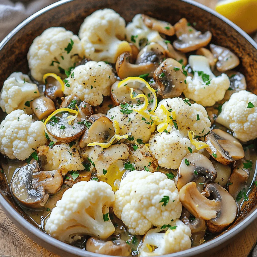 - 1 medium head of cauliflower, cut into florets - 8 oz (about 225g) mushrooms, sliced - 4 cloves of garlic, minced - 2 tablespoons olive oil - 1 tablespoon butter - 1 teaspoon dried thyme - 1 teaspoon smoked paprika - Salt and pepper to taste - Fresh parsley for garnish - Zest of 1 lemon Gathering fresh ingredients makes a big difference. I love using a medium head of cauliflower for a nice crunch. The cauliflower should be cut into bite-sized florets. For the mushrooms, I prefer cremini or button mushrooms for their flavor. Slicing them helps them cook evenly and absorb all the spices. The garlic adds a punch to this dish. I use four cloves, minced, to ensure it infuses well. Olive oil and butter work together to create a rich base. Two tablespoons of olive oil keep it healthy, while one tablespoon of butter adds depth. Dried thyme and smoked paprika bring warmth and complexity. I add one teaspoon of each for balance. Seasoning with salt and pepper is key to enhancing all flavors. Fresh parsley gives a nice touch on top when serving. Lastly, the zest of one lemon brightens the dish with a fresh kick. With these ingredients, you're ready to create a flavorful delight that’s both simple and satisfying. First, I heat the olive oil and butter in a large skillet over medium heat. You want it to melt and shimmer. This step sets the stage for rich flavors. Next, I add the minced garlic. I sauté it for about one minute. The garlic should smell great, but avoid browning it. Brown garlic can taste bitter. Now, I add the sliced mushrooms to the skillet. I choose cremini or button mushrooms for their flavor. I cook them for about five to seven minutes. Stir them occasionally. This helps them brown and release moisture. Perfectly cooked mushrooms should be tender and golden. After the mushrooms are ready, I incorporate the cauliflower florets. I sprinkle in the dried thyme and smoked paprika. Then, I add salt and pepper to taste. Mixing everything well ensures that each bite is full of flavor. Next, I cover the skillet with a lid. This helps steam the mixture and cook the cauliflower. I let it cook for about eight to ten minutes. Stir occasionally to check on the texture. The cauliflower should be tender yet still have a slight crunch. Once done, I remove the lid and cook for an additional two to three minutes. This step helps any excess liquid evaporate and gives the dish a nice brown color. Finally, I stir in the lemon zest for a bright kick. Using fresh ingredients is key. Fresh garlic gives a punchy taste. Fresh cauliflower adds crunch and bright color. When it comes to seasoning, always adjust to your taste. Start with salt and pepper, then add more as needed. Smoked paprika adds depth, while thyme brings a lovely aroma. Always taste as you cook to find your perfect balance. Cooking times really matter here. For mushrooms, aim for about 5-7 minutes. You'll know they're done when they are browned, and their moisture has cooked off. For cauliflower, cook for 8-10 minutes with the lid on. You want it tender but still a bit firm. Watch for a slight crunch. After removing the lid, another 2-3 minutes helps brown the cauliflower and reduce excess liquid. This dish pairs well with many mains and sides. Serve it alongside grilled chicken or fish for a full meal. It also works great with quinoa or rice. For a fun twist, try it in tacos or wraps. Top with extra parsley or a squeeze of lemon for added brightness. Enjoy this dish hot for the best flavor! {{image_2}} You can easily change the mushrooms in this dish. Shiitake mushrooms add a rich taste, while portobello mushrooms give a meaty texture. If you want to add more color and nutrition, try adding spinach or bell peppers. These veggies cook well and blend nicely with the garlic and cauliflower. Cheese can take this dish to the next level. Adding parmesan gives a salty kick, while feta brings creaminess. You can also mix in fresh or dried herbs. Basil, oregano, or even a pinch of red pepper flakes can create a new flavor profile. Experimenting with these adds layers of taste. Want to make it vegan? Simply swap the butter for more olive oil or coconut oil. This keeps the dish rich without dairy. If gluten is a concern, this recipe is naturally gluten-free. Just make sure your seasonings and any added ingredients are also gluten-free. This way, everyone can enjoy the dish without worry. After cooking the Garlic Cauliflower Mushroom Skillet, let it cool. Store leftovers in an airtight container. This keeps moisture in and smells out. Place the container in the fridge. For best taste, consume within three days. To freeze, allow the dish to cool fully. Then, transfer it to a freezer-safe bag or container. Remove as much air as possible to prevent freezer burn. This dish can last up to three months in the freezer. To thaw, move it to the fridge overnight. Reheat in a skillet over medium heat until hot. In the fridge, this dish stays fresh for about three days. If it looks slimy or has a bad smell, it is time to toss it. Always check for off colors or strange textures before eating leftovers. To boost flavor, use fresh garlic. Fresh herbs like thyme and parsley add depth. A splash of lemon juice brightens the dish, enhancing all the flavors. Add a dash of soy sauce for umami. You can also sprinkle some grated cheese on top for a rich finish. Yes, you can use frozen cauliflower. Just thaw it first and drain excess water. Frozen florets can save time, but they may be softer. Adjust cooking time to ensure they don’t become mushy. Stir them in later to maintain some crunch. This skillet pairs well with grilled chicken or fish. Serve it alongside quinoa or brown rice for a hearty meal. A simple green salad also complements the dish nicely. For a cozy feel, enjoy it with crusty bread to soak up the flavors. This blog post offers a simple and tasty Garlic Cauliflower Mushroom Skillet recipe. You learned about the main and additional ingredients you'll need, plus step-by-step instructions for cooking. I shared tips for perfecting flavor and timing, along with serving suggestions and variations. Finally, I covered how to store leftovers properly. Try this dish for a healthy meal that’s easy and fun to make. Enjoy the cooking!