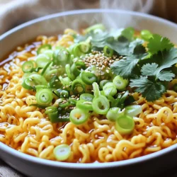 - 2 packs of instant ramen noodles - 4 cups water - 4 cloves garlic, minced - 2 tablespoons chili oil - 1 tablespoon soy sauce - 1 teaspoon sesame oil - 1 small bunch of green onions, sliced - 1 tablespoon sesame seeds (optional) - Fresh cilantro for garnish (optional) - Crushed red pepper flakes to taste You need simple ingredients for this tasty dish. Instant ramen noodles are quick and easy to find. Fresh garlic packs a punch of flavor. Chili oil adds heat and richness. Soy sauce gives depth, while sesame oil adds a hint of nuttiness. Green onions brighten the dish with color and taste. For a fun touch, sesame seeds and cilantro work great as garnishes. Crushed red pepper flakes let you adjust the spice to your liking. This mix allows you to create a warm and satisfying meal. 1. In a medium pot, bring 4 cups of water to a boil over high heat. 2. Once the water is boiling, add the instant ramen noodles. Cook for about 3-4 minutes until tender. 3. After cooking, drain the noodles in a colander and return them to the pot. 1. While the noodles cook, heat 2 tablespoons of chili oil in a small skillet over medium heat. 2. Add 4 cloves of minced garlic to the skillet. Sauté for 1-2 minutes until it smells great and turns golden. Be careful not to burn it. 3. Stir in 1 tablespoon of soy sauce and 1 teaspoon of sesame oil into the garlic mixture. Remove from heat. 1. Pour the garlic chili oil mixture over the cooked noodles in the pot. Toss to coat the noodles well. 2. Add sliced green onions and crushed red pepper flakes. Mix everything together. 3. Serve the noodles in bowls. You can garnish with sesame seeds and fresh cilantro if you like. - Cooking Time for Ideal Texture For the best texture, cook the ramen noodles for just 3-4 minutes. This keeps them tender and chewy. If you cook them too long, they can become mushy. Always check the package instructions since some brands vary. - Tips for Avoiding Overcooked Garlic Sauté garlic for only 1-2 minutes. You want it to turn golden and fragrant, not brown. If it burns, it will taste bitter. If you’re unsure, keep a close eye on it as it cooks. - Suggestions for Extra Ingredients Add veggies like spinach or bell peppers for more color and nutrition. You can also include proteins like cooked chicken or tofu. These additions make the dish heartier and more satisfying. - Using Quality Chili Oil Choose a good-quality chili oil for the best flavor. A well-made chili oil has depth and richness. It elevates the dish from simple to gourmet. If you like heat, add more chili oil or some crushed red pepper flakes. {{image_2}} You can easily make this dish vegetarian or vegan. Just swap out a few ingredients. - Substituting Ingredients: Use vegetable broth instead of water for cooking. This adds more flavor. Instead of soy sauce, opt for tamari if you need a gluten-free option. - Recommended Plant-Based Additions: Add tofu for protein. You can sauté it in the chili oil until golden. Include vegetables like bell peppers, mushrooms, or broccoli. They add color and nutrition. Want more heat? You can easily change the spice level to fit your taste. - Modifying Chili Oil Amount: Start with less chili oil. You can add more to your liking later. This way, you control the heat level. - Other Heat Sources to Consider: Use fresh or dried chili peppers. You can also try jalapeños for a fresh kick. Crushed red pepper flakes are a great option, too. Just sprinkle them on top before serving. To keep your cooked noodles fresh, store them in an airtight container. This keeps moisture out and prevents clumping. Place the noodles in the fridge if you plan to eat them later. They stay good for about three days. When reheating, you can use a microwave or a pot. If using a microwave, add a splash of water to keep them moist. Heat in short bursts, stirring often. If using a pot, add a little water and warm them on low heat. Stir gently to avoid sticking. Preparing your ingredients in advance saves time. Chop the garlic and slice the green onions ahead of time. Store them in separate containers. This way, they stay fresh and ready to use. For meal prep, keep your ramen noodles separate from the sauce. Cook the noodles when you’re ready to eat. Mixing them with the sauce right before serving keeps everything tasty and fresh. You can use any instant ramen noodles. I like to pick brands that have simple flavors. Look for noodles that cook quickly, around 3-4 minutes. This saves time and keeps the meal fast. Some brands might have added flavors, so read the package. You can choose plain noodles if you want to control the taste. Yes, you can! There are many gluten-free ramen options. Look for rice noodles or brown rice ramen. These options hold up well in the dish. You can find them in most grocery stores. Always check for a gluten-free label to be safe. You can add fresh veggies to boost nutrition. Try spinach, carrots, or bell peppers. Sauté them with garlic for more flavor. You can also use less chili oil to cut down on fats. Another option is to swap regular noodles for whole grain or veggie noodles. This adds fiber and nutrients. This blog covered how to make flavorful garlic chili ramen. You learned about the key ingredients, simple steps, and helpful tips. I shared ways to customize your dish and make it healthier. Enjoy experimenting with different spices and garnishes. With this knowledge, you can create a delicious bowl every time. Whether it's a quick meal or a fun project, your ramen journey starts now. Dive in and savor your tasty creation!
