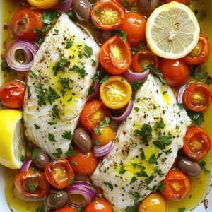 - Fish Varieties: For this dish, you can use cod or sea bass. Both fish have a mild flavor. They cook well and flake easily. You can also try halibut for a richer taste. - Fresh Herbs and Spices: Fresh parsley adds a bright taste. Dried oregano gives an earthy touch. You should also use garlic for depth and a hint of spice. - Vegetables and Garnishes: Cherry tomatoes are juicy and sweet. Red onion adds sweetness and crunch. Kalamata olives bring a salty flavor. Lemon slices make a great garnish and add zing. These ingredients create a perfect balance in your Mediterranean baked fish. The mix of flavors will delight your taste buds! Remember, fresh ingredients always make a big difference. First, preheat your oven to 400°F (200°C). This step is key because it helps cook the fish evenly. While the oven heats, grab a baking dish. This is where the magic happens! Now, let's make the base for our dish. Take 2 cups of halved cherry tomatoes, 1 medium sliced red onion, and 3 minced garlic cloves. Add these to the baking dish. Toss in 1/4 cup of halved Kalamata olives too. Squeeze the juice from 1 lemon over the mix and add the zest as well. Drizzle 1 tablespoon of olive oil on top. To finish, sprinkle with 1 teaspoon of dried oregano, salt, and pepper. Mix everything well, so the flavors blend. Next, it's time for the fish! Create a space in the middle of the tomato mix. Place 2 fish fillets, like cod or sea bass, right on top. Drizzle the remaining tablespoon of olive oil over the fish. This oil adds flavor and keeps the fish moist. Season it with salt and pepper to enhance the taste. Finally, sprinkle 1/4 cup of chopped fresh parsley over everything. This adds both color and flavor. Put the dish in your preheated oven. Bake for about 20 to 25 minutes. You’ll know it’s done when the fish flakes easily with a fork and the tomatoes are soft and bubbling. If you have a food thermometer, the fish should reach 145°F internally. Once it’s out of the oven, let it cool for a minute. Then, plate the fish and herbed tomatoes. Add fresh lemon slices and a sprinkle of extra parsley for a pop of color. Enjoy with crusty bread to soak up those juicy flavors! How to prevent the fish from drying out To keep your fish moist, I suggest two key steps. First, use a good amount of olive oil. This fat coats the fish and helps lock in moisture. Second, do not overcook the fish. Check it at the 20-minute mark to see if it flakes easily. If it does, it’s ready to eat! Adjusting cooking times for different fish types Different fish cook at different rates. For thicker fillets like salmon, you may need 25-30 minutes. For thinner ones like sole, 15-20 minutes is often enough. Always keep an eye on your fish so it doesn’t overcook. Using different herbs and spices You can switch up the herbs to match your taste. Try basil or thyme for a new twist. For heat, add a pinch of red pepper flakes. This can really boost the flavor of your dish! Incorporating additional vegetables or ingredients Feel free to add more veggies. Bell peppers and zucchini work well with this dish. You can also mix in some capers or artichokes for extra flavor. Just make sure to cut everything to a similar size for even cooking. {{image_2}} If you can’t find cod or sea bass, don’t worry! You can use other fish for this dish. Here are a few great options: - Tilapia: This fish has a mild taste and cooks quickly. - Snapper: It has a slightly sweet flavor and a firm texture. - Trout: This fish is rich and buttery, adding depth to the dish. These alternatives will work well with the Mediterranean flavors in this recipe. Just remember to adjust the cooking time if the fish fillets are thicker or thinner. Want to try a Mediterranean baked dish without fish? You can make a tasty veggie version! Use the same base of tomatoes and onions. Then, add these ingredients: - Zucchini: Slice it thinly for even cooking. - Bell Peppers: Use any color you like for extra crunch and sweetness. - Chickpeas: They add protein and a hearty texture. Mix the veggies with the herbs and spices, just like with the fish. Bake it until the vegetables are tender and flavor-packed. To change up the flavors, try different spices and herbs. Here are some ideas: - Cumin: Adds warmth and earthiness. - Paprika: Gives a smoky flavor and nice color. - Fresh Basil: Offers a sweet and fragrant twist. Feel free to experiment with these spices to create your own unique Mediterranean dish. You can even blend in some feta cheese for a creamy touch! To keep your Mediterranean baked fish fresh, follow these steps: - Allow the dish to cool to room temperature. - Place leftovers in an airtight container. - Refrigerate within two hours of cooking. - Store in the fridge for up to three days. - For longer storage, freeze the fish. - Wrap each fillet in plastic wrap, then place in a freezer bag. - Label the bag with the date. This helps you track freshness. To reheat your delicious baked fish, follow these tips: - Preheat your oven to 350°F (175°C). - Place the fish on a baking sheet. - Cover with foil to keep moisture in. - Heat for about 10-15 minutes. - Check if it's warm all the way through. Use a fork to test if it flakes easily. - Avoid using a microwave, as it can dry out the fish. These steps ensure your Mediterranean baked fish stays tasty and enjoyable. Yes, you can use frozen fish fillets. First, you need to thaw them. To thaw, place the frozen fish in the fridge overnight. If you’re short on time, you can also run cold water over the fish in a sealed bag for about 30 minutes. Once thawed, pat the fish dry with a paper towel. This helps the seasoning stick better. Thawing properly ensures your fish cooks evenly and tastes great. Some great sides pair well with Mediterranean Baked Fish. Consider these options: - Crusty bread: Perfect for soaking up the juices. - Steamed vegetables: Broccoli or green beans add color and nutrition. - Rice or quinoa: A light, fluffy side balances the dish well. - Greek salad: Fresh tomatoes, cucumbers, and feta enhance the meal. When plating, arrange the fish with the herbed tomatoes. Add lemon slices and a sprinkle of parsley for a bright look. This makes your dish both tasty and appealing! When you bake fish at 400°F, it usually takes about 20 to 25 minutes. The fish should flake easily with a fork when it's done. If you use thicker fillets, you might need a few extra minutes. Always check the center; it should be opaque and not translucent. Remember, cooking time can change based on the type of fish and its thickness, so keep an eye on it! Mediterranean baked fish is a tasty and healthy dish to enjoy. We explored key ingredients like fresh fish, herbs, and veggies. I shared step-by-step instructions for perfect baking. You learned tips to keep your fish moist and flavor-rich. Variations allow for swaps and vegetarian options. Store leftovers correctly, and reheating tips will help maintain their taste. With all these insights, you’re ready to bake a delicious dish that impresses. Enjoy this vibrant meal with sides to match, and create lasting memories at your table. Happy cooking!
