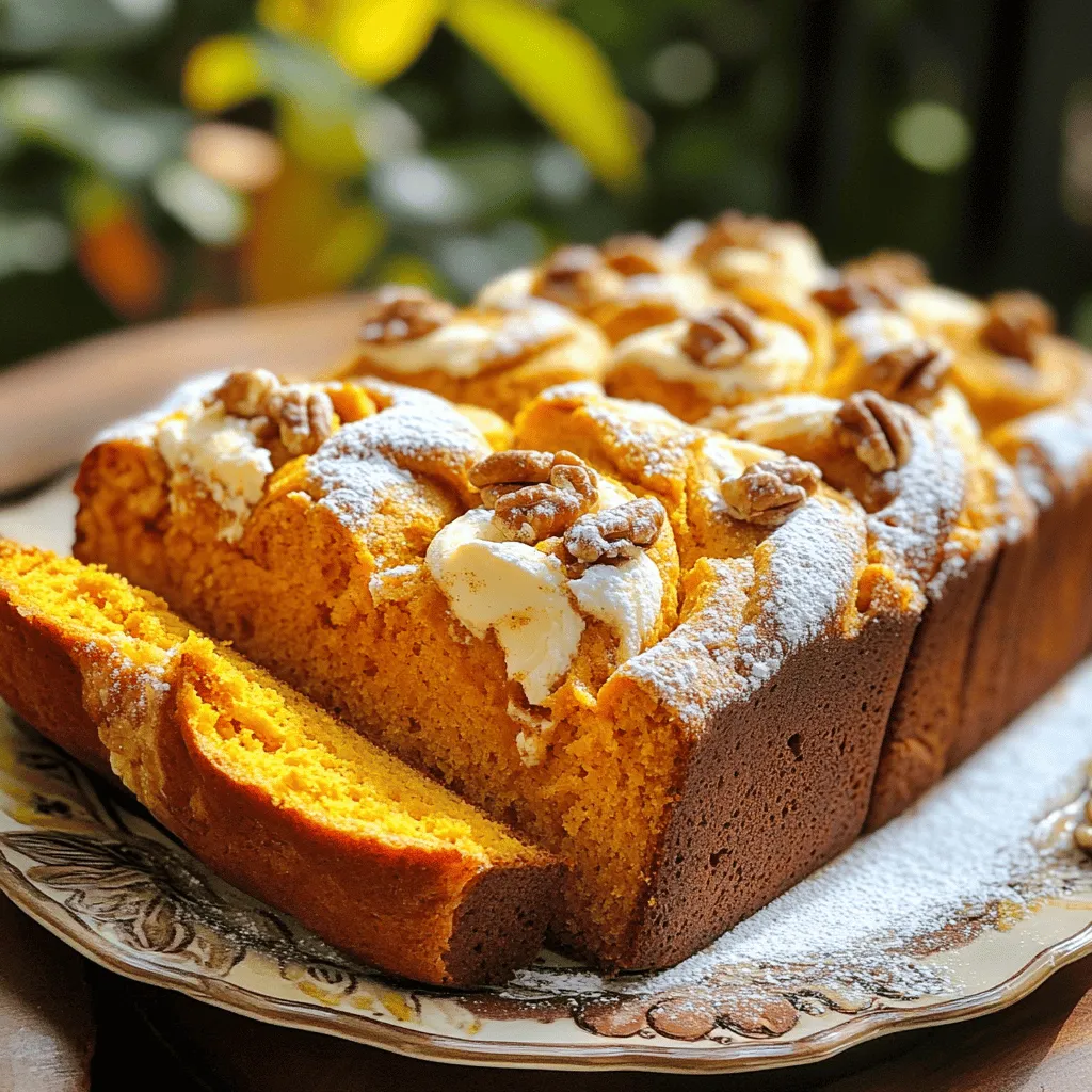 - 1 cup pumpkin puree - œ cup cream cheese, softened - œ cup granulated sugar - œ cup brown sugar, packed Pumpkin puree gives the bread its rich flavor and moist texture. Cream cheese adds creaminess and a slight tang. I love using both granulated and brown sugar. The granulated sugar adds sweetness, while brown sugar adds depth. - 2 cups all-purpose flour - 1 teaspoon baking soda - œ teaspoon baking powder - 1 teaspoon ground cinnamon - œ teaspoon ground nutmeg - ÂŒ teaspoon ground ginger - ÂŒ teaspoon salt - 1 teaspoon vanilla extract - œ cup chopped walnuts or pecans (optional) For the dry mix, flour, baking soda, and baking powder create the right rise. The spicesâcinnamon, nutmeg, and gingerâbring warmth and cozy flavors. If you want crunch, add chopped walnuts or pecans. They give a nice texture to each bite. First, you need to preheat your oven to 350°F (175°C). This step is key for even baking. Next, grab a 9x5 inch loaf pan. Grease it well or line it with parchment paper. This makes it easy to remove the bread later. In a large bowl, beat the softened cream cheese until it's smooth. Then, add in both sugars and the vegetable oil. Mix these together until they look well combined. Now, add the eggs one at a time. Make sure to mix well after each egg. Finally, stir in the pumpkin puree and vanilla extract. Keep mixing until everything is smooth and blended. In a separate bowl, whisk together the flour, baking soda, and baking powder. Then, add the spices: cinnamon, nutmeg, ginger, and salt. Whisk until everything is evenly mixed. Now, itâs time to bring the dry and wet ingredients together. Gradually fold the dry mix into the wet mix. Do this gently and stop as soon as they are combined. Over-mixing can make the bread tough. If you want some extra texture, fold in the chopped walnuts or pecans at this stage. Pour the batter into your prepared loaf pan. Use a spatula to smooth the top so it looks nice. Place the pan in your preheated oven. Bake for 60-70 minutes. To check if it's done, insert a toothpick into the center. If it comes out clean, your bread is ready. Let the bread cool in the pan for about 10 minutes before moving it to a wire rack. This will help it cool evenly. Enjoy the process! To make the best pumpkin cream cheese bread, avoid over-mixing the batter. When you mix too much, the bread can become tough. Mix just until you see no dry flour. This keeps the bread soft and fluffy. Ensuring the correct temperature for baking is crucial. Preheat your oven to 350°F (175°C). An oven thatâs too hot can burn the outside while leaving the inside raw. Use an oven thermometer if needed. This small step makes a big difference. Using fresh spices makes your bread taste amazing. Fresh spices have a stronger flavor than pre-ground ones. They add depth to the pumpkin bread. Use whole spices and grind them just before baking for the best results. If you want to add nuts, do it right! To avoid clumping, toss the chopped walnuts or pecans in a bit of flour before mixing them into the batter. This simple trick helps them spread evenly throughout the bread. Enjoy the added crunch in every slice! {{image_2}} You can make this bread even more fun by adding chocolate chips or dried fruit. Chocolate chips give a rich, sweet burst. Dried fruit like raisins or cranberries adds a chewy texture. Both choices make your bread special. If you want to change the spices, try cardamom or allspice. Cardamom gives a floral note that brightens the flavor. Allspice has a warm, sweet taste that enhances the bread's cozy vibe. Feel free to mix and match spices to find your perfect blend. If you need gluten-free options, swap the all-purpose flour for a gluten-free blend. Many brands work well in baking and keep the bread light and fluffy. Just be sure to check the blend for best results. For those on a vegan diet, you can replace the eggs. Use flaxseed meal mixed with water or applesauce. Cream cheese can be swapped with vegan cream cheese for a dairy-free treat. Both adjustments keep your pumpkin bread tasty and enjoyable for everyone. To keep your pumpkin cream cheese bread fresh, choose the right storage method. You can store it on the countertop or in the fridge. If you keep it at room temperature, wrap it tightly in plastic wrap. This method keeps the bread soft for about three days. If you want it to last longer, the fridge is your best bet. In the fridge, the bread stays good for about a week. Freezing is a great way to save your pumpkin cream cheese bread for later. First, let the bread cool completely. Then, wrap it tightly in plastic wrap. After that, place it in a freezer bag or an airtight container. This keeps it safe from freezer burn. You can freeze it for up to three months. When you're ready to enjoy it, thaw the bread overnight in the fridge. For a warm treat, reheat it in the oven at 350°F (175°C) for about 10 minutes. What can I substitute for pumpkin puree? You can use butternut squash puree or sweet potato puree. Both have a similar texture and flavor. Make sure they are smooth and unsweetened. This keeps the taste close to pumpkin. Can I use a different type of sugar? Yes, you can use coconut sugar or maple sugar. They add a unique flavor. Just keep the amount the same as granulated sugar for best results. How do I know when my bread is fully baked? Insert a toothpick in the center of the bread. If it comes out clean, the bread is done. If not, bake a bit longer and check again. What if my bread is too dense? Dense bread may mean you over-mixed the batter. It can also happen if you added too much flour. Measure your flour correctly and mix gently. Best accompaniments for pumpkin cream cheese bread This bread pairs well with coffee or tea. You can also serve it with cream cheese spread or a sprinkle of powdered sugar on top. Ideal occasions for serving this recipe Enjoy this bread at brunch, fall gatherings, or holiday parties. It is perfect for sharing with friends and family. Pumpkin cream cheese bread is a delicious treat. You learned about key ingredients, helpful tips, and variations. The recipe is simple and offers many flavors. Remember to mix well and avoid over-mixing for perfect texture. Store any leftovers correctly to enjoy later. This bread shines at any gathering or cozy morning at home. Embrace your baking adventure and share it with others. Enjoy every bite of your freshly baked bread.