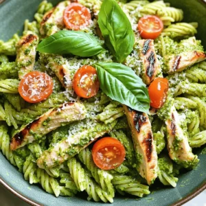 To make this tasty dish, you will need: - 2 cups pasta of your choice (fusilli or penne work well) - 2 chicken breasts, boneless and skinless - 1 cup fresh basil leaves - ½ cup fresh parsley leaves - ¼ cup pine nuts (or walnuts) - 1 garlic clove - ½ cup olive oil - ¼ cup grated Parmesan cheese (plus extra for serving) - Salt and pepper to taste - Cherry tomatoes, halved, for garnish - Fresh basil leaves, for garnish I like to use fusilli or penne pasta for this recipe. They hold the pesto well. You can also try spaghetti or farfalle. Each type adds a unique twist to your dish. If you have dietary needs, don’t worry. You can swap out chicken for tofu or grilled veggies. For gluten-free options, use chickpea or rice pasta. If you're dairy-free, skip the cheese or use a vegan substitute. These changes still keep the dish flavorful! To start, fill a large pot with water. Add a good amount of salt. Bring the water to a rolling boil. Once boiling, add 2 cups of your chosen pasta, like fusilli or penne. Cook it according to the package instructions. You want the pasta to be al dente. This means it should still have a slight bite. Drain the pasta, but save a little pasta water. Set the pasta aside in a bowl. While the pasta cooks, it's time to make the pesto. Grab your food processor and add 1 cup of fresh basil leaves, ½ cup of parsley, ¼ cup of pine nuts, and 1 garlic clove. Blend these until finely chopped. Next, with the processor running, slowly pour in ½ cup of olive oil. This will make your pesto smooth. Finally, mix in ¼ cup of grated Parmesan cheese. Season with salt and pepper to taste. Now, let’s focus on the chicken. Preheat your grill or grill pan to medium-high heat. Take 2 boneless, skinless chicken breasts and season them with salt and pepper on both sides. Place them on the grill. Grill each side for about 6 to 7 minutes. You know they’re done when the juices run clear. Once cooked, remove the chicken and let it rest for a few minutes. Then, slice it into strips. In a large mixing bowl, add the drained pasta. Pour the fresh pesto over the pasta. Toss it well so every piece of pasta is coated. Now, serve the pesto pasta onto plates. Top each plate with a generous amount of grilled chicken strips. For a pop of color, add some halved cherry tomatoes. Finish with a sprinkle of extra Parmesan cheese and a few fresh basil leaves. Enjoy your delicious meal! To make smooth pesto, use a food processor. Start by adding the basil, parsley, pine nuts, and garlic. Pulse these ingredients until they are finely chopped. Slowly pour in the olive oil while the machine runs. This helps blend the oil in well. Stop to scrape down the sides if needed. For the best texture, add the Parmesan cheese last. This way, it mixes in perfectly. Taste your pesto and adjust salt and pepper to your liking. Grilling chicken can be easy with a few tips. First, always start with room temperature chicken. Season the breasts with salt and pepper before grilling. Preheat your grill or pan to medium-high heat. This helps sear the chicken, keeping it juicy. Grill each side for about 6-7 minutes. Look for clear juices to know it’s done. Let the chicken rest for a few minutes before slicing. This step keeps the juices locked inside. Serving your pesto pasta nicely makes it more appealing. Use a large, shallow bowl for the pasta. This allows the colors to shine. Top the pasta with grilled chicken strips. Add halved cherry tomatoes for a pop of color. Finish with a sprinkle of Parmesan cheese and fresh basil leaves. For an added touch, drizzle a little olive oil on top. This creates a beautiful dish that everyone will enjoy. {{image_2}} You can make this dish meat-free by skipping the chicken. Just toss the pasta with pesto and enjoy. This option keeps the flavors rich and fresh. You still get a tasty meal without the meat. Add some extra cheese for an added flavor boost. Adding veggies makes your pesto pasta even better. Toss in some peas for a pop of color and sweetness. Fresh spinach adds a nice green touch and boosts nutrition. You can also add zucchini, sliced thin or spiralized. Each of these options brings a new layer of flavor. You don’t have to stick with pine nuts for your pesto. Walnuts are a great choice too. They give a rich, earthy taste. Almonds can also work, adding a slight sweetness. Each nut changes the flavor slightly, so feel free to experiment! Store your pesto pasta and grilled chicken in airtight containers. This keeps them fresh and flavorful. Let the pasta cool to room temperature before sealing. If you have extra chicken, slice it first to fit better in the container. Keep it in the fridge for up to three days. To reheat, gently warm the pasta in a skillet over low heat. Add a splash of olive oil or water if it seems dry. Stir often to heat evenly. For chicken, you can use the microwave. Heat in short bursts to avoid drying it out. Aim for just warm, not hot. Freezing pesto is a great way to save it. Pour the pesto into ice cube trays for easy portions. Once frozen, pop the cubes into a freezer bag. It will keep well for about three months. When you're ready to use it, thaw in the fridge overnight or use directly in warm pasta. Yes, you can use store-bought pesto. It saves time and is tasty. Look for a brand with fresh ingredients. The flavor may differ from homemade but can still be good. I recommend boneless, skinless chicken breasts. They cook evenly and stay juicy. You can also use thighs for extra flavor. Just remember to adjust the cooking time. Store leftover pesto pasta in an airtight container. It lasts 3 to 5 days in the fridge. For best taste, eat it within a few days. Reheat gently to avoid drying it out. You can use walnuts or sunflower seeds. Both add a nutty flavor. If you're nut-free, try pumpkin seeds. They work well in pesto and keep it creamy. This post covered making pesto pasta with grilled chicken. You learned about key ingredients, how to cook pasta and chicken, plus tips for great results. We explored variations for dietary needs and how to store leftovers. Pesto pasta is simple, fun, and full of flavor. You can easily adjust it to fit your taste and enjoy every bite. Happy cooking!