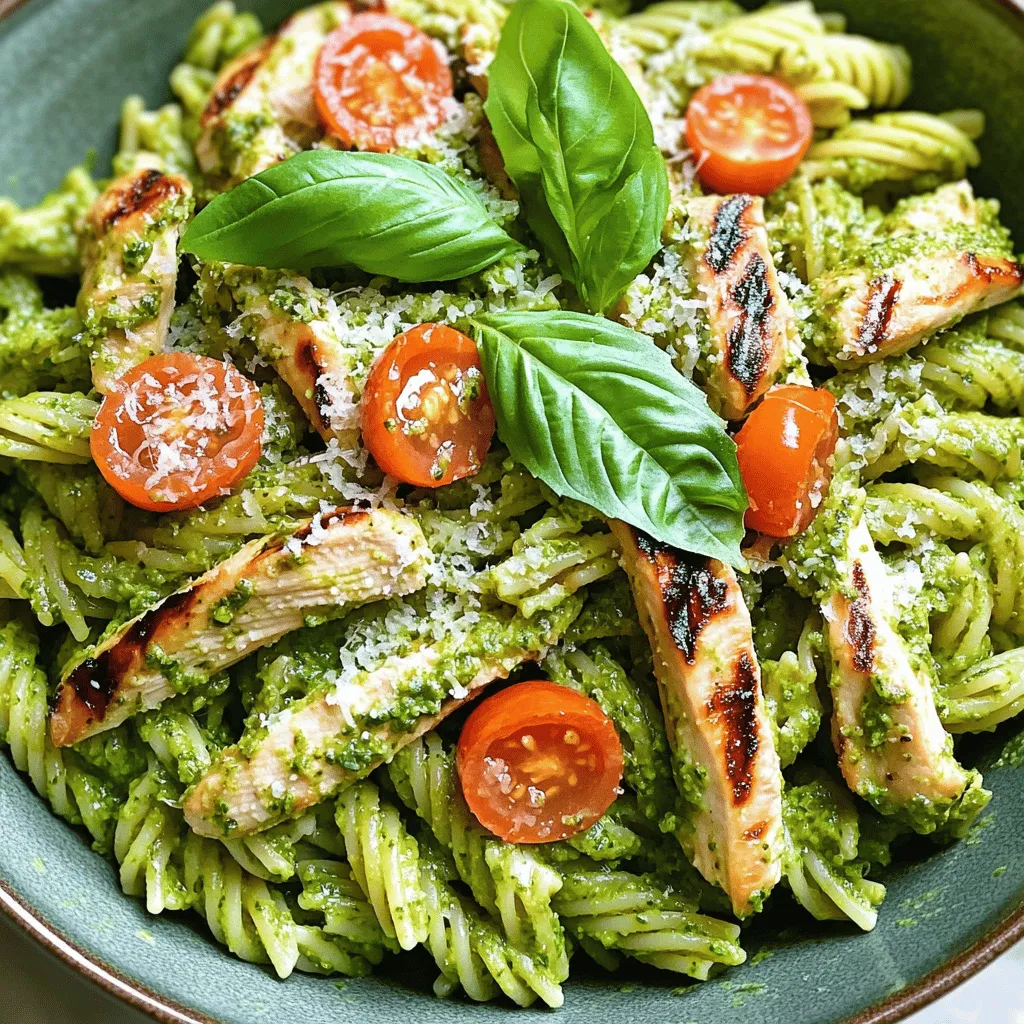 To make this tasty dish, you will need: - 2 cups pasta of your choice (fusilli or penne work well) - 2 chicken breasts, boneless and skinless - 1 cup fresh basil leaves - ½ cup fresh parsley leaves - ¼ cup pine nuts (or walnuts) - 1 garlic clove - ½ cup olive oil - ¼ cup grated Parmesan cheese (plus extra for serving) - Salt and pepper to taste - Cherry tomatoes, halved, for garnish - Fresh basil leaves, for garnish I like to use fusilli or penne pasta for this recipe. They hold the pesto well. You can also try spaghetti or farfalle. Each type adds a unique twist to your dish. If you have dietary needs, don’t worry. You can swap out chicken for tofu or grilled veggies. For gluten-free options, use chickpea or rice pasta. If you're dairy-free, skip the cheese or use a vegan substitute. These changes still keep the dish flavorful! To start, fill a large pot with water. Add a good amount of salt. Bring the water to a rolling boil. Once boiling, add 2 cups of your chosen pasta, like fusilli or penne. Cook it according to the package instructions. You want the pasta to be al dente. This means it should still have a slight bite. Drain the pasta, but save a little pasta water. Set the pasta aside in a bowl. While the pasta cooks, it's time to make the pesto. Grab your food processor and add 1 cup of fresh basil leaves, ½ cup of parsley, ¼ cup of pine nuts, and 1 garlic clove. Blend these until finely chopped. Next, with the processor running, slowly pour in ½ cup of olive oil. This will make your pesto smooth. Finally, mix in ¼ cup of grated Parmesan cheese. Season with salt and pepper to taste. Now, let’s focus on the chicken. Preheat your grill or grill pan to medium-high heat. Take 2 boneless, skinless chicken breasts and season them with salt and pepper on both sides. Place them on the grill. Grill each side for about 6 to 7 minutes. You know they’re done when the juices run clear. Once cooked, remove the chicken and let it rest for a few minutes. Then, slice it into strips. In a large mixing bowl, add the drained pasta. Pour the fresh pesto over the pasta. Toss it well so every piece of pasta is coated. Now, serve the pesto pasta onto plates. Top each plate with a generous amount of grilled chicken strips. For a pop of color, add some halved cherry tomatoes. Finish with a sprinkle of extra Parmesan cheese and a few fresh basil leaves. Enjoy your delicious meal! To make smooth pesto, use a food processor. Start by adding the basil, parsley, pine nuts, and garlic. Pulse these ingredients until they are finely chopped. Slowly pour in the olive oil while the machine runs. This helps blend the oil in well. Stop to scrape down the sides if needed. For the best texture, add the Parmesan cheese last. This way, it mixes in perfectly. Taste your pesto and adjust salt and pepper to your liking. Grilling chicken can be easy with a few tips. First, always start with room temperature chicken. Season the breasts with salt and pepper before grilling. Preheat your grill or pan to medium-high heat. This helps sear the chicken, keeping it juicy. Grill each side for about 6-7 minutes. Look for clear juices to know it’s done. Let the chicken rest for a few minutes before slicing. This step keeps the juices locked inside. Serving your pesto pasta nicely makes it more appealing. Use a large, shallow bowl for the pasta. This allows the colors to shine. Top the pasta with grilled chicken strips. Add halved cherry tomatoes for a pop of color. Finish with a sprinkle of Parmesan cheese and fresh basil leaves. For an added touch, drizzle a little olive oil on top. This creates a beautiful dish that everyone will enjoy. {{image_2}} You can make this dish meat-free by skipping the chicken. Just toss the pasta with pesto and enjoy. This option keeps the flavors rich and fresh. You still get a tasty meal without the meat. Add some extra cheese for an added flavor boost. Adding veggies makes your pesto pasta even better. Toss in some peas for a pop of color and sweetness. Fresh spinach adds a nice green touch and boosts nutrition. You can also add zucchini, sliced thin or spiralized. Each of these options brings a new layer of flavor. You don’t have to stick with pine nuts for your pesto. Walnuts are a great choice too. They give a rich, earthy taste. Almonds can also work, adding a slight sweetness. Each nut changes the flavor slightly, so feel free to experiment! Store your pesto pasta and grilled chicken in airtight containers. This keeps them fresh and flavorful. Let the pasta cool to room temperature before sealing. If you have extra chicken, slice it first to fit better in the container. Keep it in the fridge for up to three days. To reheat, gently warm the pasta in a skillet over low heat. Add a splash of olive oil or water if it seems dry. Stir often to heat evenly. For chicken, you can use the microwave. Heat in short bursts to avoid drying it out. Aim for just warm, not hot. Freezing pesto is a great way to save it. Pour the pesto into ice cube trays for easy portions. Once frozen, pop the cubes into a freezer bag. It will keep well for about three months. When you're ready to use it, thaw in the fridge overnight or use directly in warm pasta. Yes, you can use store-bought pesto. It saves time and is tasty. Look for a brand with fresh ingredients. The flavor may differ from homemade but can still be good. I recommend boneless, skinless chicken breasts. They cook evenly and stay juicy. You can also use thighs for extra flavor. Just remember to adjust the cooking time. Store leftover pesto pasta in an airtight container. It lasts 3 to 5 days in the fridge. For best taste, eat it within a few days. Reheat gently to avoid drying it out. You can use walnuts or sunflower seeds. Both add a nutty flavor. If you're nut-free, try pumpkin seeds. They work well in pesto and keep it creamy. This post covered making pesto pasta with grilled chicken. You learned about key ingredients, how to cook pasta and chicken, plus tips for great results. We explored variations for dietary needs and how to store leftovers. Pesto pasta is simple, fun, and full of flavor. You can easily adjust it to fit your taste and enjoy every bite. Happy cooking!