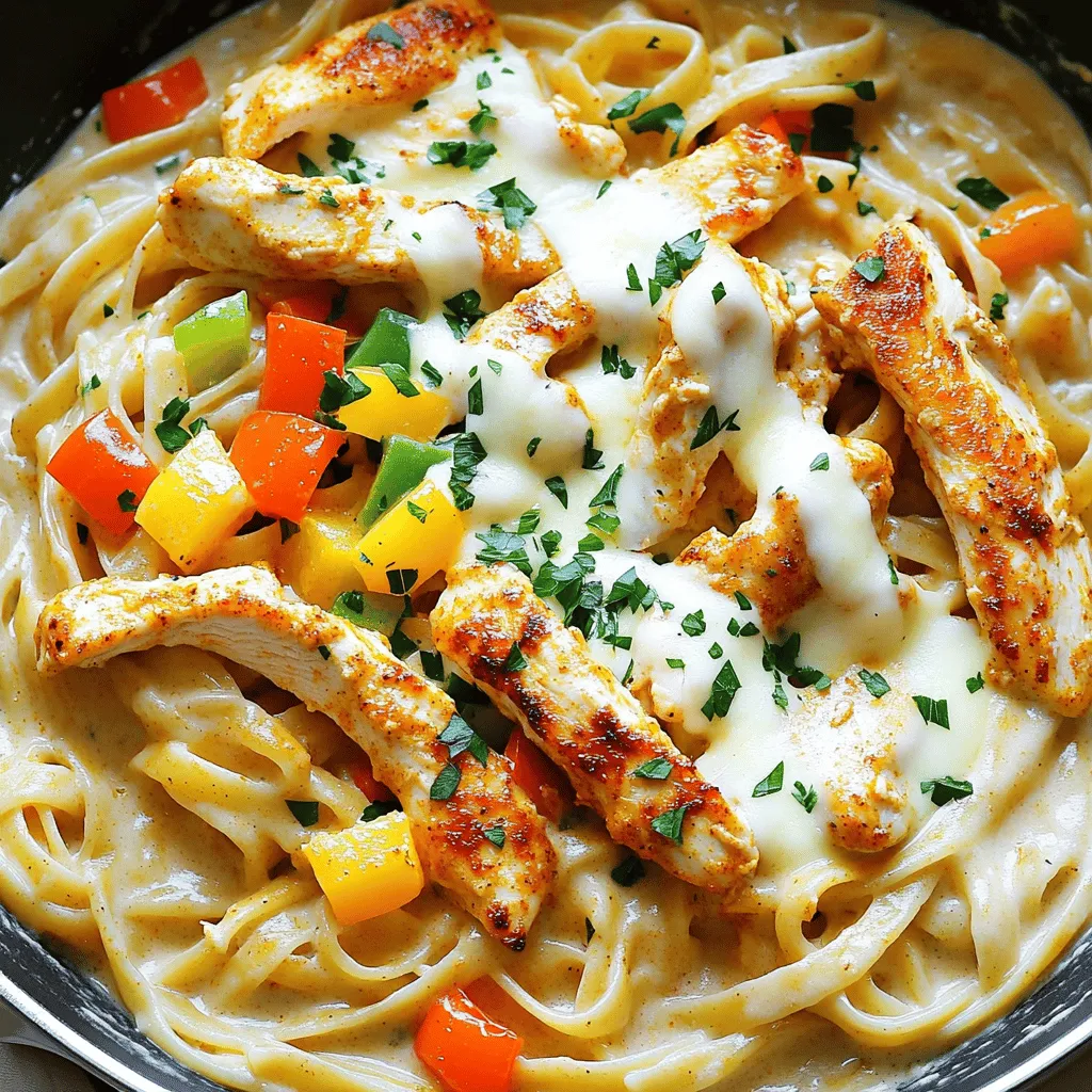 - 2 boneless, skinless chicken breasts - 2 tablespoons Cajun seasoning - 1 tablespoon olive oil - 3 cloves garlic, minced - 1 medium onion, diced - 1 bell pepper (red or green), diced - 1 cup heavy cream - 1 cup chicken broth - 1 cup shredded mozzarella cheese - 8 oz fettuccine or penne pasta For this creamy Cajun chicken pasta, you need simple and tasty ingredients. Each item plays a key role in making the dish flavorful. 1. Chicken breasts: Use skinless and boneless for easy cooking. They soak up the seasoning well. 2. Cajun seasoning: This gives the dish its bold flavor. Adjust the amount based on how spicy you want it. 3. Olive oil: Use this for cooking the chicken. It adds a nice richness. 4. Garlic, onion, and bell pepper: These veggies add sweetness and depth to the sauce. 5. Heavy cream and chicken broth: Together, they create a rich, creamy sauce that hugs the pasta. 6. Mozzarella cheese: This melts beautifully and adds a cheesy flavor. 7. Fettuccine or penne pasta: These shapes hold the sauce well, making every bite delicious. - Fresh parsley - Additional seasoning suggestions Garnish your dish with fresh parsley for color and flavor. You can also sprinkle more Cajun seasoning or even some grated Parmesan cheese for extra taste. - Estimated calories per serving: 550 - Breakdown of macronutrients: - Protein: 30g - Carbohydrates: 60g - Fat: 20g This dish is hearty and filling. Each serving gives you a good mix of protein, carbs, and fat, making it perfect for a satisfying meal. First, bring a large pot of salted water to a boil. Add your fettuccine or penne pasta. Cook it until it is al dente, which usually takes about 8 to 10 minutes. This means the pasta should still have a slight bite to it. Once cooked, drain the pasta and set it aside in a bowl. While the pasta cooks, take your chicken breasts. Sprinkle Cajun seasoning on both sides of each piece. Make sure to coat them well. Next, heat a tablespoon of olive oil in a large skillet over medium-high heat. Add the seasoned chicken and cook for about 5 to 7 minutes on each side. You want them golden brown and cooked through. After cooking, remove the chicken from the skillet and let it rest. Slice it into strips after a few minutes. In the same skillet, add minced garlic, diced onion, and bell pepper. Sauté these for about 3 to 4 minutes. You want the onions to become translucent and the peppers to soften. Then, slowly pour in the chicken broth and heavy cream. Scrape the bits from the bottom of the skillet as you mix. Bring this to a simmer and cook for about 3 to 5 minutes. The sauce will thicken slightly as it cooks. Now, add the drained pasta into the skillet. Toss the pasta in the creamy sauce until it is well coated. Then, stir in the sliced chicken and shredded mozzarella cheese. Mix until everything is combined and the cheese melts. Taste it and season with salt and pepper if needed. To serve, plate the creamy Cajun chicken pasta. A sprinkle of chopped parsley on top adds a nice touch. You can pair it with a fresh salad or crusty bread for a complete meal. A glass of white wine also makes a great addition. Enjoy your dish! Choosing the right cut of chicken is key. I recommend using boneless, skinless chicken breasts. They cook evenly and stay moist. You can also use thighs for more flavor. For marinades, I like to use Cajun seasoning. This adds a nice kick. Coat the chicken well and let it sit for a few minutes. This allows the spice to soak in. To thicken the sauce properly, let it simmer. This helps it reduce and gain flavor. If it seems too thick, add a bit of chicken broth. This keeps it smooth. I also like to alternate cream and broth ratios. Start with equal parts, then adjust as you like. More cream makes it richer, while more broth lightens it up. To avoid overcooked pasta, watch the clock. Cook it just until al dente. This means it should be firm when bitten. Drain it right away to stop cooking. Flavoring the boiling water is a great trick. Add a good amount of salt. This helps the pasta absorb flavor while it cooks. You can even add a splash of olive oil if you want. {{image_2}} You can switch proteins in this dish for variety. Shrimp or sausage both work well. Shrimp adds a nice flavor and cooks quickly. Sausage gives a hearty touch and can be spicy or mild. If you need a dairy-free option, you can use coconut milk instead of heavy cream. It keeps the dish creamy and rich. For a lower-calorie option, try using almond milk with a thickener. While fettuccine or penne is great, you can use any pasta shape. Bowtie or spaghetti can change the look and feel of the dish. Each shape holds the sauce in a different way. For those who need gluten-free options, look for gluten-free pasta made from rice or chickpeas. These options taste great and still hold up well in the sauce. Adding veggies can boost nutrition and flavor. Spinach adds a fresh taste, while mushrooms give a meaty bite. You can toss in some peas or zucchini for extra color too. You can also adjust the spice level. If you like it hot, add more Cajun seasoning or some crushed red pepper. If you want less heat, use less seasoning or skip the pepper. To store leftovers, let the dish cool first. Place the pasta in an airtight container. It will stay fresh for up to three days in the fridge. Use a glass or plastic container with a tight seal for best results. The best way to reheat pasta is on the stovetop. Add a splash of chicken broth or cream to keep it creamy. Stir over medium heat until warmed through. You can also use the microwave, but stir it every minute to avoid hot spots. You can freeze this pasta dish for up to three months. Allow it to cool, then transfer it to a freezer-safe container. For thawing, place it in the fridge overnight. Reheat on the stovetop or microwave, adding a bit of cream to restore the sauce's richness. Creamy Cajun chicken pasta stays fresh in the fridge for up to three days. Store it in an airtight container. This keeps the flavors locked in and prevents it from drying out. Yes, you can prep this dish ahead. Cook the pasta and chicken, then store them separately. You can mix them with the sauce right before serving. This keeps everything fresh and tasty. If you want a lighter sauce, use half-and-half or whole milk instead of heavy cream. You can also try coconut milk for a dairy-free option. These swaps lower the calories and still keep it creamy. Cajun chicken pasta can be spicy, but you control the heat. Use less Cajun seasoning if you prefer milder flavors. You can also add more cream to tone down the spice. Absolutely! While fettuccine or penne works great, you can use any pasta you like. Bowtie, spaghetti, or even gluten-free pasta are good options. Just cook it according to the package instructions. This blog covered a delicious Cajun chicken pasta recipe, detailing the ingredients, instructions, and tips. You learned how to cook chicken, make a creamy sauce, and enhance flavors. I shared variations and storage methods to keep your dish fresh. Remember, you can mix and match ingredients to fit your taste. This meal is simple yet full of flavor. Enjoy creating your own version and impress those around you!