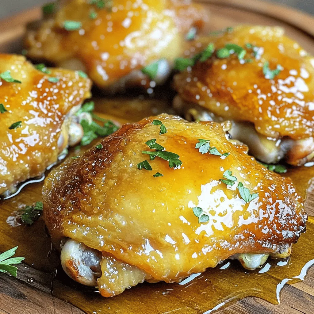 To make honey butter chicken, you'll need the following ingredients: - 4 boneless, skinless chicken thighs - 1 cup all-purpose flour - 1 teaspoon garlic powder - 1 teaspoon paprika - ½ teaspoon salt - ½ teaspoon black pepper - 1 large egg - ¼ cup milk - ½ cup unsalted butter - ½ cup honey - 2 tablespoons soy sauce (or tamari for gluten-free) - 1 teaspoon Dijon mustard (optional) - Fresh herbs (like parsley or thyme) for garnish Each item plays a key role in giving the dish its rich flavor and crispy texture. If you have special dietary needs, you can still enjoy this dish. Here are some swaps: - Chicken: Use chicken breasts or tenders if you prefer. - Flour: Replace all-purpose flour with a gluten-free blend. - Milk: Use almond milk or oat milk for a dairy-free option. - Butter: Substitute with olive oil or a plant-based butter. - Honey: Agave nectar or maple syrup works well for a vegan option. These adjustments keep the essence of honey butter chicken while catering to your needs. Garnishing adds a lovely touch to your dish. Here are some herbs to consider: - Parsley: Brightens the plate with color. - Thyme: Adds a subtle earthiness. - Chives: Gives a mild onion flavor. Using fresh herbs enhances the taste and makes your meal look appealing. Consider mixing different herbs for an eye-catching finish! 1. First, dry the chicken thighs with paper towels. This helps them get crispy when cooked. 2. Next, mix the flour, garlic powder, paprika, salt, and black pepper in a shallow dish. 3. In another bowl, whisk the egg and milk together until smooth. 4. Dip each chicken thigh in the egg mix, then coat it in the flour mix. Shake off any extra flour. 5. Heat 2 tablespoons of butter in a large skillet over medium heat. Add the breaded chicken thighs. 6. Cook each side for about 5-6 minutes until golden brown. The chicken should reach 165°F (75°C). 7. Set the chicken aside, then lower the heat. Add the remaining butter, honey, soy sauce, and Dijon mustard in the same skillet. 8. Stir until the sauce is bubbly and mixed well. 9. Return the chicken to the skillet, coating it in the honey butter sauce. Cook for 2-3 more minutes. 10. Let the chicken sit for a minute in the sauce to soak up the flavors. 11. Garnish with fresh herbs before serving for a beautiful touch. - Make sure to pat the chicken dry. This step helps the breading stick well. - Use a shallow dish for the flour mix. It makes coating the chicken easier. - Do not overcrowd the skillet when cooking. Leave space for heat to circulate. - Flip the chicken only once. This helps keep the breading intact. - Large skillet: A non-stick skillet works best for easy cooking and cleanup. - Shallow dishes: Use them for the flour and egg mixtures. - Meat thermometer: This tool checks if the chicken is fully cooked. - Tongs: They help you flip the chicken without damaging the breading. To get crispy chicken thighs, start with dry meat. Patting them dry helps a lot. The next step is the breading. Use a mix of flour, garlic powder, paprika, salt, and pepper. This mix gives flavor and crunch. After you coat the chicken in the egg mix, press it into the flour mix. This helps the coating stick better. Cook them in hot butter. This sears the chicken and makes it crispy. Flip the chicken only once to keep the crust intact. You can boost the flavor with a few extra touches. Add a teaspoon of Dijon mustard for a nice tang. It blends well with the honey and butter. You can also toss in some chili flakes for heat. If you love herbs, mix in some fresh thyme or rosemary into the honey sauce. This adds an aromatic kick. Remember, fresh herbs like parsley or thyme make a great garnish too. They add color and a fresh taste. Avoid these mistakes for the best honey butter chicken. First, don't skip drying the chicken. Wet chicken won't crisp up. Second, don’t rush the cooking. Keep the heat at medium. Cooking too fast can burn the outside while leaving the inside raw. Also, watch the coating. If you don't shake off excess flour, it can clump during frying. Finally, let the chicken sit in the sauce for a minute. This helps it soak up all that sweet, buttery goodness. {{image_2}} You can swap chicken thighs for other proteins. Try chicken breasts for a leaner option. Pork chops can also work well. Just adjust the cook time. For shrimp lovers, use peeled shrimp. Cook them quickly to keep them tender. Each protein offers a tasty twist while keeping that sweet and buttery flavor. If you want a meat-free meal, mushrooms are a great substitute. Use large portobello caps. They soak up the honey butter sauce well. You can also try tofu. Press and cube it for best results. Coat tofu in the flour mix before frying. Both options deliver a hearty meal full of flavor. Serving honey butter chicken with rice is a classic choice. Fluffy white or brown rice pairs perfectly. You can also serve it with steamed vegetables. Broccoli, green beans, or carrots add color and crunch. For a fun twist, try it on a bed of mashed potatoes. Drizzle extra sauce on top for an added treat. To keep your honey butter chicken fresh, place it in an airtight container. Make sure the chicken is cool before sealing. Store it in the fridge for up to three days. If you need to keep it longer, freezing is a good option. When reheating, use a skillet for best results. Heat the skillet over low heat. Add a splash of water or chicken broth to keep it moist. Cover it with a lid to trap steam. This way, your chicken stays juicy and warm. You can also microwave it, but do so in short bursts. Stir it occasionally to heat it evenly. For freezing, wrap each piece of chicken tightly in plastic wrap. Then, place it in a freezer bag. Label the bag with the date. Honey butter chicken can last up to three months in the freezer. To thaw, place it in the fridge overnight. You can also use the microwave, but be careful not to cook it. Once thawed, reheat as mentioned above. If you need a honey substitute, try maple syrup or agave nectar. Both add sweetness. You can also use brown sugar mixed with water. This mix can mimic the texture of honey. Keep in mind that the flavor will change slightly, but it will still taste good. Honey butter chicken lasts about three to four days in the fridge. Store it in an airtight container. This helps keep it fresh and tasty. When you reheat it, make sure it reaches 165°F (75°C) for food safety. Yes, you can make honey butter chicken in an air fryer! First, bread the chicken as directed. Preheat the air fryer to 375°F (190°C). Cook the chicken for about 15-20 minutes, flipping halfway. Check that the chicken is cooked through and golden. After cooking, coat the chicken in the honey butter sauce in a bowl. Enjoy the crispy, tasty result! This blog covered how to make honey butter chicken. We discussed the ingredients, helpful substitutions, and tasty herbs for garnish. You learned the steps to cook it perfectly, including tips for crispy thighs and common mistakes to avoid. We also explored variations with different proteins and vegetarian options. Finally, I shared how to store leftovers and answer your FAQs. Now, you have the tools to create this dish confidently. Enjoy your cooking journey!