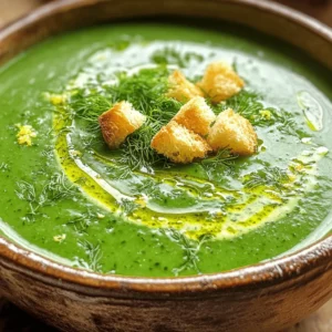 - 1 tablespoon olive oil - 1 onion, chopped - 2 cloves garlic, minced - 4 cups vegetable broth - 3 cups fresh spinach, chopped - 1 cup fresh parsley, chopped - 1 cup fresh basil, chopped - 1/2 cup fresh dill, chopped - 1 tablespoon lemon juice - Salt and pepper to taste - Optional: 1/4 cup cream or coconut milk for creaminess - Croutons for garnish When I make Green Goddess Herb Soup, I love using fresh herbs. They bring a bright taste to the dish. Olive oil adds richness, while onion and garlic give a warm base. Vegetable broth keeps it light and healthy. I chop three cups of fresh spinach. It makes the soup vibrant and packed with nutrients. Fresh parsley, basil, and dill also enhance the flavor. Together, they create a fresh, herbaceous taste. Lemon juice adds a zesty kick. Just a tablespoon brightens the whole soup. Salt and pepper round out the flavors perfectly. If you want a creamier soup, add a splash of cream or coconut milk. Finally, croutons add a fun crunch. They make each bite more exciting. This soup is not just good for you; it’s also tasty and satisfying. First, heat 1 tablespoon of olive oil in a large pot over medium heat. Add the chopped onion. Sauté it for about 5 minutes until it looks translucent. This step adds a sweet base to our soup. Next, add 2 cloves of minced garlic. Cook it for just 1 minute. Stir often to prevent burning. Now, pour in 4 cups of vegetable broth. Bring this mixture to a boil. Once the broth boils, lower the heat to a simmer. Add 3 cups of chopped spinach, 1 cup of chopped parsley, 1 cup of chopped basil, and 1/2 cup of chopped dill. Cook these greens for 5 to 7 minutes. You want them to be tender but still bright in color. This is where the fresh flavors shine. Now comes the fun part! Use an immersion blender to blend the soup until it is smooth. If you don’t have one, you can carefully transfer the soup in batches to a blender. Stir in 1 tablespoon of lemon juice for a zesty touch. If you want a richer taste, add 1/4 cup of cream or coconut milk. Season with salt and pepper to your liking. Serve the soup hot and enjoy the flavors! To make your Green Goddess Herb Soup shine, focus on balancing the seasonings. Start with salt and pepper. Taste as you go. This helps you adjust the flavors to your liking. For a creamy texture, add cream or coconut milk. Stir it in after blending the soup. This creates a rich and smooth finish. If you want a lighter version, skip the cream entirely. The soup still tastes great without it. For a smooth soup, a good blender is key. I recommend an immersion blender. It makes blending easy right in the pot. If you prefer a traditional blender, that works too. Just blend in batches to avoid spills. Choose a sturdy pot for cooking. A heavy-bottomed pot heats evenly. This helps prevent burning the garlic and onions as you sauté them. A large pot is best, as it gives you space to stir. Garnishing with croutons adds a nice crunch. Sprinkle them on top just before serving. This gives each bowl a fun texture. Pair the soup with crusty bread or a fresh salad. The bread helps soak up the soup. A salad adds a crisp contrast and keeps the meal light. You can even serve the soup in a bread bowl for a fun twist! {{image_2}} You can play with herbs in this soup. Try using chives or cilantro instead of parsley. Each herb brings a new taste. If you want a bolder flavor, add tarragon or thyme. For the creaminess, you can choose cream or coconut milk. Cream adds richness and a smooth texture. Coconut milk gives a light, sweet taste. Choose what fits your style best! To make this soup dairy-free, skip the cream. Use only coconut milk or leave it out. You can still enjoy a creamy soup without dairy. Add blended nuts for more texture and flavor. If you want protein, mix in beans or lentils. These added ingredients will make the meal more filling and healthy. They bring a nice texture too. Use seasonal greens to keep the soup fresh. In spring, add young kale or arugula. In fall, try using Swiss chard or collard greens. Each season offers different flavors. You can also adapt the recipe for your climate. In hot weather, serve it cold. Blend in a bit of yogurt for a refreshing twist. In cooler months, enjoy it hot with crusty bread. You can store the Green Goddess Herb Soup in the fridge for up to five days. To keep it fresh, use airtight containers. Glass jars or plastic containers with tight seals work best. This way, the soup stays tasty and avoids spills. To freeze the soup, let it cool completely first. Pour it into freezer-safe bags or containers. Leave some space at the top for expansion. Label the bags with the date. When you're ready to eat, thaw it in the fridge overnight. You can also use the microwave for a quick thaw. For the best taste, reheat the soup slowly. Warm it on the stove over low heat. Stir it often to avoid burning. You can also use a microwave, heating in short bursts. Just make sure to stir in between. This way, you keep the flavors bright and fresh! Green Goddess Herb Soup is a bright, green soup filled with fresh herbs and greens. The name comes from the famous Green Goddess dressing, which uses similar herbs. This soup offers a tasty way to enjoy nutrient-rich ingredients like spinach, parsley, basil, and dill. It is a comforting dish with roots in California cuisine. Chefs created it to highlight the flavors of fresh herbs. You can serve it warm or chilled, making it a versatile option. Yes, you can use dried herbs, but the flavor will change. Dried herbs have a more concentrated taste. This means you need less when using them. Typically, use one-third of the amount of dried herbs compared to fresh. The texture of the soup will also differ. Fresh herbs provide a vibrant look and a fresh bite. Dried herbs do not offer the same visual appeal. For best results, stick with fresh herbs when you can. To add heat, try a few simple tips. You can add red pepper flakes to the soup while it cooks. Start with a small pinch and taste as you go. Another option is to use fresh jalapeños or serrano peppers. Chop them finely and sauté with the onion and garlic. If you like a smoky flavor, add a dash of smoked paprika. Remember, heat levels can vary, so adjust to your liking. Enjoy the process of finding your perfect spice level! This article covers the recipe for Green Goddess Herb Soup. You learned about fresh ingredients, preparation steps, and tips for flavor. Remember, using fresh herbs gives your soup a vibrant taste. You can easily adapt the recipe to meet your needs, whether vegan or creamy. Proper storage helps you enjoy leftovers later. Keep experimenting with flavors and enjoy your new favorite dish. This soup not only nourishes but also delights. Happy cooking!