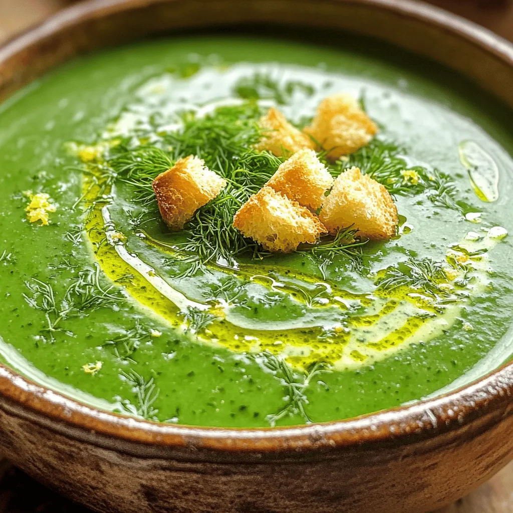 - 1 tablespoon olive oil - 1 onion, chopped - 2 cloves garlic, minced - 4 cups vegetable broth - 3 cups fresh spinach, chopped - 1 cup fresh parsley, chopped - 1 cup fresh basil, chopped - 1/2 cup fresh dill, chopped - 1 tablespoon lemon juice - Salt and pepper to taste - Optional: 1/4 cup cream or coconut milk for creaminess - Croutons for garnish When I make Green Goddess Herb Soup, I love using fresh herbs. They bring a bright taste to the dish. Olive oil adds richness, while onion and garlic give a warm base. Vegetable broth keeps it light and healthy. I chop three cups of fresh spinach. It makes the soup vibrant and packed with nutrients. Fresh parsley, basil, and dill also enhance the flavor. Together, they create a fresh, herbaceous taste. Lemon juice adds a zesty kick. Just a tablespoon brightens the whole soup. Salt and pepper round out the flavors perfectly. If you want a creamier soup, add a splash of cream or coconut milk. Finally, croutons add a fun crunch. They make each bite more exciting. This soup is not just good for you; it’s also tasty and satisfying. First, heat 1 tablespoon of olive oil in a large pot over medium heat. Add the chopped onion. Sauté it for about 5 minutes until it looks translucent. This step adds a sweet base to our soup. Next, add 2 cloves of minced garlic. Cook it for just 1 minute. Stir often to prevent burning. Now, pour in 4 cups of vegetable broth. Bring this mixture to a boil. Once the broth boils, lower the heat to a simmer. Add 3 cups of chopped spinach, 1 cup of chopped parsley, 1 cup of chopped basil, and 1/2 cup of chopped dill. Cook these greens for 5 to 7 minutes. You want them to be tender but still bright in color. This is where the fresh flavors shine. Now comes the fun part! Use an immersion blender to blend the soup until it is smooth. If you don’t have one, you can carefully transfer the soup in batches to a blender. Stir in 1 tablespoon of lemon juice for a zesty touch. If you want a richer taste, add 1/4 cup of cream or coconut milk. Season with salt and pepper to your liking. Serve the soup hot and enjoy the flavors! To make your Green Goddess Herb Soup shine, focus on balancing the seasonings. Start with salt and pepper. Taste as you go. This helps you adjust the flavors to your liking. For a creamy texture, add cream or coconut milk. Stir it in after blending the soup. This creates a rich and smooth finish. If you want a lighter version, skip the cream entirely. The soup still tastes great without it. For a smooth soup, a good blender is key. I recommend an immersion blender. It makes blending easy right in the pot. If you prefer a traditional blender, that works too. Just blend in batches to avoid spills. Choose a sturdy pot for cooking. A heavy-bottomed pot heats evenly. This helps prevent burning the garlic and onions as you sauté them. A large pot is best, as it gives you space to stir. Garnishing with croutons adds a nice crunch. Sprinkle them on top just before serving. This gives each bowl a fun texture. Pair the soup with crusty bread or a fresh salad. The bread helps soak up the soup. A salad adds a crisp contrast and keeps the meal light. You can even serve the soup in a bread bowl for a fun twist! {{image_2}} You can play with herbs in this soup. Try using chives or cilantro instead of parsley. Each herb brings a new taste. If you want a bolder flavor, add tarragon or thyme. For the creaminess, you can choose cream or coconut milk. Cream adds richness and a smooth texture. Coconut milk gives a light, sweet taste. Choose what fits your style best! To make this soup dairy-free, skip the cream. Use only coconut milk or leave it out. You can still enjoy a creamy soup without dairy. Add blended nuts for more texture and flavor. If you want protein, mix in beans or lentils. These added ingredients will make the meal more filling and healthy. They bring a nice texture too. Use seasonal greens to keep the soup fresh. In spring, add young kale or arugula. In fall, try using Swiss chard or collard greens. Each season offers different flavors. You can also adapt the recipe for your climate. In hot weather, serve it cold. Blend in a bit of yogurt for a refreshing twist. In cooler months, enjoy it hot with crusty bread. You can store the Green Goddess Herb Soup in the fridge for up to five days. To keep it fresh, use airtight containers. Glass jars or plastic containers with tight seals work best. This way, the soup stays tasty and avoids spills. To freeze the soup, let it cool completely first. Pour it into freezer-safe bags or containers. Leave some space at the top for expansion. Label the bags with the date. When you're ready to eat, thaw it in the fridge overnight. You can also use the microwave for a quick thaw. For the best taste, reheat the soup slowly. Warm it on the stove over low heat. Stir it often to avoid burning. You can also use a microwave, heating in short bursts. Just make sure to stir in between. This way, you keep the flavors bright and fresh! Green Goddess Herb Soup is a bright, green soup filled with fresh herbs and greens. The name comes from the famous Green Goddess dressing, which uses similar herbs. This soup offers a tasty way to enjoy nutrient-rich ingredients like spinach, parsley, basil, and dill. It is a comforting dish with roots in California cuisine. Chefs created it to highlight the flavors of fresh herbs. You can serve it warm or chilled, making it a versatile option. Yes, you can use dried herbs, but the flavor will change. Dried herbs have a more concentrated taste. This means you need less when using them. Typically, use one-third of the amount of dried herbs compared to fresh. The texture of the soup will also differ. Fresh herbs provide a vibrant look and a fresh bite. Dried herbs do not offer the same visual appeal. For best results, stick with fresh herbs when you can. To add heat, try a few simple tips. You can add red pepper flakes to the soup while it cooks. Start with a small pinch and taste as you go. Another option is to use fresh jalapeños or serrano peppers. Chop them finely and sauté with the onion and garlic. If you like a smoky flavor, add a dash of smoked paprika. Remember, heat levels can vary, so adjust to your liking. Enjoy the process of finding your perfect spice level! This article covers the recipe for Green Goddess Herb Soup. You learned about fresh ingredients, preparation steps, and tips for flavor. Remember, using fresh herbs gives your soup a vibrant taste. You can easily adapt the recipe to meet your needs, whether vegan or creamy. Proper storage helps you enjoy leftovers later. Keep experimenting with flavors and enjoy your new favorite dish. This soup not only nourishes but also delights. Happy cooking!