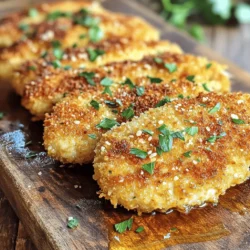 Here are the ingredients you need for Crispy Parmesan Crusted Chicken Cutlets. Gather these before you start cooking. - 4 boneless, skinless chicken breasts - 1 cup breadcrumbs (preferably panko for extra crispiness) - ½ cup grated Parmesan cheese - 1 teaspoon garlic powder - 1 teaspoon Italian seasoning - ½ teaspoon salt - ½ teaspoon black pepper - 2 large eggs - ¼ cup flour - 3 tablespoons olive oil - Fresh parsley for garnish (optional) Each ingredient plays a key role in making this dish tasty. The chicken breasts are the main part. They give your meal protein and flavor. Using panko breadcrumbs gives extra crunch. The Parmesan cheese adds a rich, salty note. Garlic powder and Italian seasoning boost the flavor, making every bite delicious. The eggs help the coating stick to the chicken. Flour helps create a nice base for the egg and breadcrumbs. Olive oil not only adds taste but also helps in crisping the cutlets. Finally, fresh parsley gives a nice pop of color and freshness when you serve the dish. Make sure to choose high-quality ingredients for the best taste. If you have any allergies or specific preferences, feel free to adapt the ingredients to fit your needs. - Preheat your oven to 400°F (200°C). Line a baking sheet with parchment paper. - Set up a three-bowl breading station: one with flour, one with beaten eggs, and one with a mix of breadcrumbs, Parmesan, garlic powder, Italian seasoning, salt, and pepper. - Take a chicken breast, coat it in flour, shake off the excess, then dip it in the eggs. Press it into the breadcrumb mix until fully coated. Repeat this for all chicken breasts. - Heat olive oil in a large skillet over medium heat. Once hot, add the chicken cutlets. Cook for 3-4 minutes on each side until golden and crispy. Avoid overcrowding the pan. - Transfer the browned cutlets to the prepared baking sheet. Bake in the preheated oven for 10-15 minutes or until the chicken reaches an internal temperature of 165°F (75°C). - After baking, remove the cutlets from the oven. Let them rest for a few minutes. Garnish with fresh parsley if you like. Enjoy your crispy, cheesy chicken! To get that perfect crunch, start with panko breadcrumbs. They are light and airy, giving the cutlets a great texture. If you can't find panko, regular breadcrumbs work too, but they might not be as crispy. For frying, heat your olive oil until it's hot but not smoking. If the oil is too cool, the chicken will soak up the oil. This makes it greasy instead of crispy. Fry the chicken in batches. Overcrowding the pan leads to steaming, not frying. Want to add more flavor? Try mixing in some paprika, cayenne pepper, or dried herbs like thyme or oregano. These spices can elevate the taste. You can even add a bit of lemon zest for a fresh twist. Just remember to mix them into your breadcrumb mixture for even coverage. Cook the chicken until it reaches an internal temperature of 165°F (75°C). Use a meat thermometer for accuracy. This ensures the chicken is safe to eat. To avoid drying it out, keep an eye on cooking times. Fry for about 3-4 minutes on each side, then bake for 10-15 minutes. Resting the chicken for a few minutes after cooking helps it stay juicy too. {{image_2}} You can switch up the cheese in this recipe. Mozzarella gives a gooey texture. It melts well and adds a nice pull. Cheddar is another great choice. It brings a sharp flavor that pairs well with chicken. Try blending cheeses for new tastes. Mixing Parmesan with either cheese can add depth. Experiment and find your favorite combo. For a gluten-free version, use gluten-free breadcrumbs. They work just as well in this recipe. Look for brands made from rice or corn. They still give that nice crunch. Ensure your flour is also gluten-free. This way, everyone can enjoy the dish. It’s easy to make this change without losing flavor. Adding vegetables boosts flavor and nutrition. You can mix in spinach or roasted peppers. Spinach adds a mild taste and extra vitamins. Roasted peppers bring sweetness and color. Chop them finely and add to the breadcrumb mix. This not only enhances taste but also makes the dish pop. Feel free to get creative with other veggies too! After you enjoy your crispy chicken cutlets, store any leftovers safely. First, let the cutlets cool down to room temperature. Then, wrap them tightly in plastic wrap or store them in an airtight container. This keeps them fresh. Place them in the fridge. They will last for about 3 to 4 days. Avoid stacking them to keep them from getting soggy. To enjoy your leftovers, you want to bring back the crispiness. The best way to reheat them is in the oven. Preheat your oven to 350°F (175°C). Place the cutlets on a baking sheet. Heat them for about 10 to 15 minutes until they are hot and crispy again. You can also use an air fryer. Set it to 350°F (175°C) and cook for about 5 to 7 minutes. This method keeps them nice and crunchy. If you want to save cutlets for later, freezing is a great option. First, let the cutlets cool completely. Then, place them in a single layer on a baking sheet. Freeze them for a few hours. After they are frozen, transfer them to a freezer bag. Remove as much air as possible before sealing. When you want to eat them, thaw the cutlets in the fridge overnight. Reheat them in the oven to restore their crispiness. This method keeps them tasty for up to 2 months. Yes, you can use chicken thighs. They have more fat, making them juicier. Thighs also add great flavor. Just make sure to adjust the cooking time. Thighs may take a bit longer to cook through than breasts. Use a meat thermometer to check the internal temperature. It should reach 165°F (75°C) for safe eating. You can tell the chicken is done by checking the temperature. Insert a meat thermometer into the thickest part of the cutlet. It should read 165°F (75°C). If you don’t have a thermometer, look for golden brown color. The juices should run clear when you cut into it. Avoid cutting too soon to keep it juicy. Yes, you can prepare the cutlets ahead of time. Bread the chicken and store it in the fridge. This keeps it fresh for a few hours. You can also cook them and store the leftovers. Just let them cool, then place them in an airtight container. They stay good in the fridge for about three days. These cutlets pair well with many sides. Here are some tasty options: - Steamed broccoli - Mashed potatoes - Garlic bread - Salad with a light dressing - Pasta with marinara sauce Mix and match these sides to create a delicious meal. Enjoy your cooking! In this blog post, we covered how to make Crispy Parmesan Crusted Chicken Cutlets. You learned about the key ingredients, step-by-step cooking methods, and helpful tips for perfecting the dish. We also explored fun variations, storage options, and answered common questions. Now you can enjoy crispy cutlets that impress your family and friends. With a few tweaks, this dish can easily fit your needs. Enjoy cooking and experimenting with your own flavors!