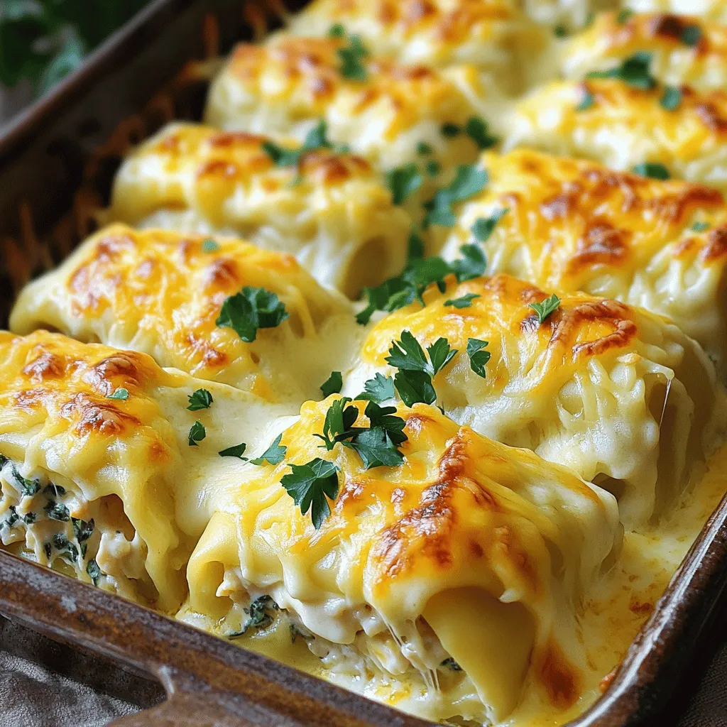 - Lasagna noodles: You need 9 lasagna noodles. They are the base of the dish. - Chicken: Use 2 cups of cooked chicken, shredded. This adds protein and flavor. - Cheese varieties: Use 1 ½ cups of ricotta cheese, 1 ½ cups of mozzarella cheese, and 1 cup of Parmesan cheese. These cheeses create a creamy and rich filling. - Spinach: You can add 1 cup of chopped spinach. It adds color and nutrition. - Substitutes for Alfredo sauce: You can use homemade or store-bought Alfredo sauce. If you want, try a white sauce or a creamy pesto. - Seasonings and spices: Garlic powder and Italian seasoning enhance the flavor. Use 1 teaspoon of each, plus salt and pepper to taste. First, fill a large pot with water. Add a good amount of salt to it. Bring the water to a boil. Add the lasagna noodles one by one to avoid clumping. Cook them until they are al dente. This means they should be firm but not hard. Check the package for exact cooking times. To prevent sticking, lay the cooked noodles flat on a clean kitchen towel. You can even drizzle a little olive oil on them. This will help keep them separate. In a large bowl, mix the shredded chicken, ricotta cheese, and one cup of mozzarella cheese. Add half a cup of Parmesan cheese for extra flavor. If you want, toss in chopped spinach too. Then, sprinkle in garlic powder, Italian seasoning, salt, and pepper. To get a creamy filling, mix all the ingredients well until they are smooth. You want every bite to be rich and tasty. Before you start, preheat your oven to 375°F (190°C). Now, take a baking dish and spread a thin layer of Alfredo sauce on the bottom. This keeps the rolls from sticking. Next, grab a lasagna noodle. Spread about two tablespoons of the chicken filling evenly across it. Carefully roll it up, starting from one end. Place the rolled noodle seam-side down in the baking dish. Repeat this for all the noodles. Once all the rolls are in the dish, pour the remaining Alfredo sauce over them. Then, sprinkle the rest of the mozzarella and Parmesan cheese on top. Cover the baking dish with aluminum foil to keep the rolls moist. Bake for 25 minutes. After that, remove the foil and bake for another 10 to 15 minutes. This helps the cheese get golden and bubbly. To keep your Chicken Alfredo Lasagna Rolls intact, avoid overfilling them. Use about 2 tablespoons of filling per noodle. This amount ensures that your rolls do not fall apart while baking. Lay the filling evenly across the noodle, then roll tightly but gently. For extra flavor, adjust the seasonings. Add a pinch more garlic powder or Italian seasoning based on your taste. You can also sneak in some chopped bell peppers or mushrooms. These veggies can add color and crunch to your dish. One common error is overcooking the noodles. Cook them just until they are al dente, so they stay firm. If they are too soft, they can tear when you roll them. Another mistake is skimping on the sauce. A generous layer of Alfredo sauce keeps the rolls moist and rich. Don't be shy! {{image_2}} You can switch up the filling in Chicken Alfredo Lasagna Rolls for fun. Try using different proteins like turkey or shrimp. Both options taste great and add a new twist. If you prefer vegetarian meals, replace chicken with a mix of roasted vegetables or mushrooms. This change keeps it fresh and satisfying. Choosing the right sauce makes a big difference. You can use store-bought Alfredo sauce for quick prep. If you want to make your own, blend butter, cream, and Parmesan cheese for a rich taste. If you need a gluten-free option, look for gluten-free lasagna noodles. They work well and keep the dish tasty. Want to spice things up? Add red pepper flakes to your Alfredo sauce for a spicy kick. You can also mix in fresh herbs like basil or parsley for a bright flavor. These small changes can elevate your dish and make it even more enjoyable for your family and friends. After enjoying your Chicken Alfredo Lasagna Rolls, you may have some leftovers. To keep them fresh, follow these tips: - Refrigeration guidelines: Place the rolls in an airtight container. They will stay good for up to 3 days in the fridge. Make sure the dish is cool before sealing it. - Freezing tips: If you want to save them longer, freeze the rolls. Wrap each roll in plastic wrap, then place them in a freezer bag. They can last for up to 3 months. Thaw them in the fridge before reheating. Reheating your Chicken Alfredo Lasagna Rolls properly keeps them tasty. - Best methods for maintaining texture: The best way to reheat is in the oven. Preheat your oven to 350°F (175°C). Place the rolls in a baking dish, cover with foil, and heat for about 20 minutes. Remove the foil for the last 5 minutes to crisp the cheese. - Portion size suggestions: Only reheat what you plan to eat. This way, leftovers stay fresh. If you have a large batch, you can reheat a couple of rolls at a time. Enjoy them warm for the best flavor. To make Chicken Alfredo Lasagna Rolls, follow these steps: 1. Cook Lasagna Noodles: Boil a large pot of salted water. Cook the lasagna noodles as per package directions until they are al dente. Drain them and lay them flat on a clean kitchen towel. 2. Prepare Filling: In a mixing bowl, combine the shredded chicken, ricotta cheese, 1 cup of mozzarella cheese, ½ cup of Parmesan cheese, chopped spinach (if using), garlic powder, Italian seasoning, salt, and pepper. Mix until well combined. 3. Assemble the Rolls: Preheat your oven to 375°F (190°C). Spread a thin layer of Alfredo sauce on the bottom of a 9x13 inch baking dish. Take a lasagna noodle, spread about 2 tablespoons of the chicken filling on it, and roll it up carefully. Place each roll seam-side down in the baking dish. Repeat this for all noodles. 4. Top with Sauce and Cheese: Pour the remaining Alfredo sauce over the rolls. Sprinkle the rest of the mozzarella and Parmesan cheeses on top. 5. Bake: Cover the baking dish with aluminum foil. Bake for 25 minutes. Remove the foil and bake for another 10-15 minutes, until the cheese is golden and bubbly. 6. Garnish and Serve: Let it cool for a few minutes. Garnish with fresh parsley before serving. Yes, you can prep Chicken Alfredo Lasagna Rolls ahead of time. You can assemble the rolls and store them in the fridge for up to 24 hours before baking. Just cover the dish tightly with plastic wrap or foil. When you are ready to bake, remove it from the fridge and let it sit at room temperature for about 30 minutes. This helps with even cooking. Chicken Alfredo Lasagna Rolls pair well with a variety of sides: - Garlic Bread: A classic choice that complements the creamy sauce. - Side Salad: A fresh garden salad with a light vinaigrette adds crunch. - Steamed Vegetables: Broccoli or green beans bring color and nutrition. - Roasted Asparagus: Adds a nice earthy flavor to the meal. These sides balance the richness of the lasagna rolls and enhance your dining experience. This article covered essential ingredients like noodles, chicken, and cheese, plus optional additions like spinach and spices. You learned step-by-step instructions for cooking, preparing, assembling, and baking lasagna rolls. I shared tips to enhance flavor and avoid common mistakes. You also discovered variations for different tastes and how to store leftovers. Creating your Chicken Alfredo Lasagna Rolls can be fun and rewarding. Keep experimenting with flavors and enjoy every bite. The joy of cooking brings happiness to your table!