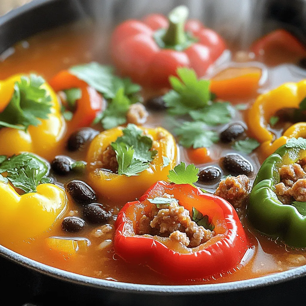 - 4 large bell peppers, diced - 1 lb ground turkey or chicken - 1 can (15 oz) black beans, rinsed and drained - 1 can (15 oz) diced tomatoes with green chilies - 1 cup quinoa, rinsed - 4 cups vegetable broth - 1 medium onion, chopped - 2 cloves garlic, minced - 2 teaspoons cumin - 1 teaspoon smoked paprika - Salt and pepper to taste - Fresh cilantro or parsley for garnish High Protein Stuffed Pepper Soup packs a lot of flavor and nutrition. The main ingredients create a colorful dish. Bell peppers add crunch and sweetness. Ground turkey or chicken gives a hearty texture. Black beans boost protein and fiber. Quinoa adds a nutty taste and is also protein-rich. The vegetable broth brings all these flavors together. Garlic and onion add depth, while cumin and smoked paprika give warmth. You can adjust salt and pepper based on your taste. Don't forget the fresh cilantro or parsley on top for a burst of color and freshness! - Different protein sources - Additional vegetables - Seasoning options You can modify this recipe to fit your taste. For protein, try ground beef, tofu, or lentils. Each option adds a unique flavor. Feel free to mix in other vegetables like corn or zucchini for extra nutrition. Seasoning also plays a big role. You can add chili powder for heat or a hint of sweetness with a dash of brown sugar. Tailoring the soup makes it fun and personal. This dish is all about making it your own while keeping it healthy! First, let’s prep our veggies. - Start by washing and dicing 4 large bell peppers. Any color works great! - Next, open the can of black beans and rinse them well. This removes excess salt. - Rinse 1 cup of quinoa until the water runs clear. This helps to remove bitterness. Now, let's move to the fun part—cooking! - Heat a drizzle of olive oil in a large pot over medium heat. - Add the chopped onion and minced garlic. Sauté for about 3-4 minutes until the onion looks clear. - Then, add 1 pound of ground turkey or chicken. Cook for 5-7 minutes, breaking it up with a spoon until it turns brown. - Stir in the diced bell peppers. Cook for an extra 3 minutes until they start to soften. - Now, it’s time to combine everything. Add the rinsed quinoa, black beans, diced tomatoes (with juice), and 4 cups of vegetable broth. - Sprinkle in 2 teaspoons of cumin, 1 teaspoon of smoked paprika, salt, and pepper. - Bring the mixture to a boil. Once it’s bubbling, lower the heat and cover the pot. Let it simmer for 20-25 minutes. The quinoa should be cooked, and the peppers tender. - Before serving, taste your soup. Adjust the seasoning if needed. Garnishing adds a nice touch! - Serve hot and top with fresh cilantro or parsley for flavor and color. - Pair your soup with crusty bread or a simple salad for a complete meal. To ensure the protein is cooked properly, use a meat thermometer. Ground turkey or chicken should reach 165°F. This keeps your dish safe and tasty. When cooking quinoa, rinse it well before use to remove its natural coating. This helps the quinoa taste better and prevents bitterness. Cook quinoa in two parts liquid to one part quinoa. This will make it light and fluffy. Using spices effectively can change your soup’s flavor. Cumin gives a warm, earthy taste, while smoked paprika adds a nice smokiness. For heat, try adding chili powder or cayenne pepper. If you prefer sweetness, add a pinch of sugar or diced carrots. These small changes can really brighten your dish. Meal prepping is a great way to save time. Chop your veggies and cook extra quinoa in advance. Store them in the fridge for quick meals. One-pot cooking is another time saver. You’ll have fewer dishes to wash, and everything cooks together. This method also helps the flavors blend nicely. {{image_2}} You can easily switch up the protein in this soup. For a vegetarian option, use lentils or chickpeas. Both add a great texture and boost the protein. If you want to stick with meat, try ground beef or pork instead of turkey or chicken. Each choice gives the soup a unique taste. Changing spices can really change the flavor of your soup. For a Mexican twist, add chili powder and oregano. If you want an Italian vibe, use basil and oregano. Adding hot sauce can give your soup a spicy kick. Just a dash can make a big difference. If you want a lower-sodium version, choose low-sodium vegetable broth. You can also swap in seasonal veggies. Try zucchini or corn when they are fresh. They will add great flavor and nutrition to your soup. To store leftovers, let the soup cool down first. Then, transfer it to airtight containers. This will help keep the soup fresh. Glass containers work best, but plastic ones are fine too. Make sure to label the containers with the date. The soup can stay in the fridge for about 3 to 4 days. For meal prep, you can freeze the soup. Use freezer-safe containers or bags. Leave a little space at the top, as the soup will expand. It’s best to freeze the soup in single servings. This way, you can take out what you need. To thaw, put it in the fridge overnight or use the microwave on defrost mode. When reheating, do it slowly on the stove or in the microwave. If using the stove, add a splash of broth or water to keep it moist. Stir it often to heat evenly. For the microwave, cover the container to avoid splatters. This soup tastes best when it is hot and fresh. High protein stuffed pepper soup is a warm and filling dish. It features diced bell peppers, ground turkey or chicken, black beans, and quinoa. I mix all these ingredients in a pot with diced tomatoes and spices. The result is a hearty soup packed with protein. This soup is not only tasty but also colorful and fun to eat. Yes, you can make this soup ahead of time. It’s perfect for meal prepping. Cook the soup and let it cool. Then, store it in the fridge for up to three days. You can also freeze it. Just put it in a freezer-safe container. It can last up to three months in the freezer. To make the soup spicier, you can add chili powder or cayenne pepper. You can also use diced jalapeños or hot sauce. Start with a small amount and taste as you go. This way, you can adjust to your heat level. Everyone has different spice preferences, so feel free to customize! This soup is great for meal prep. It stores well and tastes even better the next day. When storing, use airtight containers. This keeps the soup fresh. For reheating, a microwave or stovetop works well. Just heat until it’s hot throughout. Enjoy a quick, healthy meal all week! This blog post covered how to make a delicious high protein stuffed pepper soup. We explored the main ingredients, like ground turkey and quinoa, and discussed how to customize the dish. You learned cooking tips to enhance flavor and how to store leftovers properly. In conclusion, this recipe is both healthy and flexible. You can adjust it to fit your taste. I hope you enjoy trying it out in your kitchen!