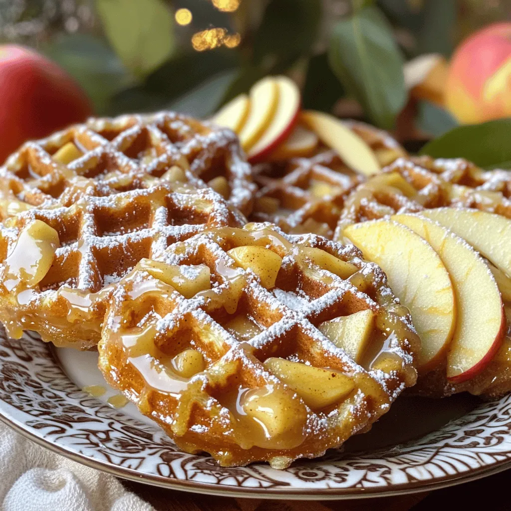- Apples: I recommend using Granny Smith or Honeycrisp apples. These varieties offer a great balance of sweet and tart flavors. Make sure to peel, core, and dice them into small pieces for even distribution in the batter. - Dry Ingredients: You will need: - 1 cup all-purpose flour - ½ cup granulated sugar - ½ teaspoon baking powder - ½ teaspoon baking soda - 1 teaspoon ground cinnamon - ½ teaspoon nutmeg - ¼ teaspoon salt Mix these well. This blend gives the donuts their structure and flavor. - Wet Ingredients: For the wet mix, use: - ½ cup buttermilk - 2 large eggs - ¼ cup unsalted butter, melted - 1 teaspoon vanilla extract Combine these in a bowl. The buttermilk adds moisture and a slight tang. The eggs act as a binder, while butter gives richness and flavor. This combination makes for a delicious and easy apple fritter waffle donut. Enjoy the process of mixing and baking! First, preheat your waffle maker. Each model is different, so check your manual. A hot waffle maker gives a nice crisp. Lightly grease it with cooking spray or butter. This step helps prevent sticking and makes cleanup easier. In a large bowl, add the flour, sugar, baking powder, baking soda, cinnamon, nutmeg, and salt. Use a whisk to mix them well. This helps spread the baking powder and spices evenly. Make sure there are no lumps for a smooth batter. In another bowl, combine the buttermilk, eggs, melted butter, and vanilla extract. Whisk until smooth and creamy. Gradually add this mixture to the dry ingredients. Stir gently until just combined. Be careful not to overmix, as this can make the donuts tough. Pour the batter into the preheated waffle maker, filling each section halfway. Close the lid and cook for about 4 to 5 minutes. Timing may vary based on your waffle maker. Check for a golden brown color. If they look crispy, they are ready to come out! While the donuts cool slightly, prepare the glaze. In a small bowl, mix the powdered sugar with 1 to 2 tablespoons of milk. Whisk until you reach your desired glaze thickness. Dip the top of each waffle donut into the glaze. Let it set for a minute before serving. These steps will help you create delicious apple fritter waffle donuts at home! To get crispy Apple Fritter Waffle Donuts, focus on a few key techniques: - Do not overmix: When combining wet and dry ingredients, mix just until you see no dry flour. This keeps the texture light. - Preheat your waffle maker: Make sure your waffle maker is hot before pouring in the batter. This helps create a nice crust. - Use cooking spray: Lightly grease the waffle maker. It helps prevent sticking and gives a nice crisp finish. You can boost the flavor of your waffle donuts with these optional ingredients: - Chopped nuts: Walnuts or pecans add a lovely crunch. - Dried fruit: Adding raisins or cranberries can give a sweet twist. - Extra spices: Try adding a pinch of cloves or allspice for more warmth. Serving your waffle donuts well can make them even more appealing: - Decorative plate: Place your donuts on a colorful or patterned plate. - Drizzle glaze: Drizzle extra glaze over the top for a sweet finish. - Garnish: Add thin apple slices and a sprinkle of cinnamon for a beautiful touch. {{image_2}} You can change up the flavor of your Apple Fritter Waffle Donuts by using different apple types. Each variety brings its own taste and texture. For a sweet and tart flavor, try Honeycrisp apples. They add a nice crunch. If you want a softer texture, go for Fuji apples. They have a sweet, juicy bite. You can even mix apples. Combine Granny Smith with Gala apples for a fun twist. Use what you have, and enjoy the unique flavors. To make a lighter version, swap some ingredients. Use whole wheat flour instead of all-purpose flour. This adds fiber and nutrients. You can also cut down the sugar. Try using only ¼ cup of granulated sugar or substitute with honey or maple syrup. For a dairy-free option, use almond milk instead of buttermilk. These changes keep the flavor while making it healthier. You can enjoy your treats guilt-free! Want to jazz up your donuts? Add-ins can make a big difference. Chopped nuts like walnuts or pecans add a nice crunch. For a sweet touch, fold in chocolate chips or caramel bits. You can also add a pinch of ginger for a spicy kick. Don’t be afraid to get creative! Mix and match your favorites to make your Apple Fritter Waffle Donuts special. Each bite can surprise you with new flavors. To keep your apple fritter waffle donuts fresh, store them in an airtight container. Line the bottom of the container with parchment paper. This helps absorb extra moisture. Place a layer of donuts and add another sheet of parchment between layers. Keep them at room temperature for up to two days. If you want to store them longer, refrigerate for up to a week. To enjoy your leftover donuts, you can reheat them in a toaster oven or regular oven. Preheat the oven to 350°F (175°C). Place the donuts on a baking sheet and heat for about 5-7 minutes. This method keeps them crispy. If you use a microwave, heat them for 10-15 seconds. However, this may make them soft. If you want to save some for later, freezing is a great option. Wrap each donut tightly in plastic wrap. Then place them in a freezer bag or container. Make sure to label the bag with the date. They can be frozen for up to three months. To thaw, leave them in the fridge overnight. Reheat them in the oven for the best results. Enjoy future deliciousness! Yes, you can make these donuts ahead. First, cook them and let them cool. Store them in an airtight container. They last up to two days at room temperature. For longer storage, freeze them. Place them in a freezer bag and store for up to a month. When ready to eat, thaw them and reheat in the oven. They will taste fresh and yummy! A Belgian waffle maker works great for these donuts. It makes thicker waffles with deep pockets. This helps hold more glaze and toppings. Look for one with a non-stick surface. It makes removal easy and cleanup simple. Also, choose a waffle maker with an indicator light. This way, you know when it's ready to use. To adjust the glaze, change the milk amount. For a thicker glaze, use less milk. Start with one tablespoon and mix until combined. For a thinner glaze, add more milk. A teaspoon at a time helps you control the consistency. Whisk well after each addition, and taste as you go. This way, you can get the perfect glaze for your waffle donuts! In this post, we explored how to make delicious apple fritter waffle donuts. We covered the ingredients, from choosing the right apples to mixing wet and dry components. The step-by-step instructions helped set up your waffle maker, mix without overdoing it, and achieve perfect cooking results. I shared tips for texture, flavor enhancements, and serving ideas. With storage and reheating instructions, you can enjoy these treats later. Remember, experimenting with variations can bring fun and new tastes. Try it yourself and elevate your snack game!