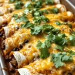 - 1 lb ground beef - 1 can (15 oz) black beans, drained and rinsed - 6 small flour tortillas - 1 teaspoon chili powder - 1 teaspoon cumin - ½ teaspoon salt - ½ teaspoon pepper - 1 cup shredded cheddar cheese - 1 cup shredded Monterey Jack cheese - Fresh cilantro, for garnish - Sour cream, for serving (optional) For One-Pan Cheesy Beef Enchiladas, you need a few key items. First, the heart of the dish is ground beef. It gives the enchiladas a rich flavor. Next, black beans add protein and fiber. They make this meal more filling. You will also need flour tortillas. They hold everything together and add a nice texture. For spices, you will use chili powder and cumin. These spices give the dish its warm, bold taste. Salt and pepper enhance all the flavors. Don’t skip these! Lastly, the toppings make the dish look and taste great. Shredded cheddar and Monterey Jack cheeses melt beautifully on top. They create a creamy, cheesy layer. Fresh cilantro adds a pop of color and flavor. Sour cream is optional, but it makes a great addition for serving. - Preheat your oven to 375°F (190°C). This temperature helps the cheese melt nicely. - In a large skillet, heat some oil on medium. Add your chopped onion. Cook for about 3 minutes until it softens. Then, add minced garlic. Cook for 1 more minute until it smells great. - Now, add 1 pound of ground beef to the skillet. Break it up with a spatula. Cook it for about 5 to 7 minutes until it's browned. Drain any extra fat if needed. - Stir in 1 can of black beans, chili powder, cumin, salt, and pepper. Pour in half of the enchilada sauce. Mix everything well to combine the flavors. - In a 9x13 inch baking dish, spread a thin layer of the remaining enchilada sauce on the bottom. - Take a tortilla and fill it with a spoonful of the beef mixture. Roll it up tightly. Place the rolled tortillas seam-side down in the baking dish. - Pour the rest of the enchilada sauce over the rolled tortillas. Sprinkle both shredded cheddar and Monterey Jack cheeses on top. - Cover the baking dish with aluminum foil. Bake it in the preheated oven for 20 minutes. - After 20 minutes, remove the foil. Bake for another 10 minutes until the cheese is bubbly and golden brown. - Let the enchiladas rest for a few minutes. Garnish with fresh cilantro and serve with sour cream if you like. To boost the taste of your enchiladas, try adding more spices. I recommend using smoked paprika for a deeper flavor. You can also add a pinch of cayenne for heat. Fresh lime juice adds brightness to the dish. Consider mixing in some chopped bell peppers or corn for extra texture. These ingredients elevate the taste and make it more fun to eat. Getting tortilla rolls just right takes practice. Make sure to warm the tortillas slightly before filling. This keeps them from tearing. If you want to avoid soggy enchiladas, don’t overfill them. A good rule is to use about two tablespoons of filling per tortilla. When you layer the sauce, use just enough to keep the tortillas moist but not soaked. For sides, serve your enchiladas with a fresh salad or Mexican rice. Black beans also pair well and add protein. For presentation, sprinkle fresh cilantro on top before serving. A dollop of sour cream adds a nice touch and creaminess. You can even serve lime wedges on the side for an extra zing. {{image_2}} Vegetarian options You can swap ground beef for lentils or black beans. Cook the lentils until soft. Mix in your spices for a hearty filling. You can also add mushrooms for a meaty texture. Gluten-free alternatives Use corn tortillas instead of flour ones. Check the label for gluten-free enchilada sauce. This way, you can enjoy the same great taste without gluten. Different cheese combinations Mix different cheeses to change the flavor. Try pepper jack for a spicy kick. Gouda adds a smoky richness. Use whatever cheese you love most. Adding vegetables Feel free to add veggies like bell peppers or spinach. Sauté them with onions and garlic for extra flavor. This makes your meal colorful and healthy. To keep your One-Pan Cheesy Beef Enchiladas fresh, follow these tips. First, let the enchiladas cool completely. This step is key to avoiding condensation that can make them soggy. Next, use airtight containers. Glass or plastic containers work well. You can also wrap the enchiladas tightly in plastic wrap or aluminum foil. This helps keep the flavor locked in. Store them in the fridge for up to three days. If you plan to eat them later, consider freezing them instead. When it comes to reheating, I recommend using the oven over the microwave. The oven warms the enchiladas evenly, keeping the cheese melty and the tortillas soft. Preheat your oven to 350°F (175°C). Place the enchiladas in an oven-safe dish, covering them with foil. Heat for about 20 minutes. If you like a crispy top, remove the foil during the last five minutes. If you’re short on time, the microwave works too. Place a single enchilada on a microwave-safe plate. Cover it with a damp paper towel to keep it moist. Heat for about one minute or until warm. Keep an eye on it to prevent overcooking. Enjoy your tasty enchiladas just like they were fresh out of the oven! One-Pan Cheesy Beef Enchiladas can last in the fridge for about 3 to 4 days. Store them in an airtight container to keep them fresh. Make sure they cool down before sealing. This helps prevent excess moisture which can make them soggy. Yes, you can freeze these enchiladas. Wrap them tightly in plastic wrap or place them in a freezer-safe container. They will keep for about 2 to 3 months. When ready to eat, thaw them in the fridge overnight before reheating. If you want a change, you can use ground turkey, chicken, or even plant-based meat. These options still give a tasty and filling dish. Just cook them the same way as ground beef, adjusting the cooking time if needed. You can use corn tortillas, but the texture and flavor will be different. Corn tortillas are a bit firmer and will hold up well. They can add a nice corn flavor, but they may not be as soft as flour ones. If you choose corn, warm them up first to prevent cracking. You now have all the steps to make tasty enchiladas. We covered ingredients like ground beef and black beans. We also explored seasonings and toppings that boost flavor. With simple steps for preparation and baking, you'll create a delicious meal. Remember to store leftovers properly and reheat them well. Feel free to customize, whether by using different proteins or cheeses. Enjoy your cooking adventure and make these enchiladas your own!