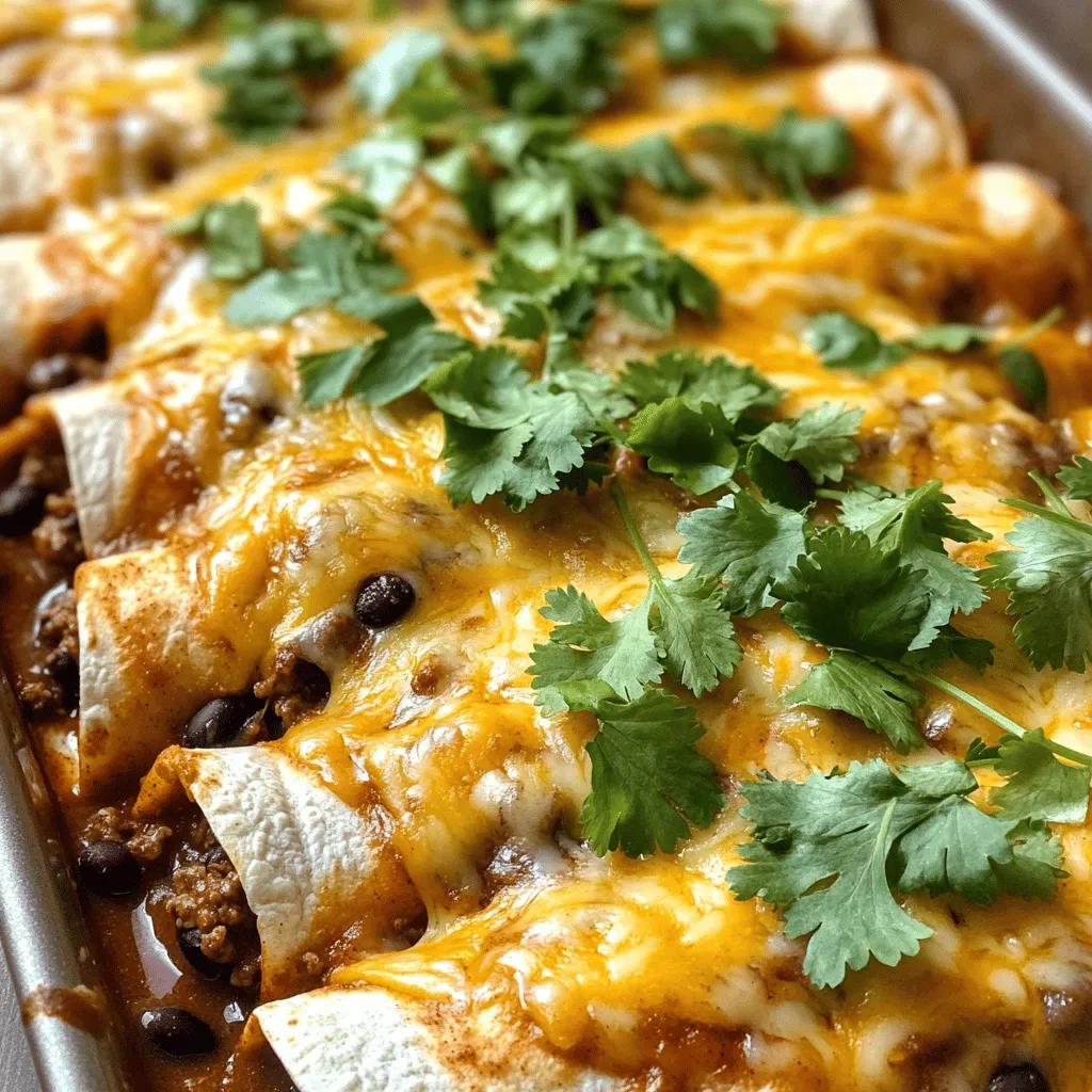 - 1 lb ground beef - 1 can (15 oz) black beans, drained and rinsed - 6 small flour tortillas - 1 teaspoon chili powder - 1 teaspoon cumin - ½ teaspoon salt - ½ teaspoon pepper - 1 cup shredded cheddar cheese - 1 cup shredded Monterey Jack cheese - Fresh cilantro, for garnish - Sour cream, for serving (optional) For One-Pan Cheesy Beef Enchiladas, you need a few key items. First, the heart of the dish is ground beef. It gives the enchiladas a rich flavor. Next, black beans add protein and fiber. They make this meal more filling. You will also need flour tortillas. They hold everything together and add a nice texture. For spices, you will use chili powder and cumin. These spices give the dish its warm, bold taste. Salt and pepper enhance all the flavors. Don’t skip these! Lastly, the toppings make the dish look and taste great. Shredded cheddar and Monterey Jack cheeses melt beautifully on top. They create a creamy, cheesy layer. Fresh cilantro adds a pop of color and flavor. Sour cream is optional, but it makes a great addition for serving. - Preheat your oven to 375°F (190°C). This temperature helps the cheese melt nicely. - In a large skillet, heat some oil on medium. Add your chopped onion. Cook for about 3 minutes until it softens. Then, add minced garlic. Cook for 1 more minute until it smells great. - Now, add 1 pound of ground beef to the skillet. Break it up with a spatula. Cook it for about 5 to 7 minutes until it's browned. Drain any extra fat if needed. - Stir in 1 can of black beans, chili powder, cumin, salt, and pepper. Pour in half of the enchilada sauce. Mix everything well to combine the flavors. - In a 9x13 inch baking dish, spread a thin layer of the remaining enchilada sauce on the bottom. - Take a tortilla and fill it with a spoonful of the beef mixture. Roll it up tightly. Place the rolled tortillas seam-side down in the baking dish. - Pour the rest of the enchilada sauce over the rolled tortillas. Sprinkle both shredded cheddar and Monterey Jack cheeses on top. - Cover the baking dish with aluminum foil. Bake it in the preheated oven for 20 minutes. - After 20 minutes, remove the foil. Bake for another 10 minutes until the cheese is bubbly and golden brown. - Let the enchiladas rest for a few minutes. Garnish with fresh cilantro and serve with sour cream if you like. To boost the taste of your enchiladas, try adding more spices. I recommend using smoked paprika for a deeper flavor. You can also add a pinch of cayenne for heat. Fresh lime juice adds brightness to the dish. Consider mixing in some chopped bell peppers or corn for extra texture. These ingredients elevate the taste and make it more fun to eat. Getting tortilla rolls just right takes practice. Make sure to warm the tortillas slightly before filling. This keeps them from tearing. If you want to avoid soggy enchiladas, don’t overfill them. A good rule is to use about two tablespoons of filling per tortilla. When you layer the sauce, use just enough to keep the tortillas moist but not soaked. For sides, serve your enchiladas with a fresh salad or Mexican rice. Black beans also pair well and add protein. For presentation, sprinkle fresh cilantro on top before serving. A dollop of sour cream adds a nice touch and creaminess. You can even serve lime wedges on the side for an extra zing. {{image_2}} Vegetarian options You can swap ground beef for lentils or black beans. Cook the lentils until soft. Mix in your spices for a hearty filling. You can also add mushrooms for a meaty texture. Gluten-free alternatives Use corn tortillas instead of flour ones. Check the label for gluten-free enchilada sauce. This way, you can enjoy the same great taste without gluten. Different cheese combinations Mix different cheeses to change the flavor. Try pepper jack for a spicy kick. Gouda adds a smoky richness. Use whatever cheese you love most. Adding vegetables Feel free to add veggies like bell peppers or spinach. Sauté them with onions and garlic for extra flavor. This makes your meal colorful and healthy. To keep your One-Pan Cheesy Beef Enchiladas fresh, follow these tips. First, let the enchiladas cool completely. This step is key to avoiding condensation that can make them soggy. Next, use airtight containers. Glass or plastic containers work well. You can also wrap the enchiladas tightly in plastic wrap or aluminum foil. This helps keep the flavor locked in. Store them in the fridge for up to three days. If you plan to eat them later, consider freezing them instead. When it comes to reheating, I recommend using the oven over the microwave. The oven warms the enchiladas evenly, keeping the cheese melty and the tortillas soft. Preheat your oven to 350°F (175°C). Place the enchiladas in an oven-safe dish, covering them with foil. Heat for about 20 minutes. If you like a crispy top, remove the foil during the last five minutes. If you’re short on time, the microwave works too. Place a single enchilada on a microwave-safe plate. Cover it with a damp paper towel to keep it moist. Heat for about one minute or until warm. Keep an eye on it to prevent overcooking. Enjoy your tasty enchiladas just like they were fresh out of the oven! One-Pan Cheesy Beef Enchiladas can last in the fridge for about 3 to 4 days. Store them in an airtight container to keep them fresh. Make sure they cool down before sealing. This helps prevent excess moisture which can make them soggy. Yes, you can freeze these enchiladas. Wrap them tightly in plastic wrap or place them in a freezer-safe container. They will keep for about 2 to 3 months. When ready to eat, thaw them in the fridge overnight before reheating. If you want a change, you can use ground turkey, chicken, or even plant-based meat. These options still give a tasty and filling dish. Just cook them the same way as ground beef, adjusting the cooking time if needed. You can use corn tortillas, but the texture and flavor will be different. Corn tortillas are a bit firmer and will hold up well. They can add a nice corn flavor, but they may not be as soft as flour ones. If you choose corn, warm them up first to prevent cracking. You now have all the steps to make tasty enchiladas. We covered ingredients like ground beef and black beans. We also explored seasonings and toppings that boost flavor. With simple steps for preparation and baking, you'll create a delicious meal. Remember to store leftovers properly and reheat them well. Feel free to customize, whether by using different proteins or cheeses. Enjoy your cooking adventure and make these enchiladas your own!