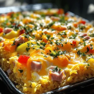 - 4 cups frozen hash browns, thawed - 1 cup shredded cheddar cheese - 1 cup diced bell peppers - 1 cup diced cooked ham or plant-based alternative - 6 large eggs - 1 cup milk (dairy or plant-based) - Spices: garlic powder, onion powder, salt, black pepper, paprika - Fresh parsley for garnish These ingredients make a filling dish. The hash browns form a great base. I like to use thawed hash browns for a better texture. The cheese adds a creamy flavor, while the bell peppers give a nice crunch. For protein, I often choose cooked ham. You can also use a plant-based version if you prefer. Eggs and milk form the heart of the dish, giving it richness. Spices are key here. Garlic powder and onion powder add depth. Salt and black pepper enhance all the flavors. A touch of paprika gives a hint of smokiness. Lastly, fresh parsley brightens the dish and adds color. With these ingredients, you set the stage for a delicious breakfast that everyone will enjoy. - Preheat the oven to 350°F (175°C). - In a large bowl, break up the thawed hash browns. - Add half of the shredded cheddar cheese to the hash browns. - Mix well to combine the hash browns and cheese. - Grease a 9x13-inch baking dish with cooking spray or olive oil. - Press the hash brown mixture evenly into the bottom of the dish. - Sprinkle the diced bell peppers over the hash brown crust. - Add the diced cooked ham evenly on top of the peppers. - In another bowl, whisk together the eggs and milk. - Add garlic powder, onion powder, salt, black pepper, and paprika. - Whisk until the egg mixture is well combined. - Carefully pour the egg mixture over the layered ingredients. - Cover the casserole with aluminum foil and refrigerate overnight. - In the morning, let it sit at room temperature for about 20 minutes. - Bake it in the preheated oven for 45-50 minutes. - The eggs should be set and the top golden brown. - Remove from the oven and let it cool for a few minutes. - Garnish with fresh parsley before slicing and serving. To make your casserole the night before, follow these simple steps: - Layer Properly: Spread the hash browns in the greased dish. This makes a good base. - Cover Well: Use aluminum foil to cover the dish. This keeps moisture in and flavors fresh. - Chill: Refrigerate overnight. This helps the flavors blend and the casserole sets well. To ensure the casserole sets properly, use enough eggs and let it sit at room temp for 20 minutes before baking. This helps it cook evenly. If you want different cheese options, here are a few ideas: - Monterey Jack: It melts nicely and adds a creamy taste. - Swiss Cheese: It gives a nutty flavor and pairs well with ham. - Goat Cheese: Adds tanginess and works well with veggies. For dairy-free options, try: - Nutritional Yeast: It gives a cheesy flavor without dairy. - Vegan Cheese: Look for brands that melt well. They often use almond or soy. This casserole is great on its own, but you can enhance it with these ideas: - Fresh Fruit: Serve with slices of melon or berries for a bright touch. - Light Salad: A mixed greens salad adds crunch and freshness. - Herb Garnish: Top with parsley or chives for color and flavor. For presentation, cut into squares and arrange on a platter. Add extra bell pepper slices for a pop of color. This makes your meal look inviting! {{image_2}} You can easily change the vegetables in this casserole. Try using spinach, mushrooms, or zucchini. These add color and flavor. For meat, swap the ham for cooked bacon or sausage. If you prefer a plant-based option, use tofu or tempeh. For cheese, you can use mozzarella or feta for a different taste. Adding spices can make your casserole even tastier. Try a pinch of cayenne for heat or switch garlic powder for fresh minced garlic. You can also mix in herbs like thyme or basil for a fresh twist. These small changes can transform the flavor profile and make it uniquely yours. While a baking dish works great, you can use other pans. A cast-iron skillet gives a nice crust. If you want to slow cook, use a slow cooker. Just layer the ingredients and set it on low. It will cook while you go about your morning routine, giving you a warm meal when you're ready. To keep your casserole fresh, store leftovers in an airtight container. Make sure it cools to room temperature before sealing. This helps keep it moist. You can store it in the fridge for up to three days. After that, the texture and taste might change. If you want to save some for later, freezing is a great option. First, let the casserole cool completely. Then, cut it into portions. Wrap each piece in plastic wrap, then place them in a freezer bag. Squeeze out as much air as possible. Your casserole will stay good in the freezer for up to three months. To reheat frozen portions, take one out and let it sit in the fridge overnight. This makes it easier to heat. For the best texture, reheat in the oven. Preheat the oven to 350°F (175°C). Place the casserole slice in an oven-safe dish. Cover it with foil to keep it from drying out. Heat for about 20 minutes. Check if it’s warm in the center. If not, give it a few more minutes. You can also use a microwave, but it might make the texture less fluffy. Heat on medium power for two to three minutes, checking regularly. Yes, you can make the casserole without eggs. Here are some great substitutes: - Silken tofu: Blend it until smooth. Use about 1/4 cup per egg. - Chia seeds: Mix 1 tablespoon of chia seeds with 3 tablespoons of water. Let it sit for a few minutes until it thickens. - Flaxseed meal: Use 1 tablespoon of flaxseed meal mixed with 3 tablespoons of water as a binder. - Unsweetened applesauce: Use 1/4 cup per egg for moisture. These options help bind the casserole while keeping it tasty. The casserole can last in the fridge for about 3 to 4 days. To keep it fresh: - Store it in an airtight container. - Make sure it cools before putting it in the fridge. - If you see any signs of spoilage, it’s best to discard it. This way, you can enjoy your meal safely. Here are some tasty sides and drinks to pair with your casserole: - Fresh fruit: Slices of melon, berries, or citrus add a sweet touch. - Light salad: A simple green salad with vinaigrette is refreshing. - Toast: Serve with whole-grain or sourdough toast for crunch. - Coffee or tea: A warm drink can complement the meal well. These options make your breakfast hearty and satisfying. This blog post guides you through making a delicious hash brown egg casserole. We covered the key ingredients, simple preparation steps, and cooking tips. You learned about variations, storage info, and answers to common questions. This dish is flexible and perfect for any meal. You can adjust flavors and ingredients to fit your taste. Enjoy your cooking and savor every bite of this tasty casserole!