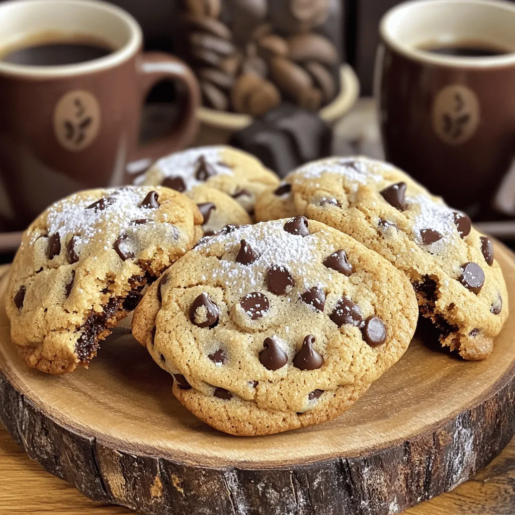 - 1 cup unsalted butter, softened - 1 cup brown sugar, packed - ½ cup granulated sugar - 2 large eggs - 1 teaspoon vanilla extract - 2 cups all-purpose flour - ½ teaspoon baking soda - ½ teaspoon salt - ½ cup brewed espresso, cooled - 1 ½ cups semi-sweet chocolate chips - ½ cup toasted pecans, chopped (optional) For these espresso chocolate chip cookies, you need simple yet rich ingredients. First, the unsalted butter gives a creamy base. Brown sugar adds a deep, caramel taste, while granulated sugar provides a nice balance. Next, you will use eggs for moisture and structure. Vanilla extract brings warmth, enhancing the cookie's flavor. All-purpose flour forms the backbone of the dough. Baking soda helps the cookies rise, creating a soft texture. Salt enhances sweetness, making each bite delightful. The cooled brewed espresso is the star, lending a bold coffee flavor. Finally, semi-sweet chocolate chips provide a sweet contrast. If you like nuts, toasted pecans add crunch and depth. Each ingredient plays a role in making these cookies rich and flavorful. 1. Prepping the oven and baking sheets: First, set your oven to 350°F (175°C). This heat is perfect for baking. Next, line two baking sheets with parchment paper. This step helps the cookies not stick. 2. Creaming butter and sugars: In a large bowl, add 1 cup of softened unsalted butter, 1 cup of packed brown sugar, and ½ cup of granulated sugar. Use a mixer or a sturdy spoon to mix until it becomes light and fluffy. This process adds air, making your cookies soft. 3. Adding eggs and espresso: Now, crack in 2 large eggs, one at a time. Mix well after each egg. Then stir in 1 teaspoon of vanilla extract and ½ cup of cooled brewed espresso. This espresso gives the cookies a rich flavor. 1. Combining flour, baking soda, and salt: In a different bowl, whisk together 2 cups of all-purpose flour, ½ teaspoon of baking soda, and ½ teaspoon of salt. These ingredients are key for structure and rise in your cookies. 2. Incorporating dry with wet ingredients: Gradually add the dry mix into your wet ingredients. Stir gently until just combined. Be careful not to overmix; this keeps the cookies tender. 1. Scooping dough onto baking sheets: Use a cookie scoop or a tablespoon to drop rounded balls of dough onto your lined baking sheets. Space them about 2 inches apart. This space allows them to spread during baking. 2. Baking time and temperature considerations: Place the sheets in the oven. Bake for 10-12 minutes. Look for golden edges, while the centers should still appear soft. This balance is key for delicious cookies. 3. Cooling process and transferring to wire rack: Once done, take the cookies out. Let them cool on the sheets for 5 minutes. Then, carefully move them to a wire rack to cool completely. This step helps them firm up and keeps them from becoming too soft. Using cool espresso is key for great flavor. Hot espresso can change the dough. It can melt the butter too much and make cookies flat. Let your espresso cool fully before adding it. The creaming technique matters for fluffiness. Cream the butter and sugars well. This step adds air and lightens the dough. Mix until it's light and creamy. You want a smooth blend before adding other ingredients. Overmixing the dough is a common mistake. Mix just until the ingredients combine. Overmixing can make cookies tough. You want them soft and chewy. Underbaking can also lead to chewy cookies. Keep an eye on the time. Bake until the edges are golden, but the center stays soft. They will firm up as they cool. Serve these cookies warm on a rustic plate. A wooden platter adds charm. Pair them with a cup of coffee for a perfect match. For an appealing look, dust with powdered sugar. You can also drizzle melted chocolate on top. This makes your cookies look extra special. {{image_2}} To make these cookies vegan, you need good substitutes for eggs and butter. You can use flaxseed meal mixed with water as a great egg replacement. Mix 1 tablespoon of flaxseed meal with 2.5 tablespoons of water. Let it sit for about 5 minutes until it thickens. For butter, use coconut oil or vegan butter. Both will keep the cookies rich and tasty. If you need gluten-free cookies, choose the right flour. Almond flour works well and adds a nice flavor. You can also try oat flour or a gluten-free all-purpose blend. Make sure the mix contains xanthan gum for better texture. This will help the cookies hold together and not fall apart. You can change the flavor of these cookies easily. Adding spices like cinnamon or nutmeg gives them a warm touch. Just a sprinkle can make a big difference. You might also want to try different types of chocolate. Dark chocolate or white chocolate can create a new taste. Mix and match to find your favorite combination! To keep your Espresso Chocolate Chip Cookies fresh, store them at room temperature. Place them in an airtight container to maintain their soft texture. If you want to keep them longer, refrigeration works too. Just remember, cold can affect the taste and texture. Here are some tips for best practices: - Use a container that seals tightly. - Separate layers with parchment paper to prevent sticking. - Keep cookies away from direct sunlight and heat. Freezing cookie dough is a great way to save time. Here’s how you can do it: 1. Prepare the cookie dough as you normally would. 2. Scoop dough balls onto a baking sheet. 3. Freeze them for about an hour until firm. 4. Place the frozen dough balls in a freezer-safe bag or container. For reheating frozen cookies, follow these steps: - Preheat your oven to 350°F (175°C). - Place the frozen cookies on a baking sheet. - Bake for about 10-12 minutes until warm and soft. Now, you can enjoy fresh cookies anytime! Yes, you can use coffee instead of brewed espresso. A strong brewed coffee works best. I suggest using a dark roast for a richer flavor. Brew it strong, about 1.5 times your usual amount. This swap keeps the cookie's taste strong and bold. To make your cookies chewier, try these tips. First, reduce the baking time by a minute or two. Remove them from the oven when the edges are golden but centers are still soft. Second, add an extra egg yolk. It adds moisture and keeps them soft. Finally, use brown sugar instead of granulated sugar. This adds more moisture, making your cookies chewy and flavorful. You can use dark chocolate instead of semi-sweet. This change makes your cookies richer and less sweet. If you prefer darker chocolate, adjust the amount slightly. Use about 1 cup of dark chocolate chips instead of 1.5 cups of semi-sweet. This keeps the balance just right for a delicious treat! In this post, we explored how to make delicious espresso chocolate chip cookies. We covered essential ingredients, prep steps, and tips for success. You learned about variations for dietary needs and how to store them for later. Remember, the key lies in your techniques, like using cool espresso and avoiding overmixing. With these steps, you can enjoy cookies that delight everyone. Now, get baking and savor each bite!