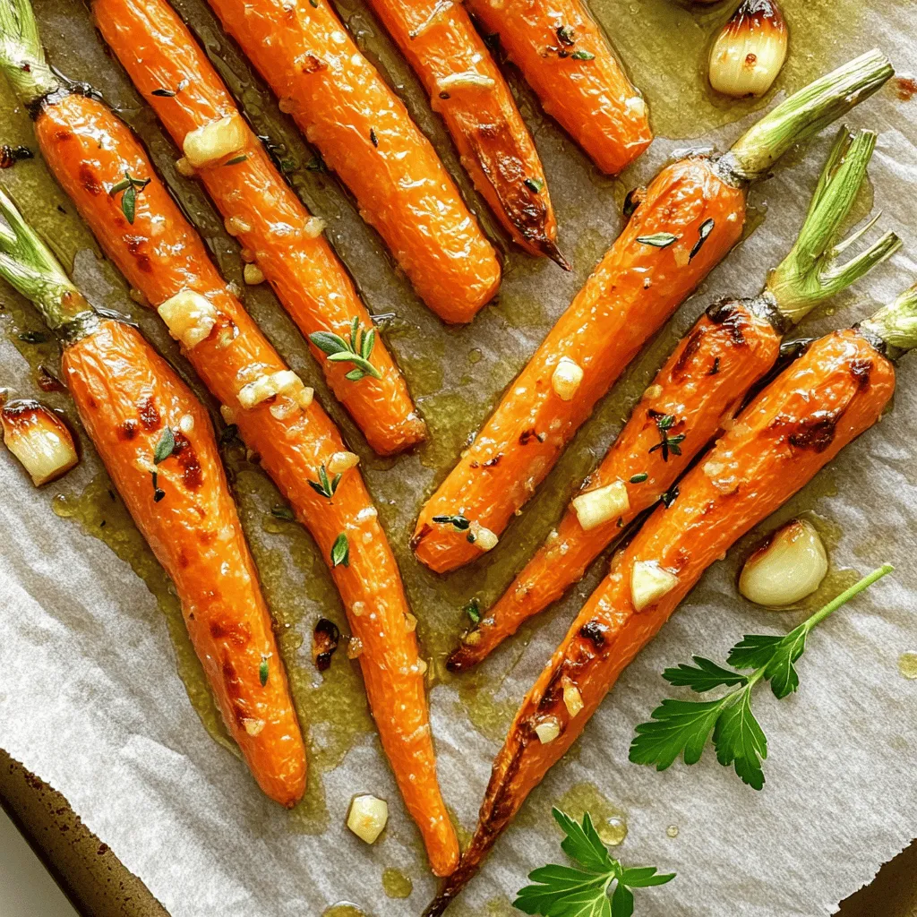 To make honey garlic butter roasted carrots, you need these simple items: - 1 pound baby carrots, washed and trimmed - 3 tablespoons unsalted butter, melted - 2 tablespoons honey - 4 cloves garlic, minced - 1 teaspoon fresh thyme leaves (or ½ teaspoon dried thyme) - Salt and pepper to taste - Optional: fresh parsley, chopped (for garnish) These ingredients work together to create a sweet and savory dish. The baby carrots give a nice crunch, while the honey adds sweetness. Garlic brings a warm flavor, and thyme adds a touch of freshness. Butter helps everything blend well, making each bite delicious. First, set your oven to 400°F (200°C). This heat helps cook the carrots just right. While the oven warms, take a baking sheet. Line it with parchment paper. This step makes cleaning easier later. In a mixing bowl, add these ingredients: - 3 tablespoons unsalted butter, melted - 2 tablespoons honey - 4 cloves garlic, minced - 1 teaspoon fresh thyme leaves (or ½ teaspoon dried thyme) Stir them together well. The mix should be smooth and fragrant. This blend gives the carrots a sweet and savory flavor. Now, grab your 1 pound of baby carrots, washed and trimmed. Add them to the bowl with your honey garlic butter. Toss the carrots gently. Ensure every carrot is coated with the tasty mix. This step is key for flavor. Spread the coated carrots on the lined baking sheet. Make sure they sit in a single layer. Then, sprinkle salt and pepper over them to taste. Place the sheet in the oven. Roast for 20-25 minutes. Stir the carrots halfway through for even cooking. They should be tender and slightly caramelized when done. Once cooked, take them out and let them cool a bit. If you like, add fresh chopped parsley on top before serving. When picking baby carrots, look for bright orange color. They should feel firm and crisp. Avoid any that are soft or have dark spots. Fresh carrots taste better and look more appealing. Buy organic if you can. They often have more flavor and fewer chemicals. To get that beautiful caramelization, spread the carrots in a single layer. This helps them cook evenly. Stir them halfway through roasting. This allows each side to brown nicely. The honey in the recipe adds a sweet touch and helps with caramelization. If you want even more color, roast them a bit longer, but watch closely. Feel free to tweak the recipe. If you want more sweetness, add more honey. For a stronger garlic flavor, use more minced garlic. You can also add a pinch of chili flakes for some heat. Taste the mixture before tossing the carrots in. Adjust the salt and pepper to your liking. Don't hesitate to get creative; cooking should be fun! {{image_2}} You can add more veggies to this dish. Try using parsnips, sweet potatoes, or bell peppers. Cut them into similar sizes as the carrots. This helps them cook evenly. Toss them in the honey garlic butter mix just like the carrots. You’ll get a colorful and tasty side dish. Mixing different veggies adds fun flavors and textures. Herbs can change the whole taste of your carrots. Instead of thyme, try rosemary or oregano. These herbs bring a new twist to the dish. You can also use fresh dill or basil for a fresh taste. Just chop them finely and mix them in with the garlic and honey. Each herb adds its own unique flavor. This way, you can create your perfect version of honey garlic carrots. If you love maple syrup, swap honey for maple syrup. It will give your carrots a rich, sweet taste. Use the same amount as the honey in the recipe. Maple syrup pairs well with garlic and butter too. This twist adds a new flavor layer. It’s a great option for those who want something different. You can also mix honey and maple for a blend of sweetness. Store your honey garlic butter roasted carrots in an airtight container. Let them cool first. Keep them in the fridge for up to 3 days. If you use leftovers, make sure they are fully cooled. This helps keep them fresh and tasty. To reheat, place the carrots in a pan over low heat. Add a bit of butter or oil if needed. Stir gently to warm them up. You can also reheat them in the microwave. Heat for 30 seconds, then check and stir. Repeat until they are warm. You can freeze these carrots if you want to save them. First, let them cool completely. Spread them out on a baking sheet in a single layer. Freeze for about 1 hour, then transfer them to a freezer bag. They can last for up to 3 months. When you're ready to eat, thaw them in the fridge overnight. Reheat as usual. Yes, you can use regular carrots. Just cut them into even pieces. Aim for 1 to 2 inches long. This helps them cook evenly. Baby carrots are sweet and tender, but regular ones work too. If you need a substitute for honey, try maple syrup or agave nectar. Both options add sweetness. You can also use brown sugar mixed with water. This can mimic the honey's texture and flavor. Check the carrots after 20 minutes. They should be tender and slightly caramelized. You can poke them with a fork to test. If they are soft and sweet, they are ready to eat! Yes, you can prepare the carrots ahead of time. Clean and cut them, then store them in the fridge. Mix the honey garlic butter and toss them just before roasting. This keeps the flavors fresh and bright. This recipe shows you how to make sweet and tasty roasted baby carrots. You learned about the key ingredients, like honey and butter, and how to mix them. I shared tips on picking the best carrots and roasting them just right. You can even try adding other veggies or herbs for fun. These carrots make a great side dish for any meal. Enjoy making this easy and delicious recipe!