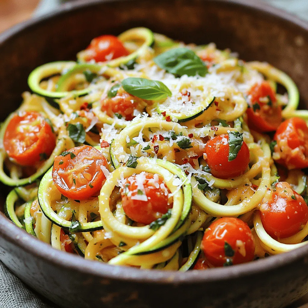 - 2 medium zucchinis - 2 cups cherry tomatoes - 3 cloves garlic - ¼ cup fresh basil - 2 tablespoons olive oil - Salt and pepper To whip up a delightful Tomato Zucchini Pasta, you'll need some fresh and simple ingredients. Zucchini adds a nice crunch and pairs well with sweet cherry tomatoes. Garlic brings a bold flavor that enhances the dish. Fresh basil offers a bright touch, while olive oil helps bring everything together. Don't forget the salt and pepper to season your meal perfectly. - ½ teaspoon red pepper flakes - ¼ cup grated Parmesan cheese If you like a bit of heat, add red pepper flakes. They give a nice kick to the dish. For those who enjoy cheesy flavors, sprinkle some grated Parmesan cheese on top. You can leave it out if you prefer a vegan meal. - Alternative for Zucchini: Try using yellow squash or carrots for a different twist. - Vegan cheese options: Use nutritional yeast or a dairy-free cheese to keep it vegan-friendly. Feel free to swap out zucchini with other veggies if you want to try something new. For a vegan version, there are great cheese alternatives that melt well. These substitutions allow you to customize the dish to your taste. First, take your zucchinis. You can spiralize them using a spiralizer or slice them into thin ribbons with a knife. This gives your dish a fun shape. Next, grab the cherry tomatoes and cut each one in half. This step helps them cook evenly and release their sweet juice. Now, let’s get cooking! Heat two tablespoons of olive oil in a large skillet over medium heat. Add three minced garlic cloves and sauté for about one minute. Be careful not to let the garlic burn; we want it fragrant and golden. Next, toss in the halved cherry tomatoes. Cook them for five to seven minutes. Stir occasionally until they soften and release their tasty juices. If you like a bit of heat, add half a teaspoon of red pepper flakes and sprinkle in some salt and pepper to taste. After the tomatoes have cooked down, it’s time for the zucchinis! Stir in the spiralized zucchinis and cook for another three to five minutes. You want them tender but still with a little crunch. Finally, remove the skillet from heat and mix in a quarter cup of fresh chopped basil. This adds a burst of freshness to your dish. To serve, use bowls for a pretty presentation. Top your pasta with grated Parmesan cheese for extra flavor. If you prefer a vegan version, simply skip the cheese. For a perfect pairing, enjoy a slice of warm, crusty bread on the side. This meal is not just easy; it’s also colorful and full of flavor! - How to avoid overcooking the zucchini: Cook the zucchini for just 3-5 minutes. You want it tender but still crisp. If you cook it too long, it turns mushy. Keep an eye on it as you stir. - Ensuring even tomato cooking: Cut the cherry tomatoes in half. This helps them cook faster and release their juices. Stir the tomatoes often while they cook. This keeps them from sticking and burning. - Using fresh versus dried herbs: Fresh basil adds bright flavor. You can chop it right before adding to your dish. Dried herbs can work too, but use less. About one teaspoon of dried herbs equals one tablespoon of fresh. - Adjusting spice levels with red pepper flakes: If you like heat, add red pepper flakes. Start with a little, then taste. You can always add more if you want it spicier. - Plating ideas for a beautiful presentation: Use shallow bowls to serve your pasta. This shows off the colors of the dish. Twirl the zucchini into a nest shape for a nice look. - Using garnishes to enhance visuals: A sprig of fresh basil on top adds color. A sprinkle of Parmesan cheese gives it a tasty finish. These small touches make your dish pop! {{image_2}} To make Tomato Zucchini Pasta even more fun, try adding other veggies. Bell peppers and spinach work great. They bring extra color and nutrients. You can also mix in some protein. Chicken or shrimp can turn this dish into a hearty meal. Just cook the protein first, then add it with the zucchini. If you need a gluten-free option, swap in some rice or quinoa pasta. These options keep the meal light and tasty. For vegan eaters, simply leave out the Parmesan cheese. You can use a vegan cheese or nutritional yeast instead. This keeps the flavors while staying plant-based. Want to change the flavor? Try adding different herbs like oregano or thyme. These herbs can give your dish a new twist. Another tip is to add lemon zest. The zest adds brightness and freshness. Just a little can make a big difference in taste. To keep your Tomato Zucchini Pasta fresh, store leftovers in the fridge. Use an airtight container to prevent moisture loss. A glass or plastic container with a tight lid works best. Make sure to let the pasta cool down before sealing it. This step helps keep the flavors intact. If you want to save your pasta for later, freezing is a great option. First, let the dish cool completely. Then, portion it into freezer-safe bags or containers. Try to remove as much air as possible to avoid freezer burn. When you're ready to eat, thaw overnight in the fridge. Reheat on the stove over low heat, adding a splash of water if it seems dry. In the fridge, your Tomato Zucchini Pasta stays good for about 3 to 5 days. Keep an eye on it! If you see any mold or an off smell, it's time to toss it. Make sure to check the texture as well; if it feels slimy, do not eat it. To make Tomato Zucchini Pasta vegan, simply skip the cheese. You can replace Parmesan with a vegan cheese. Nutritional yeast also works well. It adds a nice cheesy flavor. For protein, try chickpeas or tofu. Both options are tasty and filling. Yes, you can use regular pasta. Spaghetti or penne works great. Cook it according to the package instructions. Toss the cooked pasta with the tomato and zucchini mixture. This way, you still get all the delicious flavors. Tomato Zucchini Pasta lasts about three to four days in the fridge. Store it in an airtight container. To enjoy it later, just reheat in a skillet. Add a splash of olive oil to keep it moist. Always check for signs of spoilage before eating. This blog post covers how to make a delicious Tomato Zucchini Pasta. We explored main and optional ingredients, step-by-step cooking instructions, and helpful tips. You can swap ingredients for variety or adjust cooking methods for optimal flavor. Storing leftovers is easy, too. Enjoy creating this simple, healthy dish. The possibilities for customization and flavor are endless. Cooking can be fun and rewarding!