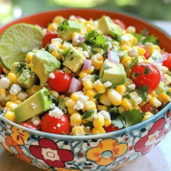 - 4 ears of fresh corn, husked - 1 red bell pepper, diced - 1 small red onion, finely chopped - 1 cup cherry tomatoes, halved - 1 avocado, diced - ¼ cup fresh cilantro, chopped - 3 tablespoons lime juice - 2 tablespoons olive oil - 1 teaspoon chili powder - Salt and pepper to taste Fresh corn is the star here. Choose ears that feel heavy and firm. The kernels should be plump and bright. This ingredient gives the salad its sweet and crisp bite. Next, we add vibrant vegetables. The red bell pepper adds crunch and color. The red onion gives a nice kick. Halved cherry tomatoes bring juiciness. Diced avocado adds creaminess, balancing the flavors. For herbs, we use fresh cilantro. It adds a burst of freshness. The lime juice and olive oil make a zesty dressing. The chili powder gives warmth without too much heat. Salt and pepper enhance all the flavors. - ½ cup feta cheese, crumbled (optional) Adding feta cheese can elevate the salad. Its salty flavor pairs well with the sweet corn. If you prefer a different cheese, try goat cheese or queso fresco. These options bring their unique tastes too. You can also add protein. Grilled chicken or shrimp makes it heartier. Black beans or chickpeas are great for a vegetarian twist. Each addition changes the salad while keeping it fresh. - Mixing bowls - Cutting board and knife You’ll need good tools for this salad. A mixing bowl helps combine all the fresh ingredients. A cutting board and sharp knife make prep easy. Chopping veggies becomes quick and safe. With these ingredients and tools, you’re ready to make a delicious Summer Street Corn Salad. Enjoy each step of the process! First, fill a large pot with water. Bring it to a boil. After boiling, add your husked corn. Let it cook for 5-7 minutes. The corn should be tender when done. Remove the corn from the pot. Let it cool for a moment. Once cool enough, cut the kernels off the cobs into a large bowl. You can grill the corn for a smoky flavor. Simply place the husked corn on a hot grill. Cook for about 10 minutes, turning often. You can also roast it in the oven. Wrap the corn in foil and bake at 400°F for 20 minutes. Next, prepare your veggies. Dice the red bell pepper and chop the red onion finely. Halve the cherry tomatoes. Cut the avocado into small cubes. Make sure to be careful with your knife. Place all chopped ingredients in the bowl with the corn. Gently mix the corn and veggies using a large spoon. Make sure everything blends well. You want the colors to shine and the flavors to start combining. In a small bowl, add lime juice, olive oil, chili powder, salt, and pepper. Use a whisk to mix everything together. You want a smooth dressing that blends the flavors. Pour the dressing over the salad mixture. Toss it gently to coat everything. Be careful not to mash the avocado. If using feta cheese, sprinkle it on top and give it a light stir. This will add a creamy touch to your salad. Selecting the Best Corn When picking corn, look for bright green husks. They should feel firm and tightly wrapped. The silk at the top should be brown and sticky, not dry. This means the corn is fresh. Fresh kernels should be plump and shiny. To test, press a kernel; it should pop easily. Ripeness of Other Vegetables For a colorful salad, choose ripe vegetables. Red bell peppers should be firm and shiny. Tomatoes should be slightly soft but not mushy. Avocados should yield to gentle pressure. If they are hard, let them sit until they ripen. Suggested Seasoning Adjustments To boost flavor, try adding more lime juice or chili powder. If you like heat, add diced jalapeños. You can also mix in a dash of cumin for a warm taste. Always taste your salad as you mix to find the right balance. Fresh Herb Use Fresh herbs can brighten your salad. Try using parsley or mint along with cilantro. Chop them finely to blend well. Herbs add depth and freshness that make your dish pop. Serving Bowl Ideas Serve your salad in a large, colorful bowl. A white bowl makes bright colors stand out. You can also use a wooden bowl for a rustic look. Make sure the bowl is large enough for tossing. Garnishing Techniques Garnish your salad with extra cilantro and lime wedges. Place them on top for color and flavor. You can also sprinkle extra feta cheese if desired. This makes the dish look beautiful and inviting. {{image_2}} Gluten-Free Alternatives This salad is naturally gluten-free. All the main ingredients are safe for gluten-free diets. Make sure you check any added dressings or toppings to ensure they are gluten-free, too. Vegan Options To make this salad vegan, simply omit the feta cheese. You can add more avocado or even use a vegan cheese substitute for extra creaminess. Spicy Additions If you like heat, add jalapeños or red pepper flakes. You can mix these in with the dressing for a spicy kick that balances well with the corn's sweetness. Sweet Corn Salad Twist For a sweet twist, add diced mango or pineapple. These fruits add a fresh, juicy flavor that pairs nicely with the corn. Substituting Ingredients Feel free to swap seasonal veggies in this salad. Zucchini or cucumbers work great in summer. They add crunch and freshness, making the dish even more colorful. Using Grilled Corn For a smoky flavor, try using grilled corn. Grill the corn on the cob first, then cut the kernels off. This adds a unique taste that elevates the salad. To keep this salad fresh, store it in an airtight container. This helps prevent wilting. Place it in the fridge right after serving. The expected shelf life is about three days. After that, the veggies may lose their crunch. Can you freeze corn salad? I don’t recommend it. Freezing changes the texture of fresh veggies. If you must, freeze only the corn. Thawing and reusing is easy. Just let the corn sit in the fridge overnight. Mix it back in with fresh veggies for the best taste. Preparing ahead of time saves you effort. Chop your veggies and store them separately. You can mix them the day you plan to serve. Use glass or BPA-free plastic containers for storage. These keep your salad fresh and safe. Yes, frozen corn works well here. It is quick and easy to use. Frozen corn is picked at peak ripeness. This means it often has great flavor. It is also convenient since you don’t have to cook or cut it. Just thaw it and add it to your salad. If you want to skip feta cheese, there are many options. You can use crumbled goat cheese for a tangy flavor. Cotija cheese is also a great choice and adds a nice texture. For a dairy-free option, try using avocado or a nut-based cheese. These options still give your salad a creamy touch. To add heat to your salad, you can use several methods. Adding diced jalapeños gives a nice kick. You can also sprinkle cayenne pepper into the dressing. Another option is to mix in hot sauce, adjusting to your taste. Don’t forget fresh chopped cilantro; it pairs well with heat. Your salad can sit out for about two hours. This time is safe for food. If it is hot outside, keep it out for no more than one hour. After that, store it in the fridge. This keeps it fresh and safe to eat later. In this blog post, we explored how to make a delicious Summer Street Corn Salad. We covered key ingredients like fresh corn and herbs, as well as optional add-ins such as cheese and proteins. I explained easy cooking methods and how to mix everything perfectly. Finally, I shared tips on selecting the best fresh ingredients and tasty variations. Remember, this salad is versatile and perfect for any occasion. Enjoy making it your own, and share it with friends and family!