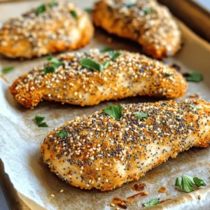 To make Everything Bagel Chicken Tenders, you need these main items: - 1 pound chicken tenders - 1 cup buttermilk - 1 cup all-purpose flour - 1/2 cup breadcrumbs - 1/4 cup sesame seeds - 1/4 cup poppy seeds - 2 tablespoons garlic powder - 2 tablespoons onion powder - 2 teaspoons dried dill - 2 teaspoons salt - 1 teaspoon black pepper - 1 teaspoon smoked paprika - Olive oil spray These ingredients bring rich taste and texture to the dish. The chicken tends to soak up the buttermilk well. This step makes the meat juicy and flavorful. The everything bagel mixture adds a crispy crust that is hard to resist. For more flavor, consider adding these optional items: - Fresh herbs like parsley or chives - Grated Parmesan cheese - A squeeze of lemon juice Fresh herbs can brighten the dish. Parmesan adds a savory kick. Lemon juice gives a nice zing to balance the richness. These sauces pair well with your chicken tenders: - Ranch dressing - Honey mustard - BBQ sauce - Spicy mayo Each sauce adds a unique twist. Ranch is creamy and cool, while honey mustard is sweet and tangy. BBQ sauce brings a smoky flavor, and spicy mayo adds heat. Choose your favorite or mix them up for fun! Start by marinating the chicken. Take a medium bowl and mix together the buttermilk, garlic powder, onion powder, salt, black pepper, and smoked paprika. This blend adds great flavor. Next, add the chicken tenders and coat them well. Make sure every piece is covered. Cover the bowl and place it in the fridge. Let it sit for at least 30 minutes. For more flavor, you can marinate for up to 2 hours. Now, it’s time to prepare the coating. In a large shallow dish, mix the flour, breadcrumbs, sesame seeds, poppy seeds, dried dill, and a pinch of salt. This mixture is key for that everything bagel taste. Stir well to combine all the ingredients. Make sure there are no clumps. Your coating should be ready to use when the chicken is marinated. Preheat your oven to 400°F (200°C). While it heats, line a baking sheet with parchment paper. Lightly spray the parchment with olive oil. This keeps the tenders from sticking. Remove each chicken tender from the buttermilk mixture. Let the excess buttermilk drip off. Dredge each tender in the everything bagel coating. Press lightly so it sticks well. Place the coated tenders onto the prepared baking sheet. Once done, lightly spray the tops of the tenders with olive oil. Bake in the preheated oven for 20 to 25 minutes. They should turn golden brown and reach an internal temperature of 165°F (75°C). Enjoy your crispy, flavorful chicken tenders! To get the best texture, marinate the chicken well. Use buttermilk to tenderize the meat. Let the chicken sit in the marinade for at least 30 minutes. If you have time, go for 2 hours. The longer it sits, the better the taste. When coating the chicken, press firmly to help the mixture stick. This makes the tenders crispy and full of flavor. You can make these tenders your own. Try adding more spices to the coating. Cumin or chili powder can add a nice kick. For a sweeter touch, mix in some brown sugar. Use different seeds too. Swap poppy seeds for flax seeds if you prefer. You can even add cheese for a richer taste. Parmesan or cheddar can work great. Get creative and find your favorite mix! Using the right tools can help. A shallow dish is perfect for the coating. A baking sheet lined with parchment paper ensures easy cleanup. An oven thermometer helps to check the heat. Lastly, a meat thermometer is key. It tells you when the chicken is safe to eat. Aim for an internal temperature of 165°F (75°C). Enjoy cooking with these handy tools! {{image_2}} You can change the flavor by swapping out the spices. Try using Italian seasoning for a new twist. Cajun seasoning adds heat and a kick. For a fresh taste, mix in lemon zest. You can also use a blend of your favorite herbs. Experimenting lets you find what you love best. You can fry these chicken tenders if you want a crispy outside. Heat oil in a pan to 350°F. Fry each tender for about 4-5 minutes on each side. You can also use an air fryer. Set it to 400°F and cook for 10-12 minutes. Both methods give you tasty options. You can make this dish fit your diet. For a dairy-free option, use almond milk instead of buttermilk. If you want to make it gluten-free, swap the flour with almond flour or a gluten-free blend. You can also use crushed cornflakes instead of breadcrumbs for crunch. These swaps keep the flavors while meeting your needs. To store leftover chicken tenders, first let them cool. Place them in an airtight container. This keeps them fresh. You can store them in the fridge for up to three days. Make sure they are not too warm before sealing. This helps prevent moisture buildup. To reheat your chicken tenders, preheat your oven to 350°F (175°C). Spread the tenders on a baking sheet. Heat them for about 10-15 minutes. This keeps them crispy. You can also use an air fryer for quick reheating. Set it to 350°F and cook for about 5-7 minutes. If you want to freeze the chicken tenders, wrap them tightly in plastic wrap first. Then place them in a freezer-safe bag. They can last for up to three months in the freezer. When you are ready to eat, remove them from the freezer. Thaw them in the fridge overnight. Once thawed, reheat as mentioned above. Enjoy your tasty tenders! Yes, you can use regular chicken breasts. Just cut them into strips. This way, they will cook evenly. Make sure to adjust the cooking time, as thicker pieces may take longer. If you don't have buttermilk, you can use milk mixed with vinegar or lemon juice. Just combine 1 cup of milk with 1 tablespoon of vinegar or lemon juice. Let it sit for about five minutes. This will create a nice sour cream-like texture. You can store the chicken tenders in the fridge for up to three days. Make sure to keep them in an airtight container. This keeps them fresh and tasty for later meals. Yes, you can make this recipe gluten-free. Use gluten-free flour and gluten-free breadcrumbs. These swaps will keep the dish delicious and safe for those who need to avoid gluten. These chicken tenders pair well with many sides. Some good options include: - Fresh salad - Roasted vegetables - Sweet potato fries - Coleslaw - Mashed potatoes These sides will balance the flavors and enhance your meal. Enjoy! You learned how to make tasty Everything Bagel Chicken Tenders, including marinating and coating. I shared tips for the best texture and flavor. You also explored variations and how to store leftovers. I hope you try these tips and make this dish your own. Simple cooking can lead to amazing meals. Enjoy your time in the kitchen, and happy cooking!