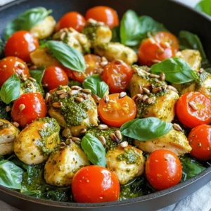 - 1 lb (450g) chicken breast, cut into bite-sized pieces - 2 cups fresh basil leaves - ½ cup roasted sunflower seeds - ½ cup grated Parmesan cheese - 1 teaspoon red pepper flakes - ¼ cup extra virgin olive oil - 2 cloves garlic, minced - Juice of 1 lemon - Salt and pepper to taste The main ingredients in this dish are simple yet full of flavor. The chicken breast provides a great source of protein. Fresh basil leaves add a sweet and aromatic touch. Roasted sunflower seeds give a nice crunch and nutty taste, making them perfect for pesto. If you want to add more flavor, you can include Parmesan cheese. It adds creaminess and a savory kick. For those who like some heat, red pepper flakes can spice things up. You will also need olive oil, garlic, lemon juice, salt, and pepper. Olive oil helps in cooking the chicken. Garlic brings depth to the pesto, and lemon juice adds brightness. Salt and pepper are essential for flavoring the dish perfectly. When you gather these ingredients, you will set yourself up for a tasty meal. First, gather your ingredients for the pesto. You will need fresh basil leaves, roasted sunflower seeds, minced garlic, and olive oil. - In a food processor, combine: - 2 cups fresh basil leaves - ½ cup roasted sunflower seeds - 2 cloves minced garlic - ¼ cup extra virgin olive oil - Juice of 1 lemon - Salt and pepper to taste Blend these ingredients until they form a smooth paste. Taste it and adjust the seasoning if needed. You want the flavors to pop! Next, heat a drizzle of olive oil in a large skillet over medium heat. - Add your chicken breast pieces, cut into bite-sized chunks: - 1 lb (450g) chicken breast Season the chicken with salt, pepper, and optional red pepper flakes for a little heat. Cook the chicken for about 5 to 7 minutes. Stir it often until it turns golden brown and is fully cooked. Once the chicken is done, it’s time to add some color and nutrition. - Toss in: - 2 cups halved cherry tomatoes - 1 cup fresh spinach Cook everything together for about 3 to 4 minutes. You want the cherry tomatoes to soften and the spinach to wilt nicely. Now, remove the skillet from the heat and mix in your sunflower pesto. Stir until all the chicken and veggies are coated in that vibrant, green goodness. If the pesto feels thick, add a splash of water to loosen it up. This dish is now ready to serve and enjoy! - Selecting the best basil: Choose fresh, vibrant basil leaves. Look for bright green color and no dark spots. Sweet basil works great for a rich taste. You can even mix in some other herbs like parsley for a twist. - Balancing flavors with lemon and salt: The lemon juice adds a bright kick to your pesto. Start with half a lemon and taste it. If it needs more zing, add a bit more. Salt enhances all the flavors, so sprinkle a little in, taste, and adjust. - Tips for accurate cooking time: Cooking the chicken for 5-7 minutes should get it just right. Cut the chicken into small, even pieces to ensure uniform cooking. Always check that it’s no longer pink inside. - Preventing dryness: Use medium heat to avoid overcooking. If you notice the chicken sticking to the pan, that’s a sign it might be getting dry. Stir often and remove it from heat as soon as it’s cooked. - Garnishing ideas: For a lovely touch, sprinkle extra sunflower seeds on top. Fresh basil leaves also make a nice garnish. A drizzle of olive oil can add shine and flavor. - Pairing with sides: This dish pairs well with a side of crusty bread or a light salad. You could also serve it over whole grain pasta or quinoa for a hearty meal. This adds texture and makes it filling. {{image_2}} You can change the nuts or seeds in the pesto. For instance, try using walnuts or pumpkin seeds. Each nut gives a unique taste. You can also switch the fresh basil for other herbs like cilantro or parsley. This keeps the dish fresh and fun. When it comes to veggies, you have options too. Zucchini, bell peppers, or even asparagus can work. They add color and nutrition. Just chop them into bite-sized pieces to mix well. If you prefer baking, that works too! Preheat your oven to 400°F (200°C). Spread the chicken and veggies on a baking sheet. Drizzle with olive oil and season. Bake for about 20-25 minutes. This method lets the chicken cook evenly and stay juicy. Grilling chicken is another tasty choice. Marinate the chicken in the sunflower pesto for added flavor. Grill over medium heat for about 6-8 minutes per side. This gives you a smoky taste that pairs well with the pesto. For a vegan or vegetarian meal, replace the chicken with chickpeas or tofu. They soak up the sunflower pesto nicely. You can also skip the Parmesan cheese or use a plant-based version. If you need a gluten-free dish, ensure all your ingredients are certified gluten-free. Use gluten-free pasta as a base if you want a heartier meal. This way, everyone can enjoy this delicious dish! To keep your sunflower pesto chicken fresh, store it in the fridge. Use an airtight container to prevent air from spoiling the food. Make sure to cool the dish to room temperature before sealing. This helps keep it tasty for a longer time. If you want to save leftovers for later, freezing is a great option. Portion the chicken skillet into smaller, airtight containers. This makes it easy to thaw just what you need. When you are ready to eat, take it out of the freezer. Let it thaw in the fridge overnight. To reheat, warm it in a skillet over low heat until hot. You can also use the microwave, but stir it well for even heating. The sunflower pesto chicken stays fresh in the fridge for about three days. If frozen, it can last for up to three months. Always check for signs of spoilage. If it smells off or looks strange, it's best to toss it. Safe storage ensures you enjoy this dish at its best flavor. Cooking the chicken takes about 5 to 7 minutes. Heat olive oil in the skillet over medium heat. Add the chicken pieces and season them with salt and pepper. Stir the chicken often. You want it to be browned and fully cooked. Check the chicken's color; it should be white and not pink inside. Yes, you can make the pesto a day or two in advance. Store it in an airtight container in the fridge. To keep it fresh, add a thin layer of olive oil on top. This helps prevent browning. When you're ready to use it, just stir it well. This recipe is great for meal prep! You can cook a big batch and store it. Divide the chicken skillet into portions. Use airtight containers to keep it fresh in the fridge. Simply reheat it when you're ready to eat. It tastes just as good the next day! This blog post guides you in making Sunflower Pesto Chicken Skillet, packed with flavor and nutrients. We discussed key ingredients, from chicken breast to basil and sunflower seeds. I shared step-by-step instructions for making pesto and cooking chicken perfectly. You learned tips for variations, storage, and meal prep. Incorporating these ideas can elevate your cooking. Experiment with flavor swaps and cooking methods to make this dish your own. Enjoy your time in the kitchen, and let your creativity shine!
