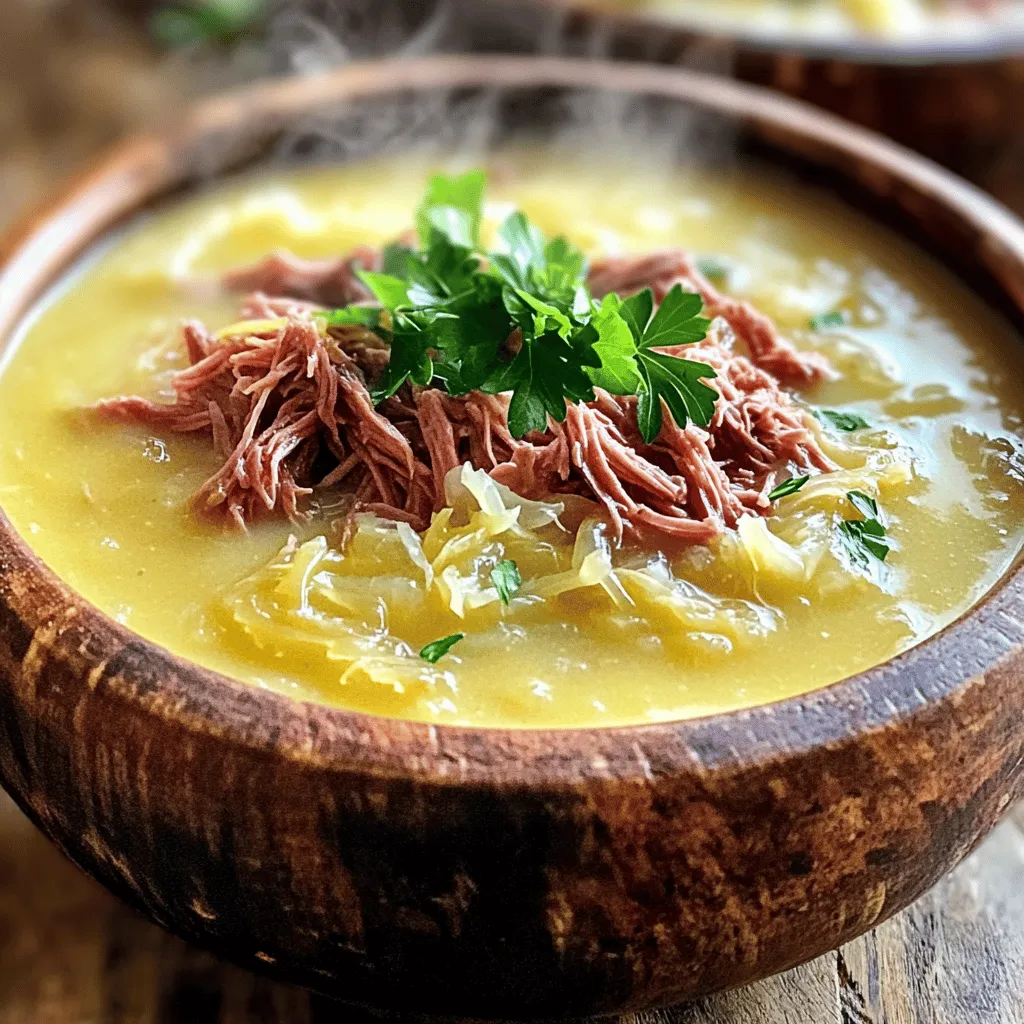 To make a warm bowl of Creamy Reuben Soup, gather these simple ingredients: - 1 tablespoon olive oil - 1 medium onion, finely chopped - 2 cloves garlic, minced - 1 large carrot, diced - 3 cups vegetable broth - 2 cups sauerkraut, drained and rinsed - 1 cup cooked corned beef, shredded - 1 teaspoon dried thyme - 1 teaspoon smoked paprika - 1 cup heavy cream - 1 cup shredded Swiss cheese - Salt and pepper to taste - Fresh parsley, chopped for garnish Each ingredient adds its own flavor. The olive oil starts the cooking, while the onion and garlic give a nice base. The carrot adds a touch of sweetness. Sauerkraut brings tanginess, and corned beef gives heartiness. The spices, heavy cream, and Swiss cheese create a creamy and rich soup. Don't forget to add salt and pepper to enhance the taste! Finally, fresh parsley adds a pop of color and freshness. Preparing these ingredients takes just a few minutes. You can chop, rinse, and measure everything ahead of time. This not only speeds up the cooking but also makes the process enjoyable. Now you’re ready to create a delightful soup that warms the soul. - Sautéing the onion and garlic Start by heating one tablespoon of olive oil in a large pot over medium heat. Add the finely chopped onion. Sauté it for about five minutes, or until it turns translucent. Then, stir in two minced garlic cloves. Cook them together for one more minute. This step builds a tasty base for your soup. - Cooking the carrot Next, add one large diced carrot to the pot. Cook it for three to four minutes. This adds sweetness and texture to the soup. Make sure to stir often so it doesn’t stick. - Bringing the broth to a boil Pour in three cups of vegetable broth. Raise the heat and bring the mixture to a boil. This step is key to melding the flavors together. Keep an eye on it as it heats up. - Adding sauerkraut and corned beef Once boiling, stir in two cups of drained and rinsed sauerkraut and one cup of cooked, shredded corned beef. Add one teaspoon of dried thyme and one teaspoon of smoked paprika for extra flavor. Lower the heat to simmer and let it cook for about fifteen minutes. - Incorporating cream and cheese After fifteen minutes, stir in one cup of heavy cream and one cup of shredded Swiss cheese. Mix until the cheese melts and the soup becomes creamy. This is where the magic happens! - Final seasoning and serving Taste your soup and season it with salt and pepper as needed. This final step allows you to adjust the flavors. When ready, serve it hot. Garnish with chopped fresh parsley for color and a fresh touch. Enjoy each spoonful of your creamy Reuben soup! - How to achieve the perfect creaminess To get a rich, creamy texture, add the heavy cream slowly. Stir well as you pour. This helps blend it smoothly into the soup. You want to let it simmer gently after adding the cream. This allows the flavors to meld without boiling. - Best practices for seasoning Start with a pinch of salt and pepper. Taste as you go. The sauerkraut adds saltiness, so be careful not to over-season. Dried thyme and smoked paprika bring depth to the soup. Adjust these spices to your liking for the best taste. - Preventing curdling of the cream To stop the cream from curdling, avoid boiling the soup after adding it. Keep the heat low. If you're worried, you can temper the cream first. Mix a bit of hot soup with the cream before adding it back into the pot. - Ideal sides to pair with Reuben soup Crusty bread or rye bread makes a great side. A light salad can balance the richness of the soup. Try pairing it with potato chips for a fun crunch. - Garnishing tips for presentation Fresh parsley adds a nice color contrast. Chop it finely and sprinkle it on top right before serving. You can also add a swirl of cream for a fancy touch. A few slices of rye bread on the side can make the plate look inviting. {{image_2}} - Alternative meats for corned beef: If you want to skip corned beef, use turkey or chicken. Smoked meats add a nice flavor. You can also try plant-based meats for a vegetarian twist. - Dairy-free options for cream and cheese: For a dairy-free version, use coconut cream or cashew cream. Vegan cheese can replace Swiss cheese. These swaps keep the creamy texture without dairy. - Adding vegetables for extra nutrition: You can add more veggies like spinach, bell peppers, or mushrooms. They boost nutrition and add unique flavors. Just chop them small so they cook well in the soup. - Spices to elevate the soup's taste: To give your soup a kick, try adding a bit of cayenne pepper or black pepper. A dash of Worcestershire sauce can also deepen the flavor profile. - Using different cheese varieties: While Swiss cheese is classic, you can mix in cheddar for a sharper taste. Gouda or Gruyère can add a nice twist, too. They melt well and blend into the creamy texture. To keep your creamy Reuben soup fresh, follow these steps: - Let the soup cool to room temperature. - Transfer it into an airtight container. - Store in the fridge for up to 3 days. For long-term storage: - Freeze the soup in a freezer-safe container. - Leave space at the top for expansion. - It can last up to 3 months in the freezer. When you’re ready to enjoy your leftovers, reheating is key: - Use a saucepan for stovetop reheating. - Heat on medium, stirring gently until hot. - Alternatively, use a microwave-safe bowl. - Heat in 30-second intervals, stirring in between. This way, you keep the soup creamy and delicious! To make Creamy Reuben Soup vegetarian, skip the corned beef. Instead, use extra vegetables like mushrooms or tempeh for texture. You can also add more sauerkraut for flavor. Yes, you can make this soup in a slow cooker. Just sauté the onion and garlic first. Then put all the other ingredients in the slow cooker. Cook on low for 4 to 6 hours. If you need a substitute for Swiss cheese, try Gruyère or mozzarella. Both will melt well and add a nice flavor. You can also use vegan cheese for a dairy-free option. Creamy Reuben Soup lasts about 3 to 4 days in the fridge. Store it in an airtight container. Just reheat it on the stove when you want to enjoy it again. You can make this soup ahead of time. It tastes even better the next day! Just cool it down and store it in the fridge. Reheat gently before serving. This blog post covered how to make a delicious Creamy Reuben Soup. We discussed the key ingredients, preparation steps, and helpful tips. You learned about variations and how to store leftovers safely. You can create this warm meal easily. With creative twists, you can enjoy new flavors while keeping it simple. Try it out and make it your own. You’ll impress friends and family with your cooking skills and a tasty dish.