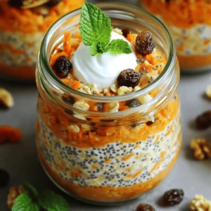 To make carrot cake overnight oats, you will need: - 1 cup rolled oats - 1 ½ cups almond milk (or any milk of choice) - 1 medium carrot, grated - 1 tablespoon chia seeds - 1 tablespoon maple syrup (or honey) - 1 teaspoon vanilla extract - ½ teaspoon ground cinnamon - ¼ teaspoon ground nutmeg - ¼ cup raisins - ¼ cup chopped walnuts (optional) - A pinch of salt - Greek yogurt or coconut yogurt for topping (optional) - Fresh mint leaves for garnish (optional) You can swap almond milk for any milk you like. Soy milk, oat milk, or cow's milk work well. For sweeteners, try honey, agave syrup, or stevia. Each option gives a unique taste. Choose what fits your diet best. Toppings can make your oats special. Greek yogurt adds creaminess and protein. Coconut yogurt is a great dairy-free choice. Fresh mint leaves add color and a fresh taste. You can also add more nuts, seeds, or fresh fruit. Try sliced bananas or berries for a fun twist! To start, grab a large bowl. Add 1 cup of rolled oats. Pour in 1 ½ cups of almond milk. You can use any milk you like. Next, grate 1 medium carrot and add it to the bowl. Then, include 1 tablespoon of chia seeds. For a touch of sweetness, mix in 1 tablespoon of maple syrup or honey. Add 1 teaspoon of vanilla extract for flavor. Sprinkle in ½ teaspoon of ground cinnamon and ¼ teaspoon of ground nutmeg. Don’t forget a pinch of salt to enhance taste. Now, it’s time to mix. Stir the ingredients together until they blend well. You want the oats to soak up the milk. Make sure the grated carrot is evenly spread throughout. Next, fold in ¼ cup of raisins and ¼ cup of chopped walnuts, if you choose to use them. Mix gently to avoid breaking the oats. This helps keep a nice texture. Once mixed, divide the oats into two jars or containers. Seal them tightly with lids. Place the jars in the fridge. Let them chill overnight, or for at least 4 hours. This allows the oats to soak up all the delicious flavors. When you’re ready to eat, stir the oats well. If they seem too thick, add a splash more almond milk. Enjoy your creamy, tasty Carrot Cake Overnight Oats! To get the best texture in your carrot cake overnight oats, use rolled oats. Rolled oats soak up the liquid well. This makes them soft but not mushy. If you want them creamier, add more almond milk. Letting the oats sit overnight helps them absorb all the flavors. Stir after refrigerating to check the thickness. If it’s too thick, just add a splash of milk. You can change the flavor of your oats easily. Try adding different spices like ginger or allspice for a warm kick. Swap walnuts for pecans or almonds for a new taste. If you love coconut, add shredded coconut to enhance the flavor. You can also use different sweeteners like agave or brown sugar. This gives you lots of options to make it your own. For a beautiful presentation, layer the oats in clear jars. This shows off the colorful layers. Top with Greek yogurt or coconut yogurt for creaminess. Fresh mint leaves add a nice pop of green. You can also sprinkle a few extra raisins or nuts on top for crunch. Serve these oats cold for a refreshing breakfast or snack. {{image_2}} You can change the nuts and seeds in your oats. Instead of walnuts, try pecans or almonds. They add a nice crunch. For seeds, you can use sunflower or pumpkin seeds. They offer great flavor and extra nutrition. Just remember to chop larger nuts to avoid big bites. Spices can make a big difference in your oats. If you want more flavor, add more cinnamon or a dash of ginger. You can also try nutmeg or cardamom. For a sweet touch, use coconut extract. Each spice changes the taste, so experiment to find your favorite. You can easily adapt this recipe to fit your diet. For a vegan option, just use maple syrup instead of honey. Use almond milk or any plant milk to keep it dairy-free. If you need gluten-free oats, make sure to buy certified gluten-free rolled oats. This way, everyone can enjoy the dish! To store your Carrot Cake Overnight Oats, use airtight containers. Glass jars work best. Make sure the lids seal tightly. This keeps the oats fresh and prevents odors. Place the jars in the fridge. They can stay there for a few days. Carrot Cake Overnight Oats last about 3 to 5 days in the fridge. Check for signs of spoilage before eating. If the oats smell sour or have a strange color, toss them. If you see mold, don’t eat them. Always trust your senses! Meal prepping makes mornings easier. Make a double batch of oats. Store them in separate jars for quick access. You can mix in different toppings each day. This adds variety and keeps breakfast interesting. Enjoy your tasty and easy morning treat! Yes, you can make these oats ahead of time. In fact, they taste better after sitting. You can prepare them the night before or even a few days in advance. Just store them in the fridge. The oats will soak up the milk and flavors, making a delicious treat. If you don’t have rolled oats, you can use quick oats. They work well, too. Steel-cut oats are not a good choice. They need more time to soak and won't soften enough overnight. If you want gluten-free oats, choose certified gluten-free rolled oats. To keep your oats from being too watery, use less liquid. Start with a 1:1 ratio of oats to milk. If you like them thicker, you can add less milk. Chia seeds will also help absorb moisture. They expand and thicken the mix as they sit. Yes, adding protein powder is a great idea! You can mix in one scoop when combining the oats and milk. This will boost the protein and make your breakfast more filling. Choose a flavor that matches your taste. Vanilla or unflavored powders work best. You’ve learned about making delicious Carrot Cake Overnight Oats. We covered the key ingredients and their alternatives. You now know the best mixing techniques and storage tips. I shared ways to customize flavors and presented variations for different diets. Remember, meal prep helps save time and keep oats fresh. Enjoy making this tasty breakfast that fits your needs and tastes. With these instructions, I trust you will create oats that everyone loves. Happy cooking!