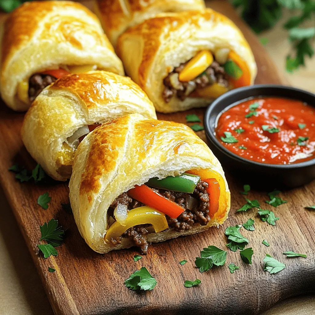 - 1 lb ground beef - 1 cup bell peppers, thinly sliced (mixed colors for presentation) - 1 cup onion, thinly sliced - 1 tablespoon garlic, minced - 1 tablespoon olive oil - 1 teaspoon Italian seasoning - Salt and pepper to taste - 4 oz cream cheese, softened - 1 cup shredded provolone cheese - 1 cup almond flour - 2 large eggs - 1 teaspoon baking powder Ground Beef: This is the heart of the dish. I prefer lean ground beef to keep it healthy. It adds protein and flavor to the rolls. Bell Peppers: They add color and crunch. I like to mix red, green, and yellow for a vibrant look. They also bring natural sweetness to the dish. Onion: Onions give a rich taste when cooked. They caramelize and add depth to the beef mixture. Cream Cheese: This makes the filling creamy and smooth. It helps bind the other ingredients together. Provolone Cheese: This cheese melts well and adds a rich, savory flavor. I use it to enhance the cheesiness of the rolls. Almond Flour: This is a low-carb flour alternative. It creates a nice dough texture while keeping the rolls keto-friendly. Eggs: They help hold the dough together. Eggs also add moisture and richness to the rolls. Baking Powder: This makes the dough rise slightly. It helps the rolls become fluffy and light. Each roll has about: - Calories: 400 - Protein: 25g - Fat: 30g - Carbohydrates: 6g - Fiber: 3g - Net Carbs: 3g Enjoy every bite of these tasty Keto Philly Cheesesteak Rolls! They are a great meal option that is both easy to prepare and delicious to eat. First, heat a skillet over medium heat. Pour in one tablespoon of olive oil. When the oil is hot, add one cup of thinly sliced onions and one cup of bell peppers. Cook them for about 5-7 minutes. Stir often until they are soft and fragrant. Next, add one pound of ground beef to the skillet. Cook it until browned. Break it apart with a spatula as it cooks. Season with one teaspoon of Italian seasoning, and add salt and pepper to taste. Once the beef is cooked, remove the skillet from heat. Stir in four ounces of softened cream cheese and half a cup of shredded provolone cheese. Mix well and set aside to cool. In a separate bowl, combine one cup of almond flour and one teaspoon of baking powder. Add the remaining half cup of provolone cheese and mix thoroughly. Then crack in two large eggs. Stir the mixture until a dough forms. It should be soft and easy to handle. If it feels too sticky, add a little more almond flour. Now, divide the dough into four equal parts. Shape each piece into a rectangle on a baking sheet lined with parchment paper. Make sure to leave enough space between the rolls. Spoon the beef filling onto the center of each rectangle. Next, carefully fold the edges of the dough over the filling. Pinch the edges to seal them tightly. This ensures the filling won’t spill out while baking. Preheat your oven to 350°F (175°C) while you prepare the rolls. Once the rolls are shaped, bake them in the oven for 25-30 minutes. Check for a golden brown color on the tops. This indicates they are done. Let the rolls cool for a few minutes before serving. This helps prevent burns and allows the flavors to settle. Serve them with sugar-free marinara sauce for a tasty dip. When picking beef, look for ground beef with 80% lean meat. This mix gives good flavor and keeps it juicy. You can also try sirloin or ribeye for richer taste. Always check for bright red color and fresh smell. If you can, buy grass-fed beef for better quality. It has more nutrients and tastes great in your rolls. One common mistake is overcooking the beef. Cook it just until brown. This keeps it tender. Another mistake is not seasoning enough. Don’t forget to add salt and pepper to the beef mix. Lastly, make sure the dough is not too dry. If it is, your rolls may fall apart. Always mix well to get the right texture. For a tasty twist, serve the rolls with sugar-free marinara sauce. This adds a nice dip for your rolls. You can also sprinkle fresh parsley on top for color. Try adding some pickled jalapeños for a spicy kick! A side salad with a light vinaigrette pairs well, too. Enjoy your meal with a fresh drink like iced tea or sparkling water. {{image_2}} You can easily make a vegetarian version of these rolls. Swap the ground beef for a mix of mushrooms and zucchini. Dice the mushrooms and zucchini small. Sauté them with olive oil, garlic, and Italian seasoning. This keeps the savory taste without meat. You still get a hearty filling that works well in the rolls. If you like heat, add jalapeños to the filling. Slice them thin and mix them in with the beef or veggie filling. You can also sprinkle red pepper flakes for more spice. This gives your rolls a nice kick without changing the base recipe. Cheese is key to making these rolls tasty. You can try different cheeses like cheddar, pepper jack, or gouda. Each cheese adds a unique flavor. Mix two types of cheese for extra creaminess. Think about using mozzarella for a stretchy and gooey texture. The right cheese can make your rolls even better! You can keep leftover Keto Philly Cheesesteak Rolls in the fridge. Place them in an airtight container. They will stay fresh for about 3 to 4 days. If you want to keep them longer, consider freezing. For the best taste, reheat your rolls in the oven. Set your oven to 350°F (175°C). Place the rolls on a baking sheet. Heat for about 10-15 minutes. This will crisp the outside and warm the inside. You can also use a microwave, but they may get soggy. To freeze the rolls, let them cool completely. Wrap each roll tightly in plastic wrap. Then, place them in a freezer-safe bag. They can last for up to 3 months. When ready to eat, thaw them in the fridge overnight. Then, reheat as mentioned above. Enjoy your tasty rolls anytime! You can prepare the filling and dough in advance. Cook the beef and veggies. Mix in the cream cheese and provolone. Store that in the fridge. Make the dough and keep it in the fridge, too. When you are ready, assemble and bake the rolls. This saves time on busy days. Yes, you can use other meats. Ground turkey or chicken work well, too. For a twist, try shredded beef. Just ensure the meat is cooked and seasoned. Each meat gives a unique flavor to your rolls. If you need a substitute for almond flour, use coconut flour. You will need less coconut flour, about a third of the amount. Also, you can try sunflower seed flour. It has a similar texture. Yes, these rolls are gluten-free. Almond flour and the other ingredients do not contain gluten. This makes them safe for those with gluten sensitivities. Enjoy these rolls without worry! Keto Philly Cheesesteak Rolls are a tasty, low-carb treat. We covered ingredients, from almond flour to cream cheese, and shared nutritional info. I also shared the step-by-step guide for making the filling and dough, plus tips for baking. You'll find ways to enhance flavor and avoid mistakes. In summary, these rolls are simple to make and offer great taste. Enjoy experimenting with variations and tips to suit your style. Happy cooking!