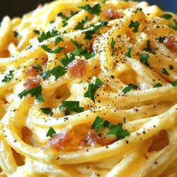To make a great carbonara, you need some key ingredients. Here’s what you will need: - 300g spaghetti - 150g pancetta, diced (or substitute with turkey bacon) - 2 large eggs - 100g Parmesan cheese, grated - 50g Pecorino cheese, grated - 2 cloves garlic, minced - Freshly cracked black pepper to taste - Salt for pasta water - Fresh parsley, chopped for garnish These ingredients create a rich, creamy dish without using heavy cream. The combination of cheeses adds depth and flavor. You need a few tools to make this recipe easy. Gather these items: - Large pot for boiling pasta - Skillet for cooking pancetta - Mixing bowl for the sauce - Whisk for mixing eggs and cheese - Tongs or pasta fork for tossing These tools help you cook the pasta perfectly and mix the sauce smoothly. You can make some swaps if you want. Here are a few ideas: - Use turkey bacon instead of pancetta for a lighter option. - If you cannot find Pecorino, use more Parmesan. - For a vegetarian version, try using mushrooms instead of pancetta. These changes can help suit your taste or dietary needs. Enjoy experimenting! Start with a large pot of water. Make sure to add a good amount of salt. Bring the water to a boil. Once boiling, add 300g of spaghetti. Cook the spaghetti until it is al dente, which takes about 8-10 minutes. This means it should be firm yet cooked through. When the pasta is ready, save about 1 cup of the water. Then, drain the spaghetti in a colander. This step is key because the starchy water will help make your sauce creamy later. While your pasta cooks, grab a large skillet. Heat it on medium heat. Add 150g of diced pancetta or turkey bacon. Cook it for about 5-7 minutes until it turns crispy. This adds a nice flavor to your dish. Now, add 2 minced cloves of garlic to the skillet. Cook for another minute. You want the garlic to smell great but not burn. In a separate bowl, whisk together 2 large eggs, 100g of grated Parmesan cheese, and 50g of grated Pecorino cheese. Add a good amount of freshly cracked black pepper. Mix it all until it’s smooth and creamy. Once the spaghetti is cooked and drained, add it directly to the skillet with the pancetta and garlic. Toss everything together. Make sure the pasta is well coated with the fat from the pancetta. Now, remove the skillet from the heat. Quickly pour the egg and cheese mixture over the hot pasta. Toss it all together for about 1-2 minutes. The heat from the pasta will cook the eggs gently, creating a creamy sauce. If the sauce looks too thick, add a little reserved pasta water. This will help you reach your desired consistency. Taste your dish and adjust with more salt or pepper if needed. Serve it hot with chopped parsley on top and a sprinkle of extra cheese. Enjoy! To get that rich, creamy sauce, timing is key. First, cook your pasta until it is al dente. This means it should be firm but not hard. Reserve some pasta water before you drain it. This water is starchy and helps make the sauce silky. When you mix the egg and cheese, do not let it sit too long. Add it to the hot pasta right away. The heat from the pasta will gently cook the eggs. Toss quickly to coat everything. If the sauce seems thick, add a splash of your reserved pasta water. This will loosen it up and keep it creamy. One common mistake is letting the eggs cook too much. If you leave the skillet on heat, the eggs will scramble, ruining that creamy texture. Always take the skillet off the heat before adding the egg mixture. Another mistake is not using enough cheese. Parmesan and Pecorino give Carbonara its flavor. Don’t skimp on these ingredients. Also, remember to taste your dish before serving. Adjust salt and pepper to your liking. Serve your Carbonara right away. This dish tastes best fresh. Top it with extra cheese and freshly cracked black pepper. A sprinkle of chopped parsley adds a nice color and freshness. If you want to make it special, pair it with a light salad or garlic bread. These sides balance the richness of the pasta. Enjoy your meal hot, and savor each creamy bite! {{image_2}} Classic carbonara uses simple ingredients. You need spaghetti, pancetta, eggs, and cheese. Modern carbonara may add cream for extra richness. Some recipes even use vegetables. While classic carbonara stays true to tradition, modern takes bring new flavors. Each version has its charm, but I love the classic for its pure taste. You can easily adjust carbonara for dietary needs. If you avoid pork, turkey bacon works well. For a vegetarian option, try sautéed mushrooms or zucchini. You can also use gluten-free pasta to make it suitable for gluten-free diets. With these swaps, you keep the dish tasty and satisfying. When serving carbonara, I suggest a simple side salad. A fresh green salad with lemon dressing balances the rich pasta. You might also pair it with garlic bread for an extra treat. For drinks, a light white wine complements the flavors nicely. Enjoying carbonara with friends makes it even better! To keep your leftover carbonara fresh, let it cool first. Once it's cool, transfer it into an airtight container. Make sure to seal it tightly to prevent air from getting in. Store the container in the fridge. Leftover carbonara will stay good for about 2 to 3 days. When you are ready to enjoy your leftover carbonara, reheating it properly is key. Start by placing the carbonara in a pan over low heat. Add a splash of water or some olive oil to help revive the sauce. Stir frequently until it warms up. This helps keep the pasta creamy and flavorful. You can freeze carbonara, but there are a few things to keep in mind. First, the creamy sauce may change texture when thawed. To freeze, place the carbonara in a freezer-safe container. Leave some room for expansion. It will last up to 1 month in the freezer. When you’re ready to eat it, thaw it overnight in the fridge before reheating. Authentic Carbonara comes from Rome. It uses few ingredients: spaghetti, eggs, cheese, and guanciale. Guanciale is pork cheek, but pancetta is a good substitute. The sauce uses egg yolks. This creates a creamy texture without cream. The cheese adds flavor and richness. Black pepper gives a nice kick. No, true Carbonara does not use cream. The creaminess comes from eggs and cheese. Adding cream changes the dish. It makes it heavy and alters the flavor. Stick to eggs for the best result. This keeps your dish light and flavorful. Pasta is al dente when it is firm but cooked. To check, taste a small piece. It should have a slight bite to it. You can also look at the color. It should be a light golden hue. Follow the cooking time on the box for the best results. We covered how to make classic Carbonara, focusing on ingredients, cooking steps, and tips. You learned about traditional ingredients, equipment needs, and substitutes. I shared how to cook the pasta and prepare a creamy sauce. We discussed common mistakes and serving tips too. Remember, you can make Carbonara your own with variations and swaps. Store and reheat it well for the best taste. Making Carbonara can be simple and fun. Enjoy your cooking journey!